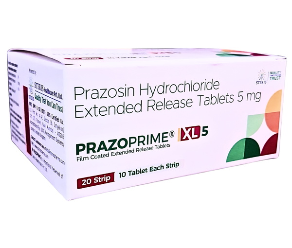 PRAZOPRIME XL 5  prazosin SR 5.0Prazoprime XL 5 contains prazosin SR 5.0, a medication used to treat high blood pressure (hypertension) and symptoms of benign prostatic hyperplasia (BPH). Here are key points about Prazoprime XL 5:Medication Class: Prazoprime XL 5 belongs to the class of alpha-adrenergic blockers.Uses: It is primarily prescribed to lower blood pressure by relaxing blood vessels, making it easier for the heart to pump blood. It also helps relieve urinary symptoms associated with BPH by relaxing muscles in the bladder and prostate.Dosage: The usual recommended dose is one tablet daily, preferably at bedtime, or as directed by a healthcare professional. It is important to take it consistently to achieve optimal results.Administration: Swallow the tablet whole with a glass of water. Do not crush, chew, or break the tablet before swallowing.Side Effects: Common side effects may include dizziness, lightheadedness, headache, drowsiness, or nasal congestion. These usually improve as your body adjusts to the medication.Precautions: Inform your doctor about any allergies, medical conditions, or medications you are taking, especially other blood pressure medications or drugs for erectile dysfunction. Avoid alcohol and limit activities requiring mental alertness until you know how this medication affects you.Monitoring: Regular blood pressure checks and monitoring for symptoms like dizziness when standing up are important while taking Prazoprime XL 5.Storage: Store at room temperature away from moisture and heat. Keep it out of reach of children.Always follow your doctor's instructions and do not change the dosage or stop taking Prazoprime XL 5 without consulting your healthcare provider.For further information:Email: info@sterispharma.com / contact@sterispharma.comCall/WhatsApp: 7877551268, 7849827488ORDER Now: https://www.sterisonline.com/product/prazoprime-xl-5-133357