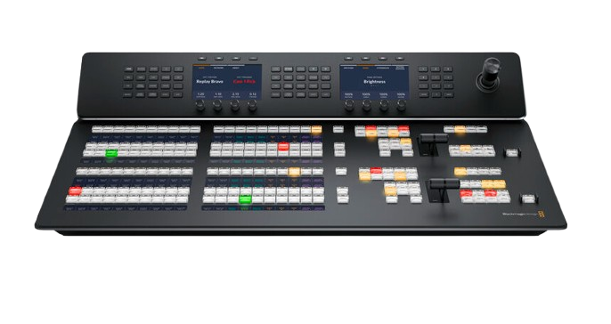 The 2 M/E model features 2 M/E rows with 20 input buttons and 2 independent system control LCDs for each row. Plus each row can control up to 4 M/Es in larger switchers. Both rows and all input buttons include LCDs for custom labeling. Each row also includes an independent select bus!