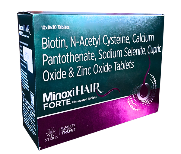 IntroductionHair fall, thinning, and weak hair have become common concerns due to stress, pollution, poor nutrition, and lifestyle changes. MINOXIHAIR FORTE Tablets are specially formulated to support hair growth, strength, and scalp health from within.This advanced formulation combines essential nutrients like Biotin, N-Acetyl Cysteine, Calcium Pantothenate, Sodium Selenite, Cupric Oxide, and Zinc Oxide, which work together to nourish hair follicles and improve overall hair quality.MINOXIHAIR FORTE is widely recommended as a nutritional supplement for hair care, helping both men and women achieve stronger, healthier, and shinier hair.How MINOXIHAIR FORTE WorksMINOXIHAIR FORTE works by addressing the root causes of hair problems—nutritional deficiencies and oxidative stress.Biotin (Vitamin B7): Supports keratin production, essential for strong hair strandsN-Acetyl Cysteine (NAC): Acts as an antioxidant and helps improve scalp healthCalcium Pantothenate (Vitamin B5): Promotes hair growth and reduces hair thinningSodium Selenite: Protects hair follicles from oxidative damageCupric Oxide: Helps in melanin production, which supports natural hair colorZinc Oxide: Strengthens hair follicles and controls hair fallTogether, these ingredients provide deep nourishment, improve hair texture, and promote healthy hair growth cycles.Key Uses of MINOXIHAIR FORTE1. Hair Fall ControlHelps reduce excessive hair loss caused by nutritional deficiencies, stress, or hormonal imbalance.2. Hair Growth SupportPromotes the growth of new, stronger, and thicker hair.3. Weak and Brittle HairImproves hair strength, making it less prone to breakage.4. Nutritional DeficiencyReplenishes essential vitamins and minerals required for healthy hair and scalp.5. Premature GreyingSupports natural hair pigmentation and may help delay early greying.6. Post-Illness Hair LossUseful for recovery from hair loss after illness, surgery, or stress.Key Benefits of MINOXIHAIR FORTE✔️ Strengthens Hair from RootsProvides essential nutrients that improve follicle strength and reduce hair fall.✔️ Boosts Hair GrowthEncourages the growth of thicker and healthier hair strands.✔️ Improves Hair TextureEnhances shine, smoothness, and overall hair quality.✔️ Reduces Hair BreakageMakes hair more resilient and less prone to damage.✔️ Antioxidant ProtectionProtects hair follicles from environmental and oxidative stress.✔️ Supports Scalp HealthMaintains a healthy scalp environment for optimal hair growth.Dosage and AdministrationMINOXIHAIR FORTE should be taken as advised by a healthcare professional.Usually, one tablet daily after meals is recommended.Swallow the tablet with water; do not crush or chew unless instructed.Consistent use is important for visible results.Possible Side EffectsMINOXIHAIR FORTE is generally well-tolerated when taken in recommended doses. However, some individuals may experience mild side effects.Common Side EffectsNauseaMild stomach discomfortHeadacheRare Side EffectsAllergic reactions (rash, itching)Metallic taste (due to zinc)⚠️ If any unusual symptoms persist, consult your doctor immediately.Precautions and WarningsBefore taking MINOXIHAIR FORTE, consider the following precautions:Inform your doctor if you are pregnant or breastfeedingAvoid exceeding the recommended dosageInform about any ongoing medications or supplementsKeep a gap between this supplement and other medications if advisedNot intended as a replacement for a balanced dietStorage InstructionsStore in a cool and dry placeProtect from direct sunlight and moistureKeep out of reach of childrenWhy Choose MINOXIHAIR FORTE?MINOXIHAIR FORTE stands out as a complete hair care supplement due to its scientifically balanced formulation:Combines multiple essential nutrients in one tabletTargets both hair fall and hair growthSuitable for men and womenSupports long-term hair healthTrusted formulation for daily useTips for Better ResultsFor best results, combine MINOXIHAIR FORTE with:A balanced diet rich in proteins and vitaminsProper hydrationStress management techniquesGentle hair care routineConclusionMINOXIHAIR FORTE Tablets offer a powerful and effective solution for individuals struggling with hair fall, weak hair, and poor hair growth. With a blend of essential vitamins, minerals, and antioxidants, it works from within to restore hair strength, improve texture, and promote healthy hair growth.