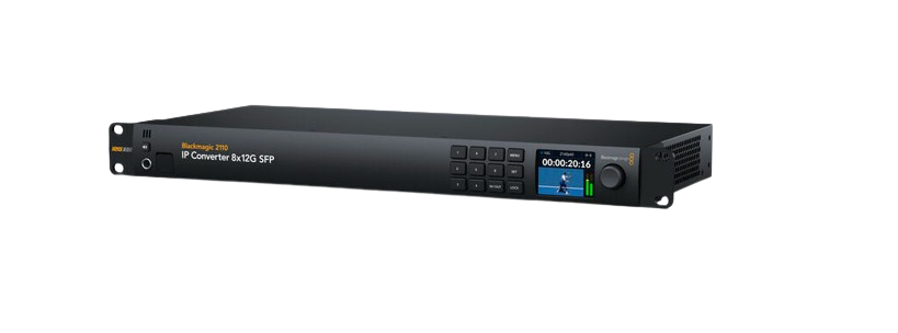 Convert 8 x 12G-SDI Devices to SFP Fiber
8 x SMPTE-2110 IP SFP Fiber Ports
UHD 4K Resolution Support
Redundant Power
1 RU Rackmount Design


Bring your 12G-SDI broadcast gear up to SMPTE-2110 compliance with this 2110 IP Converter 8x12G SFP from Blackmagic Design. The converter provides eight bidirectional 12G-SDI video conversion connections, and it features eight SMPTE-2110 SFP IP fiber ports to extend connectivity over long distances. Its 1 RU design fits in a standard studio rack, as well as a 12G-SDI return input.