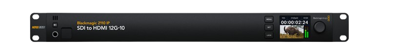 Blackmagic 2110 IP SDI to HDMI 12G-10 converts 12G‑SDI or SMPTE-2110 video to HDMI in a rack mount design. You get the highest quality conversion between all SD, HD and Ultra HD video standards with 3D LUTs for accurate calibration of HDMI displays. Blackmagic 2110 IP SDI to HDMI 12G-10 has 10 independent XLR audio outputs with remote level control and customizable delay for sync with TVs and projectors. Includes front panel LCD with video, meters and menus, speaker and headphone connector.