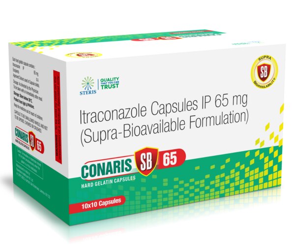 CONARIS SB 65 is a powerful antifungal medication specifically formulated to treat a variety of fungal infections. With its active ingredient, Itraconazole (65 mg), this medication is effective against both superficial and systemic fungal infections, providing comprehensive relief for individuals suffering from these conditions. Whether you're dealing with skin infections, nail infections, or more severe systemic issues, CONARIS SB 65 is designed to help restore your health and well-being. Key Benefits: Broad-Spectrum Antifungal Activity: CONARIS SB 65 effectively targets various fungi, including those responsible for conditions like athlete's foot, ringworm, and nail fungus.Fast-Acting Formula: The formulation is designed to provide rapid relief from symptoms, helping to alleviate itching, redness, and discomfort associated with fungal infections.Systemic Treatment: In addition to treating superficial infections, Itraconazole can penetrate deep tissues, making CONARIS SB 65 suitable for systemic fungal infections.Well-Tolerated: Many patients tolerate CONARIS SB 65 well, with a low incidence of side effects, allowing for effective treatment without significant discomfort.Convenient Dosage Form: The formulation is easy to take, making it suitable for patients of all ages who require antifungal treatment. How Does It Work? Itraconazole works by inhibiting an enzyme called lanosterol 14-alpha demethylase, which is crucial for the conversion of lanosterol to ergosterol in fungal cell membranes. Ergosterol is essential for maintaining the integrity and fluidity of fungal cell membranes. By disrupting ergosterol synthesis, Itraconazole compromises the fungal cell membrane, leading to cell death and effectively clearing the infection. This mechanism makes CONARIS SB 65 an effective choice for treating both superficial and systemic fungal infections. Directions for Use: Dosage: The recommended dosage of CONARIS SB 65 is one capsule (65 mg of Itraconazole) taken orally, once a day, or as directed by a healthcare professional.Administration: It is advisable to take the capsule with a full glass of water, preferably after a meal to enhance absorption.Duration of Treatment: Treatment duration may vary depending on the type and severity of the infection. It is essential to complete the full course as prescribed, even if symptoms improve, to prevent recurrence.Consult Your Doctor: Always consult a healthcare professional for personalized dosing instructions based on your medical history and specific condition. Side Effects: While CONARIS SB 65 is generally well-tolerated, some individuals may experience side effects. Common side effects include:Nausea: Mild stomach upset or nausea may occur, particularly when the medication is taken on an empty stomach.Headache: Some users may report mild headaches during treatment.Dizziness: Occasionally, patients may experience dizziness or lightheadedness.Liver Function: In rare cases, Itraconazole may affect liver function. Regular monitoring through blood tests may be necessary, especially in patients with pre-existing liver conditions.