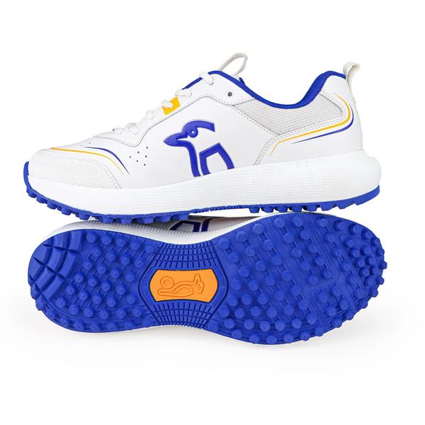 he Kookaburra Pro 3.2 BLU/WHT Rubber Cricket Shoe blends advanced technology with all-day comfort, offering a design tailored for cricketers who prioritize flexibility, support, and performance on synthetic and indoor surfaces. Its lightweight, low-profile design makes it perfect for both intense training sessions and matches.Lightweight Low-Profile Design: Streamlined for agility, constructed with a standard last fitting that minimizes weight without sacrificing performance.Reinforced Toe Box & Forefoot: Reinforcements improve durability and provide protection in high-impact areas.Shock-Absorbing 3D Molded EVA Midsole: Adds cushioning and shock absorptionQ-LOCK Technology: Secures the foot for added support and reduces the risk of slippage during lateral movements.Molded Insole: Lightweight and breathable for added comfort throughout intense playPremium Rubber Outsole: Durable and grippy, delivering excellent traction on synthetic and indoor surfaces.