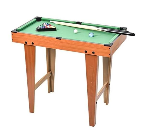 Strong Wooden Table with Legs Durable wooden construction with stable legs provides strong support and comfortable playing height for children.Real Pool Table Experience for Kids Mini billiards table designed with realistic green felt surface and proper pockets for an authentic pool game experience.Complete Game Set Included Comes with cue sticks, billiard balls, triangle rack, and chalk so kids can start playing immediately.Perfect Indoor Game for Kids Great entertainment for kids and family game time. Helps improve hand-eye coordination and concentration.Ideal Gift for Children Perfect gift for birthdays, holidays, and special occasions for boys and girls.