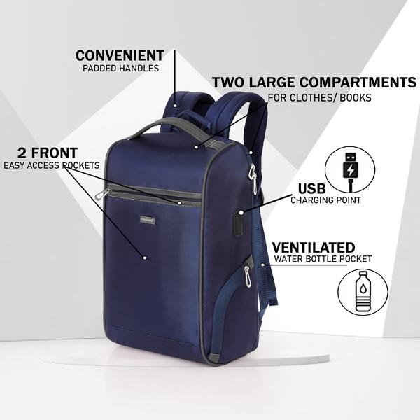 Finishing Premium Laptop Backpack, designed for modern professionals, students, and travelers. Crafted with a sleek, minimalist look and high-quality materials, this backpack combines style with functionality.Key Features:✔ Spacious & Organized DesignMultiple compartments to keep your essentials neatly arranged, including a dedicated laptop sleeve for secure storage.✔ Premium Durable MaterialMade with high-quality, water-resistant fabric that protects your belongings from dust and light rain.✔ Ergonomic ComfortSoft padded shoulder straps and breathable back panel ensure all-day comfort, even during long commutes.✔ Smart Utility PocketConvenient front and side pockets for quick access to essentials like phone, charger, keys, or wallet.✔ Modern Sleek LookElegant navy blue finish with subtle detailing—perfect for office, college, or travel use.✔ USB Charging Port (If Applicable)Stay connected on the go with a built-in charging port (power bank not included