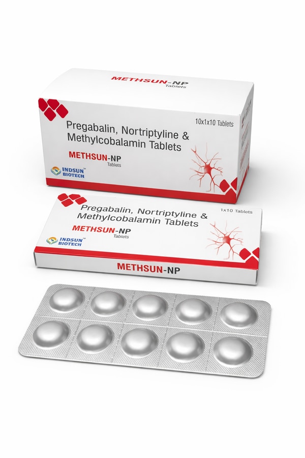 METHSUN-NP Tablets is a scientifically developed combination of Pregabalin, Nortriptyline, and Methylcobalamin, specially formulated for the effective management of neuropathic pain and nerve-related disorders. This powerful triple-action therapy works synergistically to relieve pain, restore nerve function, and improve the overall quality of life in patients suffering from chronic nerve conditions.Neuropathic pain arises due to damage or dysfunction of the nervous system and is often characterized by symptoms such as burning sensation, tingling, numbness, and shooting pain. METHSUN-NP Tablets target the root cause of such conditions by combining the proven efficacy of its active ingredients. Pregabalin helps in reducing abnormal electrical activity in the brain and calms overactive nerves, thereby providing significant pain relief. Nortriptyline enhances the levels of certain neurotransmitters in the brain, helping to modulate pain signals and improve mood, which is often affected in chronic pain conditions. Methylcobalamin, an active form of Vitamin B12, plays a crucial role in nerve regeneration, repair, and maintenance of healthy nerve cells.This combination is widely recommended for conditions such as diabetic neuropathy, peripheral neuropathy, post-herpetic neuralgia, and other nerve-related disorders. Regular use under medical supervision not only helps in controlling pain but also supports long-term nerve health and prevents further nerve damage.METHSUN-NP Tablets are manufactured with high-quality standards, ensuring safety, efficacy, and consistent therapeutic outcomes. The convenient tablet form allows for easy administration and better patient compliance, making it an ideal choice for long-term treatment plans.