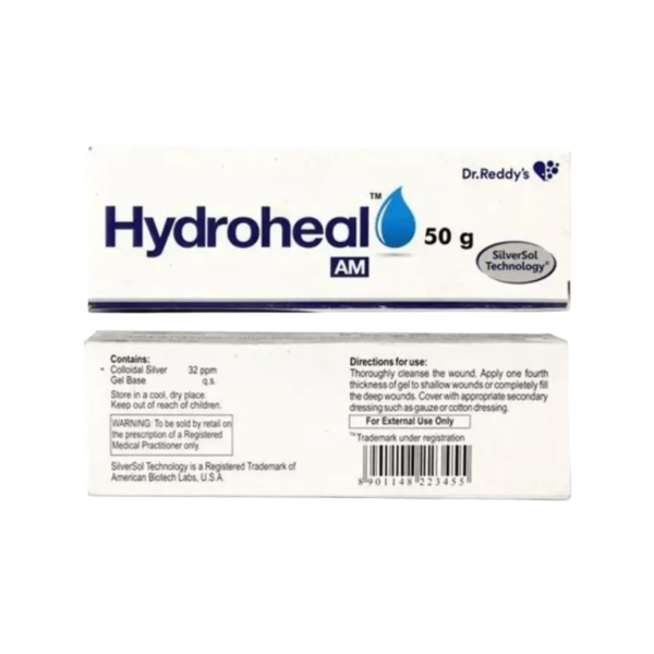 1. *Product name*: Hydroheal AM (50 g).2. *Manufacturer*: Dr. Reddy’s.3. *Technology used*: SilverSol Technology (a trademark of American Biotech Labs, U.S.A.).4. *Active ingredient*: Colloidal Silver Gel Base 32 ppm.5. *Usage instructions*: Thoroughly cleanse the wound. Apply one-fourth thickness of gel to shallow wounds or fill deep wounds completely. Cover with a secondary dressing (gauze or cotton).6. *Usage note*: For External Use Only.7. *Storage*: Store in a cool, dry place. Keep out of reach of children.8. *Warning*: To be sold only on prescription of a Registered Medical Practitioner.Need any specific details about its application or precautions?