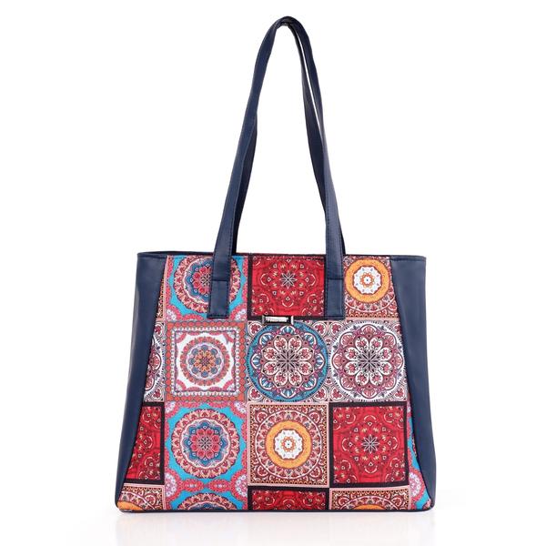 Upgrade your everyday style with this elegant and functional women’s tote handbag, designed for modern lifestyles. Crafted with premium vegan leather and beautifully handcrafted fabric, this bag blends durability with eye-catching aesthetics. The vibrant patterned exterior paired with a sleek solid top adds a sophisticated yet trendy touch—perfect for work, shopping, or casual outings.Designed with practicality in mind, this handbag features a spacious main compartment that comfortably fits your daily essentials like notebooks, tablet, wallet, and more. Inside, you’ll find a secure internal zipper pocket to keep valuables safe and organized. The back zip pocket allows quick access to frequently used items like your phone or keys, while the additional external zipper pockets enhance storage convenience.The sturdy zipper closure ensures everything stays secure, while the water-resistant inner lining protects your belongings from accidental spills. With strong dual shoulder straps, this bag offers comfortable carrying throughout the day without compromising on style.Lightweight yet durable, this tote is ideal for women who need a reliable everyday bag with a fashionable edge. Whether you're heading to the office, college, or a casual day out, this handbag delivers the perfect balance of utility and elegance.