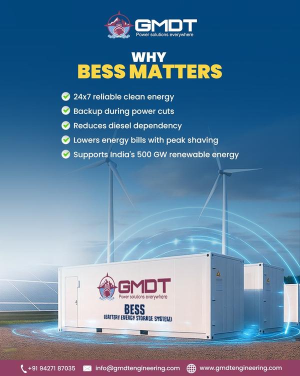 🔋 Battery Energy Storage System (BESS) in Tanzania | Smart & Reliable Energy Solutions by GMDT EngineeringIn Tanzania, where power availability can fluctuate and energy costs are rising, businesses are increasingly looking for smarter ways to manage electricity. That’s where Battery Energy Storage Systems (BESS) from GMDT Engineering come in — helping you store energy, reduce costs, and ensure uninterrupted power ⚡🌍Whether integrated with solar, grid, or diesel generators, our BESS solutions are designed to deliver efficient, reliable, and future-ready energy management.🔹 Why Choose BESS from GMDT Engineering? ⚡Built to match real energy challenges on the ground:🔋 Reliable Backup Power – Instant power during outages⚡ Energy Cost Optimization – Store energy and use during peak hours🌞 Seamless Solar Integration – Maximize use of renewable energy🔄 Uninterrupted Power Supply – Smooth transition between sources📊 Smart Energy Management – Monitor usage, savings & performance🛡️ Advanced Safety Systems – Battery protection & long lifecycle🌡️ Tropicalized Design – Performs well in heat & humidity🔹 Technical Overview ⚙️Flexible systems tailored to your project:⚡ Capacity Range: kWh to multi-MWh solutions🔋 Battery Type: Lithium-ion (LFP preferred)🔄 Application: On-grid / Off-grid / Hybrid📊 EMS: Intelligent Energy Management System🔌 Integration: Solar / DG / Grid compatible🛡️ Protection: Overcharge, deep discharge & thermal protection🔹 Applications Across Tanzania 🌍Ideal for sectors where reliable power is critical:🏭 Industrial & manufacturing plants📡 Telecom towers & remote sites🏥 Hospitals & healthcare facilities🏨 Hotels & resorts🏢 Commercial buildings & offices🌾 Agriculture & rural electrification⚡ Solar hybrid & microgrid projects🔹 Why Tanzania Clients Trust GMDT Engineering 🤝We deliver practical, future-ready solutions:🌍 Experience across Africa & global energy markets🔧 Customized BESS systems based on load requirements🧪 Fully tested solutions with technical support🚛 Export-ready supply with reliable logistics🤝 Trusted by EPC contractors & energy developers🔹 Our Services 🔧Complete support from design to commissioning:🛠️ Energy study & load analysis📐 System design & sizing📄 Documentation & approval support🚀 Fast dispatch & coordination🔧 Installation & commissioning assistance📞 Contact GMDT Engineering – BESS Supplier in Tanzania📧 Email: svs@gmdtengineering.com📱 Mobile: +91-9909939829