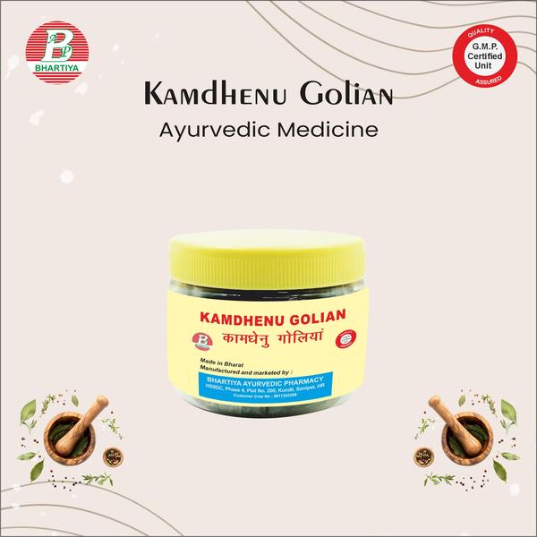                                           KAMDHENU GOLIAN Product Identification•	Generic Name: Kamdhenu Golian•	Type: Ayurvedic Patent Medicine•	Primary Indication Area: Night Fall (Swapnadosh), General Weakness & Vitality SupportTherapeutic Indications: The management of Swapnadosh (Night Fall) and to support physical strength, stamina, and overall vitality. Key benefits include:•	Night Fall Management (Swapnadosh): Helps reduce the frequency of involuntary seminal discharge and supports reproductive system balance.•	Stamina & Strength Support: Helps improve physical endurance, energy levels, and resistance to fatigue.•	Nervine Tonic Action: Supports nervous system strength, helping reduce stress, anxiety, and weakness associated with night fall.•	General Weakness: Helps combat debility, lethargy, and loss of strength due to excessive exertion or stress.•	Vitality & Rejuvenation: Supports overall vitality, confidence, and healthy body function as per Ayurvedic principles.Ingredients:TALMAKHANA (Talmakhana / Kokilaksha) Botanical Name: Hygrophila spinosa (Syn. Asteracantha longifolia)Ayurvedic Name: Talmakhana / KokilakshaPrimary Use: Stamina, Vitality & Night Fall (Swapnadosh) SupportKey Phytoconstituents•	Steroidal saponins (major active constituents)•	Alkaloids•	Flavonoids•	Triterpenoids•	Phenolic compounds•	Mucilage & polysaccharidesMechanism of Action(Biochemistry / Pharmacological Basis for Stamina, Vitality & Night Fall)1. Aphrodisiac & Vitality-Enhancing Action•	Steroidal saponins support endogenous androgenic activity and help improve reproductive tissue nourishment.•	Enhances Dhatu poshana, particularly Shukra Dhatu, improving vitality and physical strength.•	Supports improved energy metabolism and endurance.2. Night Fall (Swapnadosh) Management•	Acts as a nervine tonic, helping stabilize over-excited nerve impulses linked with involuntary discharge.•	Helps regulate neuro-hormonal balance, reducing frequency of night fall episodes.•	Calms Vata imbalance, which is a primary Ayurvedic cause of Swapnadosh.3. Adaptogenic & Anti-Stress Effect•	Flavonoids and phenolic compounds reduce oxidative stress and cortisol-induced fatigue.•	Improves stress tolerance, mental calmness, and sleep quality—important factors in night fall control.4. General Stamina & Strength Support•	Improves muscle tone and recovery by enhancing protein utilization.•	Supports sustained physical performance and reduces weakness caused by fatigue or stress.•	Helps restore strength during convalescence or chronic debility.5. Antioxidant & Tissue-Protective Action•	Neutralizes free radicals, protecting reproductive and nervous tissues from oxidative damage.•	Supports long-term vitality and cellular health. AMLA (Amalaki) Botanical Name: Emblica officinalisAyurvedic Name: AmalakiPrimary Use: Stamina, Vitality & Night Fall (Swapnadosh) SupportKey Phytoconstituents•	Ascorbic acid (Natural Vitamin C)•	Tannins (Emblicanin A & B)•	Flavonoids•	Polyphenols•	Gallic acid & Ellagic acid•	Minerals & amino acidsMechanism of Action(Biochemistry / Pharmacological Basis for Stamina, Vitality & Night Fall)1. Rasayana & Vitality-Enhancing Action•	Rich antioxidant compounds support Dhatu poshana, especially Shukra and Ojas, improving vitality and overall strength.•	Enhances cellular energy metabolism and helps reduce physical weakness.2. Night Fall (Swapnadosh) Management•	Acts as a cooling and stabilizing agent, helping control excessive nervous excitation linked to night fall.•	Supports neuro-hormonal balance, reducing stress-related involuntary discharge.•	Pacifies Pitta and Vata, which are commonly involved in Swapnadosh.3. Adaptogenic & Anti-Stress Effect•	Polyphenols and flavonoids reduce oxidative stress and help regulate cortisol levels.•	Improves mental calmness, sleep quality, and stress tolerance—important for night fall control.4. General Stamina & Strength Support•	Improves nutrient absorption and tissue nourishment, helping combat fatigue and debility.•	Supports sustained physical endurance and faster recovery from weakness.5. Antioxidant & Tissue-Protective Action•	Neutralizes free radicals, protecting reproductive, nervous, and muscular tissues from oxidative damage.•	Supports long-term vitality, immunity, and cellular health. GILOY(Guduchi) Botanical Name: Tinospora cordifoliaAyurvedic Name: GuduchiPrimary Use: Stamina, Vitality & Night Fall (Swapnadosh) SupportKey Phytoconstituents•	Diterpenoid lactones (Tinosporine, Tinosporide)•	Alkaloids (Magnoflorine, Berberine)•	Glycosides•	Flavonoids•	Phenolic compounds•	PolysaccharidesMechanism of Action(Biochemistry / Pharmacological Basis for Stamina, Vitality & Night Fall)1. Rasayana & Vitality-Enhancing Action•	Acts as a Rasayana, supporting Dhatu poshana and enhancing overall strength and endurance.•	Improves metabolic efficiency and helps combat physical weakness.2. Night Fall (Swapnadosh) Management•	Helps stabilize neuro-endocrine functions, reducing stress-induced involuntary discharge.•	Pacifies Pitta and Vata, which are commonly associated with night fall in Ayurveda.3. Adaptogenic & Anti-Stress Effect•	Alkaloids and flavonoids reduce oxidative stress and regulate stress hormones.•	Enhances mental calmness and improves sleep quality, supporting night fall control.4. Immunomodulatory & Strength Support•	Polysaccharides enhance immune response, aiding recovery from fatigue and chronic debility.•	Supports sustained physical stamina and resistance to exhaustion.5. Antioxidant & Tissue-Protective Action•	Protects nervous and reproductive tissues from oxidative damage.•	Supports long-term vitality, resilience, and cellular health. KAUNCH BEEJ (Kapikacchu) Botanical Name: Mucuna pruriensAyurvedic Name: Kaunch BeejPrimary Use: Stamina, Vitality & Strength SupportKey Phytoconstituents•	L-DOPA (Levodopa) – precursor of dopamine, supports neuro-endocrine function•	Alkaloids – enhance nervous system activity and hormonal balance•	Flavonoids – antioxidant and anti-stress support•	Tannins & Saponins – tissue toning and adaptogenic effects•	Proteins & Amino acids – muscle building and endurance supportMechanism of Action(Stamina & Vitality – Pharmacological Perspective)•	Neuro-endocrine activation: L-DOPA and alkaloids improve dopamine levels, enhancing hormonal balance, motivation, and energy.•	Vitality & strength enhancement: Supports Shukra Dhatu nourishment, overall tissue strength, stamina, and physical endurance.•	Adaptogenic effect: Helps the body cope with stress and fatigue, improving mental and physical resilience.•	Muscle tone & recovery: Amino acids and proteins aid muscle strength, endurance, and faster recovery from weakness.•	Antioxidant protection: Flavonoids and tannins neutralize free radicals, protecting nervous and reproductive tissues for long-term vitality. MULETHI (Licorice) Botanical Name: Glycyrrhiza glabraAyurvedic Name: Mulethi / YashtimadhuPrimary Use: Stamina, Vitality & General Well-Being SupportKey Phytoconstituents•	Glycyrrhizin – main active saponin•	Flavonoids – liquiritin, isoliquiritin•	Triterpenoids – glabridin, glycyrrhetinic acid•	Polysaccharides – mucilage content•	Phenolic compoundsMechanism of Action(Stamina, Vitality & Adaptogenic Support – Biochemical/Pharmacological Perspective)•	Energy & Vitality Support: Glycyrrhizin and flavonoids enhance energy metabolism and tissue nourishment, supporting physical strength and endurance.•	Adaptogenic & Anti-Stress: Helps regulate cortisol levels and supports the nervous system, reducing fatigue and stress-related weakness.•	Respiratory & Digestive Support: Mucilage and saponins soothe mucosal tissues, improving nutrient absorption and overall stamina.•	Antioxidant & Tissue Protection: Flavonoids and phenolic compounds protect cells from oxidative damage, supporting long-term vitality and resilience.•	Rejuvenating Action: Acts as a Rasayana, promoting overall health, vitality, and Ojas (vital energy) balance.ASHWAGANDHABotanical Name: Withania somniferaAyurvedic Name: Ashwagandha / Indian GinsengPrimary Use: Stamina, Vitality & Stress Adaptation SupportKey Phytoconstituents•	Withanolides – steroidal lactones (main active constituents)•	Alkaloids – withanine, somniferine•	Saponins – support tissue nourishment and immunity•	Flavonoids & Phenolic compounds – antioxidant and adaptogenic effects•	Iron, amino acids, and other minerals – support energy metabolismMechanism of Action(Stamina, Vitality & Adaptogenic Support – Biochemical/Pharmacological Perspective)•	Adaptogenic & Anti-Stress: Withanolides and flavonoids modulate cortisol and stress hormones, reducing fatigue and mental exhaustion.•	Vitality & Strength Enhancement: Supports Shukra and Ojas Dhatu, enhancing stamina, physical endurance, and overall strength.•	Nervine Tonic & Rejuvenating Action: Improves nervous system function, cognitive clarity, and reduces weakness caused by stress or overexertion.•	Muscle Recovery & Energy Metabolism: Supports protein utilization, muscle strength, and faster recovery from physical fatigue.•	Antioxidant & Tissue Protection: Protects cells from oxidative stress, supporting long-term vitality and immune resilience. VIDHARABotanical Name: Argyreia speciosaAyurvedic Name: Vidari / MahatriphalaPrimary Use: Stamina, Vitality & Reproductive Health SupportKey Phytoconstituents•	Alkaloids – support nervous and hormonal function•	Flavonoids – antioxidant and anti-stress•	Steroidal saponins – tissue nourishment and strength•	Tannins & Glycosides – rejuvenating and tonic effect•	Polysaccharides & Proteins – energy and nutritive supportMechanism of Action(Stamina, Vitality & Reproductive Health – Biochemical/Pharmacological Perspective)•	Reproductive Vitality: Steroidal saponins and alkaloids nourish Shukra Dhatu and support reproductive tissue health.•	Physical Strength & Stamina: Enhances endurance, physical energy, and overall vitality by improving tissue nutrition and metabolic efficiency.•	Adaptogenic & Anti-Fatigue: Flavonoids reduce oxidative stress and improve resistance to physical and mental fatigue.•	Muscle & Tissue Recovery: Proteins and polysaccharides aid in muscle tone, strength, and post-exertion recovery.•	Antioxidant & Tissue Protection: Protects nervous, muscular, and reproductive tissues from oxidative damage, supporting long-term vitality. Dalchini (Cinnamon) Botanical Name: Cinnamomum verum / C. zeylanicumAyurvedic Name: DalchiniPrimary Use: Stamina, Vitality & Metabolic SupportKey Phytoconstituents•	Cinnamaldehyde – main active compound, supports metabolic and circulatory function•	Eugenol – antioxidant and antimicrobial•	Tannins – astringent and tissue-supporting properties•	Flavonoids & Phenolic compounds – anti-inflammatory and antioxidant effects•	Essential oils – stimulate circulation and digestionMechanism of Action(Stamina, Vitality & Energy Support – Biochemical/Pharmacological Perspective)•	Energy & Metabolic Support: Cinnamaldehyde and essential oils enhance blood circulation and glucose metabolism, supporting sustained energy levels.•	Vitality & Endurance: Tannins and flavonoids improve tissue nourishment, aiding physical stamina and strength.•	Adaptogenic & Anti-Fatigue: Phenolic compounds reduce oxidative stress and help the body cope with physical and mental fatigue.•	Digestive & Nutrient Support: Stimulates digestive enzymes and nutrient absorption, indirectly supporting overall vitality.•	Antioxidant & Tissue Protection: Protects cells from oxidative damage, supporting long-term resilience and health. GOKHRU (Tribulus) Botanical Name: Tribulus terrestrisAyurvedic Name: GokhruPrimary Use: Stamina, Vitality & Reproductive Health SupportKey Phytoconstituents•	Steroidal saponins – protodioscin, diosgenin (main active compounds)•	Flavonoids – antioxidant and anti-stress•	Alkaloids – support nervous and hormonal function•	Tannins & glycosides – tissue strengthening and tonic effect•	Polysaccharides – energy and nutritive supportMechanism of Action(Stamina, Vitality & Reproductive Health – Biochemical/Pharmacological Perspective)•	Reproductive Vitality: Steroidal saponins support Shukra Dhatu nourishment, hormonal balance, and reproductive tissue health.•	Stamina & Strength: Improves physical endurance, energy levels, and overall vitality by supporting muscle and tissue function.•	Adaptogenic & Anti-Fatigue: Flavonoids and alkaloids reduce oxidative stress and enhance resistance to physical and mental fatigue.•	Nervine & Tissue Protection: Protects nervous and reproductive tissues from oxidative damage, supporting long-term stamina and health.•	Rasayana & Rejuvenation: Acts as a tonic, promoting overall strength, endurance, and resilience. VIDARIKAND Botanical Name: Pueraria tuberosaAyurvedic Name: Vidarikand / Vidharī KandaPrimary Use: Stamina, Vitality & Strength SupportKey Phytoconstituents•	Isoflavonoids – puerarin, daidzein, genistein (support vitality)•	Steroidal saponins – nourish tissues and enhance strength•	Flavonoids & Phenolic compounds – antioxidant and anti-stress activity•	Proteins & amino acids – aid muscle tone and endurance•	Polysaccharides & starch – energy and nutritive supportMechanism of Action(Stamina, Vitality & Strength – Biochemical/Pharmacological Perspective)•	Physical Vitality: Isoflavonoids and saponins support Dhatu nourishment, especially Shukra and Mamsa Dhatu, improving endurance and physical strength.•	Anti-Fatigue & Adaptogenic: Flavonoids reduce oxidative stress, improve energy metabolism, and help the body cope with mental and physical fatigue.•	Muscle Recovery & Strength: Proteins and amino acids enhance muscle repair, strength, and recovery after exertion.•	Antioxidant & Tissue Protection: Protects reproductive, muscular, and nervous tissues from oxidative damage.•	Rejuvenating Action (Rasayana): Supports long-term vitality, stamina, and resilience. KALI MUSALIBotanical Name: Chlorophytum borivilianumAyurvedic Name: Safed Musli / Shwet MusliPrimary Use: Stamina, Vitality & Reproductive Health SupportKey Phytoconstituents•	Saponins (Steroidal saponins) – main active compounds, support tissue nourishment•	Polysaccharides & Mucilage – energy and nutritive support•	Alkaloids – nervous system and hormonal support•	Proteins & Amino acids – muscle strength and recovery•	Flavonoids & Phenolic compounds – antioxidant and adaptogenic effectsMechanism of Action(Stamina, Vitality & Reproductive Health – Biochemical/Pharmacological Perspective)•	Reproductive Vitality: Steroidal saponins and alkaloids nourish Shukra Dhatu, supporting reproductive tissue health and sexual stamina.•	Physical Strength & Endurance: Proteins and saponins enhance muscle tone, energy levels, and overall stamina.•	Adaptogenic & Anti-Fatigue: Flavonoids and phenolics reduce oxidative stress and improve resistance to physical and mental fatigue.•	Nervine & Tissue Protection: Protects nervous, muscular, and reproductive tissues from oxidative damage.•	Rasayana & Rejuvenation: Acts as a rejuvenating tonic, promoting long-term vitality, strength, and resilience. TULSI (Holy Basil) Botanical Name: Ocimum sanctum / Ocimum tenuiflorumAyurvedic Name: TulsiPrimary Use: Stamina, Vitality & Stress Adaptation SupportKey Phytoconstituents•	Eugenol & Essential oils – antioxidant and adaptogenic•	Ursolic acid & Triterpenoids – tissue protection and anti-inflammatory•	Flavonoids – anti-stress and antioxidant effects•	Phenolic compounds – reduce oxidative damage•	Polysaccharides – immune and nutritive supportMechanism of Action(Stamina, Vitality & Stress Adaptation – Biochemical/Pharmacological Perspective)•	Adaptogenic & Anti-Stress: Eugenol, flavonoids, and triterpenoids help regulate cortisol and stress hormones, reducing fatigue and mental exhaustion.•	Energy & Vitality Support: Enhances metabolic efficiency, tissue nourishment, and physical stamina.•	Antioxidant & Tissue Protection: Protects nervous, muscular, and reproductive tissues from oxidative stress, supporting long-term vitality.•	Immune & Rejuvenating Action: Polysaccharides and phenolics strengthen immunity and overall resilience, promoting balanced Ojas.•	Respiratory & Digestive Support: Essential oils and flavonoids support healthy digestion and respiratory function, indirectly aiding stamina. SWARNA BHASMA(Gold Bhasma) Ayurvedic Name: Swarna BhasmaPrimary Use: Stamina, Vitality & Rejuvenation (Rasayana)Key Phytoconstituents / Composition•	Purified Gold (Au) – fine micronized particles, bioavailable•	Trace minerals – often present due to traditional preparation methods•	Herbal excipients – from classical Bhasma preparation (for bio-enhancement)Mechanism of Action(Stamina, Vitality & Rejuvenation – Biochemical / Pharmacological Perspective)•	Rasayana & Rejuvenation: Gold particles support Ojas and Dhatu nourishment, enhancing overall vitality and strength.•	Stamina & Endurance: Improves physical performance, energy metabolism, and recovery from debility.•	Nervine & Cognitive Support: Supports nervous system function, improving mental clarity, alertness, and stress resilience.•	Immunity & Tissue Protection: Exhibits adaptogenic effects, reducing oxidative stress and supporting long-term tissue health.•	Reproductive Vitality: Traditional texts indicate support for Shukra Dhatu, improving reproductive strength and vitality.Dosage:1.	Dose per intake: 2–3 tablets2.	Frequency: 2–3 times daily3.	Total daily dose: 4–6 tablets (depending on physician advice)4.	How to take: With plain water, preferably after mealsPrecautions•	Do not exceed the prescribed dose•	Consult an Ayurvedic practitioner before use in:o	Childreno	Elderlyo	Patients with chronic illness•	Monitor for any side effects (e.g., digestive discomfort)•	Maintain proper diet and hydration to support bowel healthkamdhenu golianan, kamdhenu golian applekamdhenu golian agro, kamdhenu golian agekamdhenu bar price, kamdhenu colour pricekamdhenu food colour price, kamdhenu pricekamdhenu gold, kamdhenu golian granitekamdhenu god, kamdhenu golian industrieskamdhenu golian iron, kamdhenu golian ke faydekamdhenu golian ka price, kamdhenu golian leafkamdhenu golian line, kamdhenu golian labelkamdhenu golian landmark, kamdhenu golian mineralkamdhenu golian narela, kamdhenu golian namekamdhenu golian name style, kamdhenu price listkamdhenu golian quality, kamdhenu golian qr codekamdhenu golian quantity, kamdhenu golian ricekamdhenu golian roof, kamdhenu golian texturekamdhenu golian touch, kamdhenu golian visakamdhenu golian vac, kamdhenu golian wire price listkamdhenu golian xl, kamdhenu golian xtrakamdhenu golian yellow, kamdhenu golian zinckamdhenu golian zinc price, kamdhenu gheekamdhenu cow ghee, kamdhenu locationwhat kamdhenu goliyan, what kamdhenu goliyan is used forwhere kamdhenu golianan, how kamdhenu goliyan workswhy kamdhenu goliyan, is kamdhenu goliyanis kamdhenu goliyan good, will kamdhenu goliyan pricedoes kamdhenu goliyan contain alcoholwas kamdhenu goliyan, was kamdhenu goliyan goodbest kamdhenu goliyan, best kamdhenu goliyan pricebest kamdhenu goliyan in india, top kamdhenu goliyantop kamdhenu goliyan price