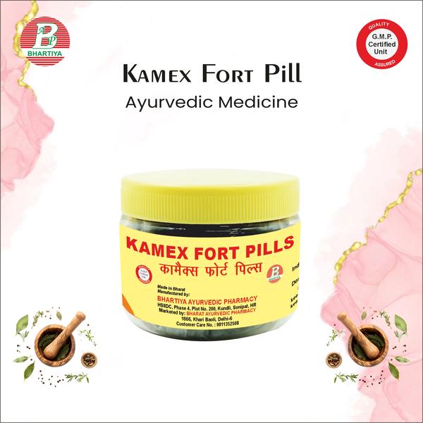 KAMEX FORT PILLS Product Identification• Generic Name: Kamex Fort Pills• Type: Ayurvedic Patent MedicinePrimary Indication Area: Treatment of liver disordersTherapeutic Indications: Used in the management and treatment of liver disorders, such as liver function imbalance, jaundice, or general liver health support.Key benefits include:• Supports Liver Health – Helps maintain normal liver function.• Promotes Detoxification – Aids the liver in flushing out toxins from the body.• Improves Digestion – Supports healthy digestion and metabolism.• Helps in Liver Disorders – May assist in conditions like jaundice and liver function imbalance.• Natural & Herbal Formulation – Ayurvedic preparation with herbal ingredients for gentle, long-term support.Ingredients: Arjun Chhal Botanical Name: Terminalia arjuna Primary Use:• Traditionally used in Ayurveda for liver disorders, heart health, and antioxidant protection.Key Phytochemicals & Actions:• Triterpenoid Saponins: Antioxidant → protect liver and heart cells from oxidative stress.• Flavonoids (Quercetin, Kaempferol): Scavenge free radicals → stabilize cell membranes and prevent lipid peroxidation.• Tannins: Anti-inflammatory → reduce tissue inflammation and prevent fibrosis.• Polyphenols & Glycosides: Support detoxification enzymes → aid liver detox and tissue regeneration.Mechanism of Action in Liver Disorders:1. Hepatoprotective: Boosts antioxidant enzymes (SOD, catalase, glutathione peroxidase) → protects hepatocytes.2. Anti-inflammatory: Reduces pro-inflammatory cytokines (TNF-α, IL-6) → decreases liver inflammation.3. Detoxification Support: Enhances phase I & II liver detox enzymes → aids toxin metabolism.4. Anti-fibrotic: Prevents excessive extracellular matrix deposition → protects liver structure.5. Improves Circulation: Supports blood flow → indirectly enhances liver function. Bhringraj Botanical Name: Eclipta alba Primary Use:• Traditionally used in Ayurveda for liver disorders, hair health, and skin care.• Known as a hepatoprotective and rejuvenating herb.Key Phytochemicals & Actions:• Coumestans (Wedelolactone): Antioxidant → protects liver cells from oxidative stress.• Alkaloids (Ecliptine): Support liver function and detoxification.• Flavonoids: Anti-inflammatory → reduce liver inflammation and tissue damage.• Saponins & Polysaccharides: Promote tissue regeneration → aid liver repair and overall vitality.Mechanism of Action in Liver Disorders:1. Hepatoprotective: Enhances liver enzyme activity → prevents hepatocyte damage.2. Antioxidant: Reduces oxidative stress → protects liver from free radical damage.3. Anti-inflammatory: Modulates pro-inflammatory cytokines → reduces liver inflammation.4. Detoxification Support: Stimulates phase I & II liver detox enzymes → aids in metabolism of toxins.5. Regenerative Effect: Supports hepatocyte regeneration → helps restore liver function. Giloy Botanical Name: Tinospora cordifoliaPrimary Use:• Traditionally used in Ayurveda for immunity enhancement, fever reduction, liver support, and detoxification.• Known as a hepatoprotective, immunomodulatory, and rejuvenating herb.Key Phytochemicals & Actions:• Alkaloids (Tinosporine, Berberine): Immunomodulatory → strengthens immune response and supports liver detox.• Glycosides (Cordifolioside): Antioxidant → protects liver and other cells from oxidative stress.• Terpenoids & Steroids: Anti-inflammatory → reduces liver inflammation and tissue damage.• Polysaccharides: Immunostimulant → enhances activity of macrophages and natural killer cells, supporting overall vitality.Mechanism of Action in Liver & Immunity:1. Hepatoprotective: Protects hepatocytes and supports detoxification pathways.2. Antioxidant: Reduces oxidative stress → prevents liver and cellular damage.3. Anti-inflammatory: Modulates pro-inflammatory cytokines → lowers liver and systemic inflammation.4. Immunomodulatory: Stimulates immune cells → improves resistance to infections.5. Metabolic Support: Helps regulate blood sugar and fat metabolism → reduces liver stress. Sarpokha Botanical Name: Cassia sopheraPrimary Use:• Traditionally used in Ayurveda for liver disorders, digestive issues, and skin problems.• Known as a hepatoprotective, mild laxative, and anti-inflammatory herb.Key Phytochemicals & Actions:• Anthraquinones: Mild laxative → improves bowel movement and supports detoxification.• Flavonoids: Antioxidant & anti-inflammatory → protects liver cells and reduces tissue inflammation.• Saponins: Hepatoprotective → supports liver regeneration and function.• Tannins: Antimicrobial & anti-inflammatory → helps reduce infections and inflammation.Mechanism of Action in Liver & Digestive Health:1. Hepatoprotective: Protects hepatocytes and improves liver enzyme activity.2. Detoxification Support: Stimulates elimination of toxins via improved digestion and mild laxative action.3. Antioxidant: Reduces oxidative stress → prevents liver and tissue damage.4. Anti-inflammatory: Modulates inflammatory pathways → protects liver and digestive tissues.5. Digestive Support: Improves bowel movement and overall gastrointestinal health. Nirgundi Botanical Name: Vitex negundoPrimary Use:• Traditionally used in Ayurveda for joint pain, inflammation, liver support, and respiratory health.• Known as an anti-inflammatory, analgesic, hepatoprotective, and rejuvenating herb.Key Phytochemicals & Actions:• Flavonoids (Vitexin, Negundo side): Anti-inflammatory → reduces tissue inflammation and liver stress.• Iridoid Glycosides & Alkaloids: Analgesic & hepatoprotective → supports liver function and reduces pain.• Essential Oils (α-Pinene, Limonene): Antimicrobial & antioxidant → protects liver cells and tissues.• Tannins & Saponins: Tissue healing & detoxification → promotes liver regeneration and overall vitality.Mechanism of Action in Liver & Inflammation:1. Hepatoprotective: Protects hepatocytes and improves liver enzyme activity.2. Anti-inflammatory: Modulates pro-inflammatory cytokines → reduces inflammation in liver and joints.3. Antioxidant: Neutralizes free radicals → protects liver and other organs from oxidative stress.4. Analgesic & Tissue Support: Reduces pain and supports tissue repair.5. Detoxification Support: Promotes elimination of toxins → aids liver and systemic detoxification Harad Botanical Name: Terminalia chebulaPrimary Use:• Traditionally used in Ayurveda for digestive health, liver support, detoxification, and rejuvenation.• Known as a hepatoprotective, antioxidant, and digestive tonic.Key Phytochemicals & Actions:• Tannins (Chebulinic acid, Chebulagic acid): Antioxidant & antimicrobial → protects liver cells and gut lining.• Phenolic Compounds: Anti-inflammatory → reduces tissue and liver inflammation.• Glycosides & Flavonoids: Hepatoprotective → supports liver function and detoxification.• Anthraquinones: Mild laxative → aids digestion and elimination of toxins.Mechanism of Action in Liver & Digestive Health:1. Hepatoprotective: Protects hepatocytes and improves liver enzyme activity.2. Antioxidant: Neutralizes free radicals → prevents oxidative stress in liver and tissues.3. Anti-inflammatory: Reduces pro-inflammatory cytokines → protects liver and gut.4. Digestive & Detox Support: Improves bowel movement → aids detoxification.5. Rejuvenating: Promotes overall vitality and tissue health. Baheda Botanical Name: Terminalia belliricaPrimary Use:• Traditionally used in Ayurveda for respiratory health, digestive support, liver protection, and detoxification.• Known as a hepatoprotective, antioxidant, and rejuvenating herb.Key Phytochemicals & Actions:• Tannins (Gallic acid, Ellagic acid): Antioxidant → protects liver cells and tissues from oxidative stress.• Glycosides & Flavonoids: Hepatoprotective → supports liver function and detoxification.• Phenolic Compounds: Anti-inflammatory → reduces liver and tissue inflammation.• Essential Oils & Fatty Acids: Antimicrobial & detoxifying → promotes overall systemic health.Mechanism of Action in Liver & Detoxification:1. Hepatoprotective: Protects hepatocytes and supports liver enzyme activity.2. Antioxidant: Reduces oxidative stress → prevents cellular and liver damage.3. Anti-inflammatory: Modulates inflammatory pathways → protects liver and tissues.4. Digestive & Detox Support: Improves metabolism and toxin elimination.5. Rejuvenating: Promotes vitality, tissue repair, and overall health. Kalmegh Botanical Name: Andrographis paniculataPrimary Use:• Traditionally used in Ayurveda for liver disorders, fever, infections, and detoxification.• Known as a hepatoprotective, immune-boosting, and anti-inflammatory herb.Key Phytochemicals & Actions:• Andrographolides (Diterpenoids): Hepatoprotective & anti-inflammatory → protects liver cells and reduces inflammation.• Flavonoids: Antioxidant → neutralizes free radicals and prevents oxidative stress.• Alkaloids & Glycosides: Immune-modulatory → enhances body’s defense mechanisms.• Saponins: Tissue repair → supports liver regeneration and overall vitality.Mechanism of Action in Liver & Immunity:1. Hepatoprotective: Protects hepatocytes, supports liver enzyme function, and reduces liver damage.2. Antioxidant: Reduces oxidative stress → prevents free radical damage to liver and tissues.3. Anti-inflammatory: Modulates inflammatory cytokines → lowers liver and systemic inflammation.4. Immune-boosting: Enhances immune response → improves resistance to infections.5. Detoxification Support: Promotes elimination of toxins and supports liver metabolism.Dosage:1. Dose per intake: 1-2 pills 2. Frequency: 3 times daily3. Total daily dose: 2-4 pills (depending on physician advice)4. How to take: With leukwarm water, preferably after mealsPrecautions• Do not exceed the prescribed dose• Consult an Ayurvedic practitioner before use in:o Childreno Elderlyo Patients with chronic illness• Monitor for any side effects (e.g., digestive discomfort)• Maintain proper diet and hydration to support bowel healthkamex fort pills price, kamex fort pills price in indiakamex fort pills amazon, kamex fort pills available in indiakamex fort pills amazon india, kamex fort pills availablekamex fort pills benefits, kamex fort pills buy onlinekamex fort pills benefits in hindi, kamex fort pills buykamex fort pills box, kamex fort pills companykamex fort pills content, kamex fort pills contact numberkamex fort pills company details, kamex fort pills costkamex fort pills dosage, kamex fort pills dosekamex fort pills details, kamex fort pills dose per daykamex fort pills email id, kamex fort pills email addresskamex fort pills for sale, kamex fort pills gst numberkamex fort pills germany, kamex fort pills granuleskamex fort pills ghaziabad, kamex fort pills good or badkamex fort pills healthcare, kamex fort pills hsn codekamex fort pills hindi, kamex fort pills in hindikamex fort pills indiamart, kamex fort pills in indiakamex fort pills jar, kamex fort pills jan aushadhikamex fort pills ke fayde in hindi, kamex fort pills kakamex fort pills ke fayde, kamex fort pills listkamex fort pills limited, kamex fort pills logokamex fort pills manufacturerkamex fort pills manufacturing companykamex fort pills name, kamex fort pills new delhikamex fort pills online, kamex fort pills online shoppingkamex fort pills online order, kamex fort pills ownerkamex fort pills online purchase, kamex fort pills quantitykamex fort pills quality, kamex fort pills reviewkamex fort pills rate, kamex fort pills supplierkamex fort pills supplier in delhi, kamex fort pills tabletkamex fort pills tab, kamex fort pills technical namekamex fort pills uses in hindi, kamex fort pills useskamex fort pills video, kamex fort pills video youtubekamex fort pills vs, kamex fort pills websitekamex fort pills wholesale, kamex fort pills which country brandkamex fort pills xl, kamex fort pills youtubekamex fort pills zepto, top kamex fort pills pricetop kamex fort pills price in india
