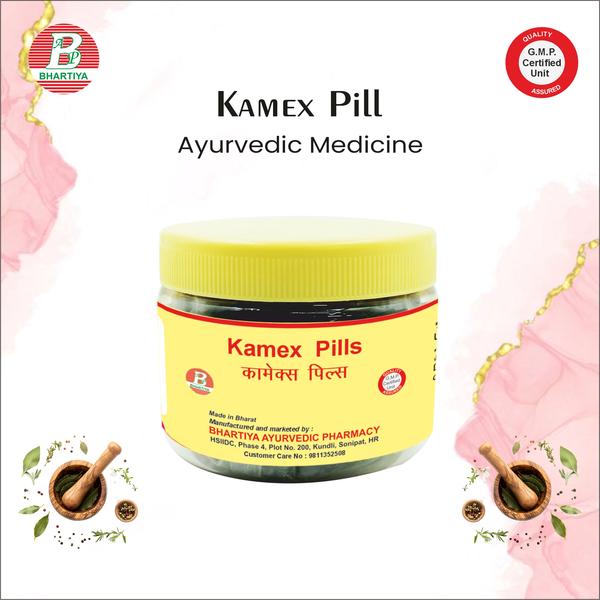 KAMEX PILLS Product Identification• Generic Name: Kamex Pills• Type: Ayurvedic Patent MedicinePrimary Indication Area: • General weakness• Erectile dysfunction• Debility• Increase in sperm volume or sperm countTherapeutic Indications: • Management of general weakness and debility• Treatment of erectile dysfunction• Improvement of sexual health and reproductive function by increasing sperm volume and sperm countKey benefits include:• Reduces general weakness – Helps improve overall stamina and vitality.• Supports male sexual health – Aids in managing erectile dysfunction.• Boosts energy and reduces debility – Enhances physical and mental strength.• Improves reproductive health – Increases sperm count and sperm volume, supporting fertility.• Promotes overall well-being – Supports better performance and endurance in daily life.Ingredients: Safed Musli Botanical Name: Chlorophytum borivilianumKey Phytochemicals & Actions:• Saponins: Act as natural adaptogens → improve stamina, energy, and vitality.• Alkaloids & Steroidal Saponins: Support hormone balance → enhance testosterone levels naturally.• Polysaccharides: Promote tissue repair and overall strength → reduce fatigue and debility.Mechanism of Action in Sexual Health:1. Enhances Libido & Sexual Performance:o Improves sexual desire and stamina by boosting hormone levels and energy.2. Supports Erectile Function:o Improves blood circulation to reproductive organs → helps in managing erectile dysfunction.3. Increases Sperm Count & Quality:o Nutrients and saponins improve spermatogenesis → increases sperm volume, motility, and overall reproductive health.4. Reduces General Weakness & Fatigue:o Adaptogenic effect → strengthens body and reduces physical and mental fatigue.5. Boosts Overall Vitality & Immunity:o Enhances resistance to stress and improves general well-being. Shatavari Botanical Name: Asparagus racemosusKey Phytochemicals & Actions:• Saponins (Shatavarins): Adaptogenic and rejuvenating → boost energy, stamina, and vitality.• Flavonoids & Steroids: Support hormonal balance → enhance reproductive health.• Polysaccharides: Promote tissue repair and strengthen the body → reduce debility and fatigue.Mechanism of Action in Sexual & Reproductive Health:1. Enhances Libido & Sexual Vitality:o Improves sexual desire and performance by supporting hormone balance.2. Supports Fertility & Sperm Health:o Helps increase sperm count, motility, and quality → improves reproductive function.3. Reduces General Weakness & Debility:o Adaptogenic properties restore energy, reduce fatigue, and strengthen the body.4. Promotes Hormonal Balance:o Supports healthy endocrine function, which indirectly aids sexual health.5. Boosts Overall Vitality & Immunity:o Strengthens the body’s resistance to stress and enhances overall well-being. Arjuna Botanical Name: Terminalia arjunaKey Phytochemicals & Actions:• Triterpenoids & Flavonoids: Antioxidant and cardioprotective → support heart health and circulation.• Polyphenols & Saponins: Strengthen tissues and improve stamina → reduce fatigue and debility.• Bark Alkaloids & Glycosides: Help in improving cardiac function and blood flow.Mechanism of Action in Sexual & General Health:1. Cardioprotective & Circulatory Support:o Improves heart function → better blood flow to all organs, including reproductive organs → supports erectile function.2. Enhances Stamina & Reduces Weakness:o Strengthens muscles and tissues → reduces fatigue and general debility.3. Antioxidant Effect:o Reduces oxidative stress → supports tissue health and vitality.4. Supports Sexual & Reproductive Health:o Improved circulation and stamina indirectly enhance sexual performance and energy.5. Overall Rejuvenation:o Acts as a tonic → boosts endurance, vitality, and general well-being. Mulethi Botanical Name: Glycyrrhiza glabraKey Phytochemicals & Actions:• Glycyrrhizin & Flavonoids: Anti-inflammatory and adaptogenic → reduce fatigue, improve endurance, and support overall vitality.• Isoflavonoids & Coumarins: Hormone-modulating → support reproductive health and sexual function.• Polysaccharides: Rejuvenating and nourishing → improve strength and stamina.Mechanism of Action in Sexual & Reproductive Health:1. Supports Hormonal Balance:o Helps regulate testosterone and other sex-related hormones → improves libido and sexual function.2. Reduces Fatigue & Weakness:o Adaptogenic effect boosts energy and endurance → reduces physical and mental fatigue.3. Improves Circulation:o Enhances blood flow to reproductive organs → supports erectile function.4. Enhances Stamina & Vitality:o Acts as a general rejuvenator → improves overall performance and endurance.5. Anti-inflammatory & Rejuvenating:o Protects tissues from oxidative stress and inflammation → maintains sexual and general health. Gokhru Botanical Name: Tribulus terrestrisKey Phytochemicals & Actions:• Saponins (Protodioscin): Natural adaptogens → improve stamina, strength, and sexual performance.• Flavonoids & Alkaloids: Antioxidant and hormone-modulating → support testosterone levels and reproductive health.• Steroidal Glycosides: Enhance libido and sexual vitality naturally.Mechanism of Action in Sexual & Reproductive Health:1. Enhances Libido & Sexual Performance:o Boosts testosterone and sexual drive → supports sexual desire and stamina.2. Supports Erectile Function:o Improves blood circulation to reproductive organs → aids in managing erectile dysfunction.3. Increases Sperm Count & Quality:o Promotes spermatogenesis → improves sperm volume, motility, and fertility.4. Reduces Weakness & Fatigue:o Adaptogenic properties restore energy and improve physical strength.5. Improves Overall Vitality:o Acts as a rejuvenator → enhances endurance, resilience, and general well-being. Amla Botanical Name: Phyllanthus emblicaKey Phytochemicals & Actions:• Vitamin C & Ascorbic Acid: Strong antioxidant → protects cells from oxidative stress, boosts immunity, and improves tissue repair.• Polyphenols & Flavonoids: Antioxidants and anti-inflammatory → reduce inflammation and support overall vitality.• Tannins & Organic Acids: Digestive support → improve nutrient absorption and gut health.Mechanism of Action in Sexual & General Health:1. Boosts Immunity & Overall Vitality:o Strengthens the body and reduces fatigue → improves energy levels and endurance.2. Supports Reproductive Health:o Antioxidant action protects sperm and reproductive tissues → supports fertility and sexual health.3. Reduces Oxidative Stress:o Protects cells and tissues from damage → maintains vitality and performance.4. Enhances Digestion & Nutrient Absorption:o Improves digestion → ensures better utilization of nutrients needed for stamina and strength.5. Rejuvenates & Acts as a Tonic:o Overall revitalizing effect → supports physical and mental well-being. Haldi Botanical Name: Curcuma longaKey Phytochemicals & Actions:• Curcumin: Powerful antioxidant and anti-inflammatory → protect tissues, reduces oxidative stress, and supports overall vitality.• Volatile Oils (Turmerone, Zingiberene): Anti-inflammatory and circulatory support → improve blood flow and tissue health.• Polyphenols: Support immune health and reduce chronic inflammation → maintain energy and endurance.Mechanism of Action in Sexual & General Health:1. Anti-inflammatory & Antioxidant:o Protects tissues from oxidative damage → improves endurance, vitality, and reproductive tissue health.2. Supports Circulation:o Enhances blood flow → indirectly supports erectile function and sexual performance.3. Boosts Immunity & General Health:o Strengthens the body → reduces fatigue and improves energy levels.4. Tissue Rejuvenation & Detoxification:o Helps maintain healthy organs and tissues → overall rejuvenating effect.5. Supports Hormonal & Sexual Health:o Anti-inflammatory and circulatory effects help maintain reproductive health and stamina. Kaunch Beej Botanical Name: Mucuna pruriensKey Phytochemicals & Actions:• L-Dopa (Levodopa): Precursor to dopamine → improves mood, libido, and sexual desire.• Alkaloids & Saponins: Adaptogenic and rejuvenating → enhance energy, strength, and endurance.• Proteins & Amino Acids: Support tissue repair and reproductive health → improve sperm quality and vitality.Mechanism of Action in Sexual & Reproductive Health:1. Enhances Libido & Sexual Performance:o L-Dopa boosts dopamine → improves sexual desire and performance.2. Supports Erectile Function:o Improves blood flow and neurotransmitter function → aids in erectile dysfunction.3. Improves Sperm Count & Quality:o Nutrients and saponins promote healthy spermatogenesis → increases sperm volume, motility, and fertility.4. Reduces Weakness & Fatigue:o Adaptogenic properties → increase physical strength, stamina, and endurance.5. Boosts Overall Vitality & Mental Health:o Enhances energy levels, reduces stress, and supports general well-being. Vidhara Mool Botanical Name: Acorus calamus Key Phytochemicals & Actions:• Essential Oils (β-Asarone, α-Asarone): Neuroprotective and adaptogenic → enhance stamina, energy, and cognitive function.• Alkaloids & Tannins: Rejuvenating and mild anti-inflammatory → support tissue health and vitality.• Resins & Glycosides: Promote overall strength and endurance → reduce fatigue and debility.Mechanism of Action in Sexual & Reproductive Health:1. Enhances Libido & Sexual Performance:o Supports nervous system function and energy → improves sexual desire and stamina.2. Reduces Weakness & Fatigue:o Adaptogenic effect → increases physical and mental strength.3. Supports Reproductive Health:o Helps maintain vitality of reproductive organs → indirectly supports fertility and sexual health.4. Improves Stamina & Overall Vitality:o Acts as a rejuvenator → enhances endurance and resilience.5. Supports Cognitive Function & Stress Resistance:o Promotes mental clarity and reduces stress → indirectly improves sexual performance.Dosage:1. Dose per intake: 1-2 pills 2. Frequency: 2 times daily3. Total daily dose: 2-4 pills (depending on physician advice)4. How to take: With plain water, preferably after mealsPrecautions• Do not exceed the prescribed dose• Consult an Ayurvedic practitioner before use in:o Childreno Elderlyo Patients with chronic illness• Monitor for any side effects (e.g., digestive discomfort)• Maintain proper diet and hydration to support bowel healthkamex pills price, kamex pills price in indiakamex pills amazon, kamex pills antibodykamex pills brochure pdf, ekamex pills buy onlinekamex pills box, kamex pills brandkamex pills company, kamex pills contentkamex pills cost, kamex pills company detailskamex pills delhi, kamex pills data sheetkamex pills for sale, kamex pills germanykamex pills gst number, kamex pills gst ratekamex pills hindi, kamex pills healthcarekamex pills hsn code, kamex pills in indiakamex pills in hindi, kamex pills indiamartkamex pills japan, kamex pills koreakamex pills ke fayde in hindi, kamex pills loginkamex pills list, kamex pills logokamex pills manufacturer, kamex pills manufacturing companykamex pills manufacturers in india, kamex pills namekamex pills new, kamex pills new delhikamex pills no, kamex pills name in hindikamex pills online, kamex pills online shoppingkamex pills owner, kamex pills online orderkamex pills on amazon, kamex pills parkingkamex pills qatar, kamex pills quantitykamex pills review, kamex pills ratekamex pills supplier, kamex pills supplier in indiakamex pills supplier in delhi, kamex pills solutionskamex pills tablet, kamex pills tabkamex pills uses in hindim, kamex pills ukkamex pills video, kamex pills video youtubekamex pills website, kamex pills which country brandkamex pills wheeler price, kamex pills youtubekamex pills youtube channel, kamex pills youtube videokamex pills yellow, kamex pills zepto