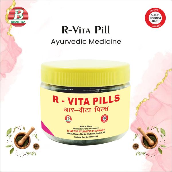 R-VITA PILLS (GOLD COATED) Product Identification• Generic Name: R-Vita Pills• Type: Ayurvedic Patent Medicine• Primary Indication Area: Supportive management of blood sugar in diabetes• Therapeutic Indications: Helps in general wellness, vitality, and may support metabolic balance in individuals with diabetesKey benefits include:• Supports general health and vitality• May help in metabolic balance and energy levels• Provides nutritional and herbal support (Ayurvedic formulation)• Can act as a supplementary aid in diabetes management (not a replacement for prescribed medication)Ingredients: GILOY (Guduchi) Botanical Name: Tinospora cordifoliaAyurvedic Name: Guduchi / AmritaPrimary Use: Blood Sugar (Diabetes) Support & Metabolic HealthKey Phytoconstituents• Alkaloids (e.g., berberine, magnoflorine)• Tannins & Glycosides• Flavonoids & Polyphenols• Terpenoids (e.g., diterpenoid lactones)• PolysaccharidesMechanism of Action(Biochemistry / Pharmacological Basis for Blood Sugar Support)1. Blood Sugar Regulation• Enhances insulin secretion from pancreatic beta cells.• Improves insulin sensitivity, helping glucose enter cells efficiently.• Reduces hepatic glucose production, preventing high blood sugar spikes.2.Antioxidant & Tissue Protection• Protects pancreatic cells from oxidative stress caused by high glucose.• Reduces inflammation in tissues and blood vessels, lowering complications of diabetes.3.Metabolic & Vitality Support• Supports carbohydrate metabolism for steady energy release.• Acts as a Rasayana, improving overall vitality and resilience under metabolic stress. HALDI (Turmeric) Botanical Name: Curcuma longaAyurvedic Name: HaridraPrimary Use: Blood Sugar (Diabetes) Support & Anti-Inflammatory HealthKey Phytoconstituents• Curcuminoids (Curcumin, Desmethoxycurcumin, Bisdemethoxycurcumin)• Volatile oils (Turmerone, Zingiberene)• Polyphenols• Tannins• MineralsMechanism of Action(Biochemistry / Pharmacological Basis for Blood Sugar Support1. Blood Sugar Regulation• Improves insulin sensitivity, helping cells utilize glucose efficiently.• Helps reduce insulin resistance, a key factor in type-2 diabetes.• Supports balanced glucose metabolism, preventing sudden sugar spikes.2. Anti-Inflammatory Action• Curcumin reduces chronic inflammation, which contributes to insulin resistance.• Inhibits inflammatory mediators, supporting metabolic health.ATIS (Ativisha) Botanical Name: Aconitum heterophyllumAyurvedic Name: AtivishaPrimary Use: Blood Sugar (Diabetes) Support & Digestive BalanceKey Phytoconstituents• Alkaloids (Atisine, Heterophylline)• Glycosides• Flavonoids• Bitter principles• Trace mineralsMechanism of Action(Biochemistry / Pharmacological Basis for Blood Sugar Support)1. Blood Sugar Regulation• Helps improve glucose metabolism, supporting balanced blood sugar levels.• Reduces post-meal glucose spikes by improving metabolic efficiency.2. Digestive & Agni Support• Stimulates digestive fire (Agni), improving digestion and absorption.• Helps correct Ama (metabolic toxins), which Ayurveda links to diabetes (Prameha).DARUHALDI (Daruharidra) Botanical Name: Berberis aristataAyurvedic Name: DaruharidraPrimary Use: Blood Sugar (Diabetes) Support & Liver–Metabolic HealthKey Phytoconstituents• Alkaloids (Berberine – major active compound)• Tannins• Flavonoids• Phenolic compounds• Bitter principlesMechanism of Action(Biochemistry / Pharmacological Basis for Blood Sugar Support)1. Blood Sugar Regulation• Berberine helps improve insulin sensitivity, allowing better glucose uptake by cells.• Reduces hepatic glucose production, helping control fasting blood sugar levels.• Supports regulation of carbohydrate metabolism.2. Liver & Metabolic Support• Improves liver function, which plays a key role in glucose storage and release.• Helps correct metabolic imbalance associated with diabetes (Prameha).PIPPALI (Long Pepper) Botanical Name: Piper longumAyurvedic Name: PippaliPrimary Use: Blood Sugar (Diabetes) Support & Metabolic EnhancementKey Phytoconstituents• Alkaloids (Piperine – major active compound)• Volatile oils• Lignans• Flavonoids• Resinous compoundsMechanism of Action(Biochemistry / Pharmacological Basis for Blood Sugar Support)1. Insulin Sensitivity & Glucose Utilization• Enhances insulin sensitivity, improving cellular glucose uptake.• Helps regulate glucose metabolism, supporting stable blood sugar levels.2. Digestive & Agni Enhancement• Strongly stimulates Agni (digestive fire), improving digestion and metabolism.• Helps reduce Ama (metabolic toxins), which Ayurveda associates with diabetes (Prameha). CHITRAK (Chitraka) Botanical Name: Plumbago zeylanicaAyurvedic Name: ChitrakaPrimary Use: Blood Sugar (Diabetes) Support & Digestive–Metabolic BalanceKey Phytoconstituents• Naphthoquinones (Plumbagin – major active compound)• Alkaloids• Glycosides• Tannins• Bitter principlesMechanism of Action(Biochemistry / Pharmacological Basis for Blood Sugar Support)1. Metabolic Activation & Glucose Regulation• Enhances glucose metabolism by improving metabolic efficiency.• Helps reduce insulin resistance through improved cellular energy utilization.2. Agni Deepana & Ama Pachana• Strongly stimulates digestive fire (Agni), correcting metabolic sluggishness.• Helps eliminate Ama (metabolic toxins), a key pathological factor in Prameha (diabetes).HARAD (Haritaki) Botanical Name: Terminalia chebulaAyurvedic Name: HaritakiPrimary Use: Blood Sugar (Diabetes) Support & Digestive DetoxificationKey Phytoconstituents• Tannins (Chebulinic acid, Chebulagic acid)• Gallic acid & Ellagic acid• Flavonoids• Polyphenols• GlycosidesMechanism of Action(Biochemistry / Pharmacological Basis for Blood Sugar Support)1. Blood Sugar Regulation• Helps regulate glucose absorption from the intestine.• Supports balanced blood sugar levels by improving metabolic control.2. Digestive Cleansing & Ama Removal• Promotes elimination of Ama (metabolic toxins), a major factor in Prameha (diabetes).• Improves digestion and bowel regulation, supporting metabolic health. AMLA (Amalaki) Botanical Name: Emblica officinalisAyurvedic Name: AmalakiPrimary Use: Blood Sugar (Diabetes) Support, Antioxidant & Metabolic BalanceKey Phytoconstituents• Ascorbic acid (Natural Vitamin C)• Tannins (Emblicanin A & B)• Flavonoids• Polyphenols• Gallic acid & Ellagic acid• Minerals & amino acidsMechanism of Action(Biochemistry / Pharmacological Basis for Blood Sugar Support)1. Blood Sugar Regulation• Improves insulin sensitivity, helping better glucose utilization by cells.• Helps reduce post-meal blood sugar spikes.• Supports balanced carbohydrate metabolism.2. Antioxidant & Pancreatic Protection• Strong antioxidant activity protects pancreatic beta cells from oxidative stress.• Reduces cellular damage caused by chronic hyperglycaemia.CHAVYA Botanical Name: Piper chaba (syn. Piper retrofractum)Ayurvedic Name: ChavyaPrimary Use: Blood Sugar (Diabetes) Support & Digestive–Metabolic ActivationKey Phytoconstituents• Alkaloids (Piperine and related compounds)• Volatile oils• Lignans• Resinous compounds• Bitter principlesMechanism of Action(Biochemistry / Pharmacological Basis for Blood Sugar Support)1. Metabolic Activation & Glucose Utilization• Improves glucose metabolism by enhancing metabolic efficiency.• Helps reduce insulin resistance through better cellular energy use.2. Agni Deepana & Ama Pachana• Strongly stimulates digestive fire (Agni), correcting metabolic sluggishness.• Helps digest and eliminate Ama (metabolic toxins), a key factor in Prameha (diabetes).VAIVIDANG (Vidanga) Botanical Name: Embelia ribesAyurvedic Name: Vidanga / VaividangPrimary Use: Blood Sugar (Diabetes) Support & Metabolic DetoxificationKey Phytoconstituents• Quinones (Embelin – major active compound)• Alkaloids• Flavonoids• Tannins• Volatile oilsMechanism of Action(Biochemistry / Pharmacological Basis for Blood Sugar Support)1. Blood Sugar Regulation• Helps improve glucose metabolism, supporting balanced blood sugar levels.• Assists in reducing insulin resistance through metabolic correction.2. Ama Pachana & Metabolic Cleansing• Strong Ama-pachana action helps remove metabolic toxins associated with Prameha (diabetes)• Supports proper digestion and nutrient assimilation.SAUNTH (Dry Ginger) Botanical Name: Zingiber officinale (Dried rhizome)Ayurvedic Name: Shunthi / SaunthPrimary Use: Blood Sugar (Diabetes) Support & Digestive–Metabolic HealthKey Phytoconstituents• Gingerols & Shogaols (major bioactive compounds)• Volatile oils (Zingiberene, Camphene)• Polyphenols• Flavonoids• Starch & carbohydratesMechanism of Action(Biochemistry / Pharmacological Basis for Blood Sugar Support)1. Blood Sugar Regulation• Improves insulin sensitivity, supporting better glucose uptake by cells.• Helps reduce postprandial blood sugar spikes.• Supports overall carbohydrate metabolism.2. Digestive & Agni Support• Strong Agni Deepana (digestive fire stimulant), improving digestion and nutrient absorption. • Helps reduce Ama (metabolic toxins), which are associated with Prameha (diabetes).SAJJIKSHAR (Sodium Kshara / Shuddha Kshar) Ayurvedic Name: Sajji kshar / KsharaPrimary Use: Blood Sugar (Diabetes) Support & Digestive–Metabolic BalanceKey Phytoconstituents / Composition• Alkali salts (mainly Sodium Bicarbonate)• Mineral base (from plant ash processing in Ayurveda)• Trace minerals (depending on source)Mechanism of Action(Biochemistry / Pharmacological Basis for Blood Sugar Support)1. Digestive & Metabolic Support• Acts as a mild alkaline agent, improving digestion and metabolic fire (Agni).• Helps reduce Ama (metabolic toxins) that accumulate due to weak digestion in Prameha (diabetes).2. Blood Sugar Modulation• By improving digestion and reducing acidic overload, it supports better carbohydrate metabolism• Helps in maintaining steady glucose levels indirectly through digestive regulation.SAINDHAV NAMAK (Sendha Namak / Rock Salt) Ayurvedic Name: Saindhav NamakPrimary Use: Blood Sugar (Diabetes) Support & Digestive–Metabolic HealthKey Phytoconstituents / Composition• Sodium chloride (NaCl) – major component• Trace minerals (Potassium, Calcium, Magnesium, Iron, Zinc, etc.)• Electrolytes for metabolic balanceMechanism of Action(Biochemistry / Pharmacological Basis for Blood Sugar Support)1. Digestive & Agni Support• Stimulates digestive fire (Agni), improving nutrient absorption and metabolism.• Helps reduce Ama (metabolic toxins) that contribute to Prameha (diabetes).2. Electrolyte & Metabolic Balance• Provides essential trace minerals and electrolytes that support metabolic reactions.• Helps maintain acid-base balance, indirectly supporting carbohydrate metabolism.KALA NAMAK (Black Salt / Himalayan Black Salt) Ayurvedic Name: Kala Namak / Saindhava KalaPrimary Use: Blood Sugar (Diabetes) Support & Digestive–Metabolic HealthKey Phytoconstituents / Composition• Sodium chloride (NaCl) – major component• Iron sulfide & trace minerals (Iron, Potassium, Magnesium, Calcium, Sulfates)• Electrolytes for metabolic balanceMechanism of Action(Biochemistry / Pharmacological Basis for Blood Sugar Support)1. Digestive & Agni Support• Stimulates digestive fire (Agni), aiding digestion and nutrient absorption.• Helps reduce Ama (metabolic toxins), a key contributor in Prameha (diabetes).2. Electrolyte & Metabolic Balance• Provides essential trace minerals and electrolytes, supporting metabolic reactions and energy balance.• Improves acid-base balance, which indirectly helps carbohydrate metabolism.DANTIMOOL (Indian Toothroot) Botanical Name: Baliospermum montanumAyurvedic Name: Dantimool / Danti MoolPrimary Use: Blood Sugar (Diabetes) Support & Digestive–Metabolic HealthKey Phytoconstituents• Alkaloids• Flavonoids• Glycosides• Starch & carbohydrates• Bitter principlesMechanism of Action(Biochemistry / Pharmacological Basis for Blood Sugar Support)1. Blood Sugar Regulation• Supports glucose metabolism, helping maintain steady blood sugar levels. Improves insulin sensitivity and helps in better glucose utilization by cells.2. Digestive & Agni Support• Stimulates digestive fire (Agni), improving nutrient assimilation.• Helps reduce Ama (metabolic toxins) associated with Prameha (diabetes).TEJPATRA (Indian Bay Leaf) Botanical Name: Cinnamomum tamalaAyurvedic Name: TejpatraPrimary Use: Blood Sugar (Diabetes) Support & Digestive–Metabolic HealthKey Phytoconstituents• Essential oils (Cinnamaldehyde, Eugenol, Linalool)• Tannins• Flavonoids• Polyphenols• Trace mineralsMechanism of Action(Biochemistry / Pharmacological Basis for Blood Sugar Support)1. Blood Sugar Regulation• Enhances insulin sensitivity, improving glucose uptake by cells.• Helps reduce postprandial blood sugar spikes.• Supports balanced carbohydrate metabolism.2. Digestive & Agni Support• Stimulates digestive fire (Agni), improving digestion and nutrient absorption.• Helps reduce Ama (metabolic toxins) associated with Prameha (diabetes).NAGARMOTHA (Cyperus rotundus) Botanical Name: Cyperus rotundusAyurvedic Name: Nagarmotha / MustaPrimary Use: Blood Sugar (Diabetes) Support & Digestive–Metabolic HealthKey Phytoconstituents• Essential oils (Cyperene, Rotundene)• Flavonoids• Alkaloids• Tannins• Starch & carbohydratesMechanism of Action(Biochemistry / Pharmacological Basis for Blood Sugar Support)1. Blood Sugar Regulation• Enhances glucose metabolism, supporting steady blood sugar levels.• Improves insulin sensitivity for better glucose uptake by cells.2. Digestive & Agni Support• Strong Agni Deepana (digestive fire stimulant), improving digestion and nutrient absorption.• Helps eliminate Ama (metabolic toxins) associated with Prameha (diabetes).KESAR (Saffron) Botanical Name: Crocus sativusAyurvedic Name: Kesar / KumkumaPrimary Use: Blood Sugar (Diabetes) Support, Antioxidant & Metabolic HealthKey Phytoconstituents• Crocin (major antioxidant compound)• Safranal (aromatic volatile oil)• Picrocrocin• Flavonoids & Polyphenols• Trace mineralsMechanism of Action(Biochemistry / Pharmacological Basis for Blood Sugar Support)1. Blood Sugar Regulation• Helps improve insulin sensitivity, supporting better glucose uptake by cells.• Assists in reducing postprandial blood sugar spikes.• Supports balanced carbohydrate metabolism and energy release.2. Antioxidant & Tissue Protection• Crocin and safranal provide strong antioxidant protection to pancreatic and vascular tissues.• Reduces oxidative stress, lowering the risk of diabetes-related tissue damage. JAIPHAL (Nutmeg) Botanical Name: Myristica fragransAyurvedic Name: JaiphalPrimary Use: Blood Sugar (Diabetes) Support & Digestive–Metabolic HealthKey Phytoconstituents• Essential oils (Myristicin, Safrole, Eugenol)• Lignans• Flavonoids & Polyphenols• Starch & carbohydrates• Resinous compoundsMechanism of Action(Biochemistry / Pharmacological Basis for Blood Sugar Support)1. Blood Sugar Regulation• Supports glucose metabolism, helping maintain steady blood sugar levels.• May improve insulin sensitivity, aiding glucose uptake by cells.• Helps modulate carbohydrate digestion, reducing postprandial sugar spikes.2. Digestive & Agni Support• Stimulates digestive fire (Agni), enhancing digestion and nutrient absorption.• Reduces accumulation of Ama (metabolic toxins) linked to Prameha (diabetes).JAVITRI (Mace) Botanical Name: Myristica fragransAyurvedic Name: JavitriPrimary Use: Blood Sugar (Diabetes) Support & Digestive–Metabolic HealthKey Phytoconstituents• Essential oils (Myristicin, Elemicin, Safrole)• Flavonoids & Polyphenols• Lignans• Starch & carbohydrates• Resinous compoundsMechanism of Action(Biochemistry / Pharmacological Basis for Blood Sugar Support)1. Blood Sugar Regulation• Supports glucose metabolism, helping maintain stable blood sugar levels.• Improves insulin sensitivity, aiding cellular glucose uptake.• Helps regulate carbohydrate digestion, reducing postprandial sugar spikes.2. Digestive & Agni Support• Stimulates digestive fire (Agni), improving digestion and nutrient assimilation.• Helps eliminate Ama (metabolic toxins) that contribute to Prameha (diabetes). LAVANG (Clove) Botanical Name: Syzygium aromaticumAyurvedic Name: LavangPrimary Use: Blood Sugar (Diabetes) Support & Digestive–Metabolic HealthKey Phytoconstituents• Essential oils (Eugenol – major bioactive compound)• Tannins• Flavonoids & Polyphenols• Glycosides• Volatile oilsMechanism of Action(Biochemistry / Pharmacological Basis for Blood Sugar Support)1. Blood Sugar Regulation• Improves insulin sensitivity, supporting glucose uptake by cells.• Helps modulate carbohydrate metabolism, reducing postprandial sugar spikes.• Supports balanced glucose levels in the bloodstream.2. Digestive & Agni Support• Stimulates digestive fire (Agni), improving digestion and nutrient absorption.• Helps reduce Ama (metabolic toxins) linked to Prameha (diabetes).AKARKARA Botanical Name: Anacyclus pyrethrumAyurvedic Name: Akarkara / MushkakshaPrimary Use: Blood Sugar (Diabetes) Support & Digestive–Metabolic HealthKey Phytoconstituents• Alkylamides (Pyrethrins)• Flavonoids• Tannins• Essential oils• Resinous compoundsMechanism of Action(Biochemistry / Pharmacological Basis for Blood Sugar Support)1. Blood Sugar Regulation• Supports glucose metabolism, aiding steady blood sugar levels.• May improve insulin sensitivity, promoting better cellular glucose uptake.• Helps regulate carbohydrate digestion, reducing post-meal sugar spikes.2. Digestive & Agni Support• Stimulates digestive fire (Agni), improving nutrient absorption.• Helps eliminate Ama (metabolic toxins) associated with Prameha (diabetes).SHUDH GUGGUL (Purified Guggul) Botanical Name: Commiphora mukulAyurvedic Name: Shuddha GuggulPrimary Use: Blood Sugar (Diabetes) Support & Lipid–Metabolic HealthKey Phytoconstituents• Guggulsterones (E & Z) – major bioactive compounds• Resins & Gum compounds• Flavonoids & Polyphenols• Tannins• Essential oilsMechanism of Action(Biochemistry / Pharmacological Basis for Blood Sugar Support)1. Blood Sugar Regulation• Improves insulin sensitivity, aiding glucose uptake by cells.• Supports carbohydrate and lipid metabolism, reducing postprandial sugar spikes. Helps modulate hepatic glucose production.2. Metabolic & Lipid Support• Reduces cholesterol and triglycerides, supporting metabolic health in diabetic conditions.• Enhances fat and carbohydrate metabolism, improving overall energy balance.SHUDH SHILAJIT (Purified Shilajit) Ayurvedic Name: Shudh Shilajit / AsphaltumPrimary Use: Blood Sugar (Diabetes) Support, Energy & Metabolic HealthKey Phytoconstituents• Fulvic acid & Humic acid – major bioactive compounds• Trace minerals (Iron, Magnesium, Zinc, Copper)• Dibenzo-alpha-pyrones• Amino acids & Vitamins• PolyphenolsMechanism of Action(Biochemistry / Pharmacological Basis for Blood Sugar Support)1. Blood Sugar Regulation• Enhances insulin sensitivity, supporting better glucose uptake by cells.• Modulates hepatic glucose metabolism, helping maintain steady blood sugar levels.• Supports carbohydrate and energy metabolism.2. Antioxidant & Tissue Protection• Fulvic acid and polyphenols provide strong antioxidant protection to pancreatic and vascular tissues. Reduces oxidative stress and inflammation linked to chronic hyperglycaemia.LOH BHASMA (Iron Bhasma) Ayurvedic Name: Loh Bhasma / Lauha BhasmaPrimary Use: Blood Sugar (Diabetes) Support, Hematopoietic & Metabolic HealthKey Phytoconstituents / Composition• Iron oxide (Fe₂O₃) – main active mineral• Trace minerals (depending on preparation method)• Ayurvedic processed constituents for enhanced bioavailabilityMechanism of Action(Biochemistry / Pharmacological Basis for Blood Sugar Support)1. Blood Sugar & Metabolic Support• Supports haemoglobin synthesis and overall blood quality, indirectly aiding glucose utilization• Enhances cellular energy metabolism, improving tissue function in diabetic conditions.• Helps maintain steady glucose levels through better oxygen delivery and nutrient utilization.2. Digestive & Agni Support• Mildly stimulates digestive fire (Agni), improving nutrient absorption and metabolism.• Helps reduce Ama (metabolic toxins) that accumulate in Prameha (diabetes). SWARN BANG (Gold Bhasma) Ayurvedic Name: Swarn Bhasma / Suvarna BhasmaPrimary Use: Blood Sugar (Diabetes) Support, Metabolic & Rasayana HealthKey Phytoconstituents / Composition• Pure gold particles (processed to Bhasma form)• Trace minerals depending on processing• Ayurvedic processed constituents to enhance bioavailabilityMechanism of Action(Biochemistry / Pharmacological Basis for Blood Sugar Support)1. Blood Sugar & Metabolic Support• Supports cellular energy metabolism and glucose utilization.• Helps maintain steady blood sugar levels by improving tissue nourishment.• Enhances overall metabolic efficiency.2. Digestive & Agni Support• Mildly stimulates digestive fire (Agni), improving nutrient absorption.• Helps reduce Ama (metabolic toxins) linked to Prameha (diabetes).Dosage:1. Dose per intake: 2–3 tablets2. Frequency: 2–3 times daily3. Total daily dose: 4–6 tablets (depending on physician advice)4. How to take: With plain water, preferably after mealsPrecautions• Do not exceed the prescribed dose• Consult an Ayurvedic practitioner before use in:o Childreno Elderlyo Patients with chronic illness• Monitor for any side effects (e.g., digestive discomfort)• Maintain proper diet and hydration to support bowel healthr vita pillsr vital tabletr-vit tabletr-vita pills amazonr-vita pills benefitsr-vita pills benefits in hindir-vita pills buy onliner-vita pills compositionr-vita pills contentr-vita pills companyr-vita pills detailsr-vita pills doser-vita pills dosager-vita pills dose per dayr-vita pills dosage per dayr-vita pills easy ayurvedar-vita pills generic namer-vita pills good or badr-vita pills hindir-vita pills how to user-vita pills healthcarer-vita pills herbalr-vita pills how to use in hindir-vita pills ingredientsr-vita pills in hindir-vita pills indiamartr-vita pills jan aushadhir-vita pills kya kam karta hair-vita pills ke fayde in hindir-vita pills labr-vita pills lab reportr-vita pills manufacturerr-vita pills manufacturing companyr-vita pills manufacturers in indiar-vita pills mrpr-vita pills near mer-vita pills namer-vita pills nutritionr-vita pills nutrition factsr-vita pills onliner-vita pills online shoppingr-vita pills originalr-vita pills online orderr-vita pills pricer-vita pills price in indiar-vita pills quantityr-vita pills qualityr-vita pills reviewr-vita pills review in hindir-vita pills side effectsr-vita pills substituter-vita pills side effects in hindir-vita pills tabletr-vita pills tabr-vita pills uses in hindir-vita pills usesr-vita pills ukr-vita pills vs
