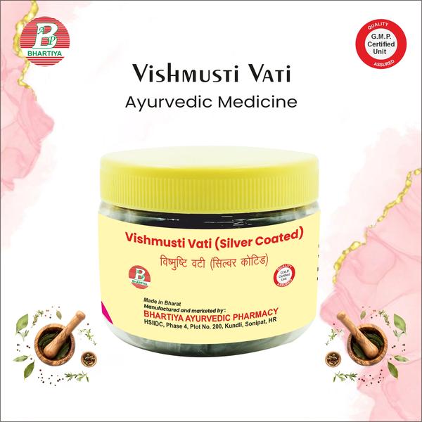VISHMUSHTI VATI (SILVER COATED) Product Identification• Generic Name: Vishmushti Vati• Type: Ayurvedic Patent Medicine• Primary Indication Area: All Types of Joint Pain (Gathiya / Vat Roga)• Therapeutic Indications Management of joint pain of all types, including Vata-related disorders (Gathiya / Vat Roga). Key benefits include:1. Pain Reliefo Helps reduce joint pain, soreness, and discomfort caused by Vata imbalance.2. Reduces Stiffness & Swellingo Improves joint flexibility and eases swelling associated with arthritis or Gathiya.3. Supports Joint Mobilityo Enhances ease of movement and overall joint function.4. Strengthens Muscles & Boneso Helps improve muscle tone around joints and supports bone health.5. Anti-fatigue & Vitality Supporto Reduces weakness and tiredness caused by chronic joint pain.o Promotes overall strength and rejuvenation.o Ingredients: SHUDH HINGUL Ayurvedic Name: Shuddha Hingul / Hingula BhasmaMineral Source: Cinnabar (purified mercury sulphide)Primary Use: Vata Roga & Joint Pain (Gathiya) support in classical Ayurvedic formulationsKey Phytoconstituents• Purified Mercuric Sulphide (HgS) transformed into nano sized bio assimilable particles through classical Shodhana–Marana processes• Trace mineral complexes with elements like Zn, Cu, Fe formed during purification and incineration• Synergistic adjuvants (when processed with herbal decoctions such as Triphala, Guduchi, Nirgundi) to support detoxification and absorptionMechanism of Action(Biochemistry / Pharmacological Basis for Joint Pain — Vata Roga / Gathiya)1. Nano Particle Bio Assimilation & Immune Modulation• Properly purified mercuric sulphide (HgS) in Shuddha Hingul Bhasma forms extremely fine particles that cross intestinal mucosa more efficiently and interact with immune cells, stimulating macrophage activity and encouraging a balanced immune response in chronic inflammatory environments. 2. Anti Inflammatory & Dosha Regulation• Through traditional Ayurvedic mechanisms, the ushna (heating) potency and deep penetrating action of Hingul help pacify aggravated Vata dosha, which is a major contributor to stiffness, pain, and erratic neural signals in joint disorders. • Trace sulfur compounds and other mineral complexes may contribute mild anti inflammatory effects, reducing local discomfort 3. Detoxification & Metabolic Balance (Ama Clearance)• Hangul’s classical action includes enhancing agni (metabolic fire) and clearing ama (toxic metabolic by products) from tissues and srotas (channels), which in Ayurveda are thought to exacerbate joint pain and stiffness when accumulated. 4. Tissue Nourishment & Support• By harmonizing metabolism and supporting reticuloendothelial system activity, fine bhasma particles may help improve nutrient delivery and tissue nourishment, indirectly supporting joint comfort and resilience. Ingredients: JAYPHAL (Nutmeg) Botanical Name: Myristica fragransAyurvedic Names: Jaiphal, Jatiphala, JatisasyaPrimary Use: Joint pain relief (Vata Roga), anti inflammatory and musculoskeletal supportKey PhytoconstituentsMyristicin – aromatic compound with anti inflammatory and mild analgesic propertiesElemicin – contributes to anti inflammatory and antioxidant effectsTrimyristin & fatty acids – support metabolic functionsEugenol, sabinene, α pinene & other volatile oils – anti inflammatory, analgesic and antioxidant constituents Phenolic compounds & lignans – support free radical neutralization and tissue protectionMechanism of Action(Biochemistry / Pharmacological Basis for Joint Pain — Vata Roga / Gathiya)1. Anti Inflammatory & Analgesic Action• Compounds such as myristicin, eugenol, sabinene, β pinene and α pinene exhibit anti inflammatory and pain relieving effects, which help reduce joint swelling, soreness, and discomfort typical of Vata related joint disorders. 2. Antioxidant & Tissue Protection• Phenolic compounds and lignans in Jaiphal neutralize free radicals, protecting joint tissues from oxidative stress that can worsen chronic inflammation and joint degeneration. 3. Vata Pacification & Nervine Modulation• In Ayurvedic pharmacology, Jayphal’s hot (ushna) potency and pungent taste help balance aggravated Vata dosha, which contributes to pain, stiffness, and erratic neural signals in joint discomfort. 4. Muscle Relaxation & Circulatory Support• Nutmeg’s volatile oils may promote local blood flow and muscle relaxation, which can relieve stiffness and improve mobility around affected joints. JAVITRI (Mace) Botanical Name: Myristica fragrans (aril of nutmeg seed)Ayurvedic Use: Traditionally used as a digestive, anti inflammatory and mild analgesic agent; balances Vata & Kapha doshas in classical systems and used for joint muscle discomfort support. Key Phytoconstituents Myristicin – an aromatic phenylpropene compound responsible for medicinal effects. Elemicin – contributes to anti inflammatory and antioxidant properties. Safrole and other volatile oils (terpenes) – support anti inflammatory and circulatory effects. Phenolic compounds & flavonoids (antioxidant activity). Minerals such as iron, magnesium and trace nutrients that support metabolic functions. Mechanism of Action(Biochemistry / Pharmacological Basis for Joint Pain — Vata Roga / Gathiya)1. Anti Inflammatory & Pain Modulating Action• Constituents such as myristicin, elemicin and other volatile oils exert anti inflammatory and mild analgesic effects, reducing inflammatory mediators that contribute to joint pain and stiffness. 2. Antioxidant & Tissue Protection• Phenolic compounds and flavonoids neutralize free radicals and oxidative stress, helping protect joint tissues from damage and degeneration. 3. Vata Pacifying & Nervine Support• In Ayurveda, Javitri’s hot (ushna) potency and pungent taste help balance aggravated Vata dosha, which is often implicated in joint stiffness, erratic neural signals, and discomfort. 4. Circulatory & Muscle Comfort Support• Volatile oils may enhance local circulation and support muscle relaxation, helping relieve stiffness and improve comfort around joints and connective tissues. LAVANG (Clove) Botanical Name: Syzygium aromaticumAyurvedic Name: Lavang / LaungPrimary Use: Analgesic & anti inflammatory support; soothing discomfort associated with joint pain and Vata imbalanceKey Phytoconstituents• Eugenol – major active compound with analgesic and anti inflammatory effects• β Caryophyllene, chavibetol, eugenyl acetate – synergistic volatile compounds contributing to anti inflammatory and pain modulating actions• Other phenolic compounds and antioxidants that support tissue protection and oxidative balance Mechanism of Action(Biochemistry / Pharmacological Basis for Joint Pain — Vata Roga / Gathiya)1. Anti Inflammatory & Pain Relieving Action• Eugenol inhibits inflammatory mediators (such as prostaglandins via cyclooxygenase pathways) and reduces local inflammation, helping relieve discomfort in stiff or sore joints.• Its mildly anaesthetic action modulates nerve impulses, providing soothing relief in affected areas. 2. Antioxidant & Tissue Protection• Phenolic compounds and flavonoid like constituents neutralize free radicals and oxidative stress, which can exacerbate chronic inflammatory conditions like joint pain.• This supports cellular protection and may slow degenerative changes in connective tissues. 3. Circulation & Vata Balance Support• Lavang’s warming effect (ushna virya) and pungent aroma help improve local circulation and penetrate tissues, which is believed in Ayurveda to help pacify aggravated Vata dosha, a key factor in joint stiffness and erratic neural signalling. 4. Muscle Relaxation & Comfort• The volatile oil components contribute to muscle relaxation and improved microcirculation around joints, aiding in reduced stiffness and enhanced comfort.• When used topically (e.g., in warm oil massage), these effects are particularly noticeable. KALI MIRCH (Black Pepper) Botanical Name: Piper nigrumAyurvedic Name: Kali Mirch / MaricaPrimary Use: Support for joint discomfort, inflammation and Vata Roga (joint pain)Key Phytoconstituents• Piperine — the principal alkaloid responsible for most pharmacological activity• Essential oils: limonene, α pinene, β pinene, sabinene, caryophyllene• Phenolic compounds & flavonoids — contribute antioxidant activity• Trace nutrients and lignans that support biological actions Mechanism of Action(Biochemistry / Pharmacological Basis for Joint Pain — Vata Roga / Gathiya)1. Anti Inflammatory & Pain Modulation• Piperine and related alkaloids inhibit pro inflammatory pathways (e.g., NF κB, COX, and inflammatory cytokines) that drive joint inflammation and pain in arthritis models.• In cell studies, piperine reduced production of inflammatory mediators such as NO, PGE₂ and cytokines (IL 6, TNF α) and inhibited enzymes that break down cartilage matrix. 2. Anti Oxidant & Tissue Protection• Phenolic compounds and flavonoids in black pepper neutralize free radicals that can exacerbate chronic joint degeneration and inflammatory tissue damage.• This helps protect joint connective tissues and supports cellular resilience. 3. Vata Pacifying & Circulation Enhancement• In Ayurvedic terms, the ushna (warming) and Tikshna (penetrating) qualities of Kali Mirch help pacify aggravated Vata dosha, improving comfort, reducing stiffness, and enhancing micro circulation around joints.• Topical preparations (oil or paste with carrier oil) are traditionally used to ease soreness and warmth in joint areas. 4. Bioavailability & Synergistic Support• Piperine enhances the bioavailability of other compounds (e.g., curcumin, phenolics) by inhibiting certain metabolic enzymes, which may increase effectiveness of joint support herbs SUDH KUCHLA Ayurvedic Name: Shuddha Kuchla (Purified Strychnos nux vomica)Botanical Source: Seeds of Strychnos nux vomica (detoxified via classical Shodhana processes)Primary Use: Supports Vata Roga & Joint Pain (Gathiya) through metabolic balance, neuromuscular stimulation, and Vata pacificationKey Phytoconstituents• Alkaloids (notably strychnine and brucine) — the primary bioactive compounds remaining after purification that influence nervous and muscular responses. • Other trace constituents influenced by processing — contributing to digestion, metabolic fire (agni) enhancement, and detoxification support.Mechanism of Action(Biochemistry / Pharmacological Basis for Joint Pain — Vata Roga / Gathiya /)1. Neuromuscular Stimulation & Pain Modulation• Purified alkaloids in Sudh Kuchla act on the central and peripheral nervous system, stimulating nerve activity in a controlled manner to improve nerve muscle coordination and reduce erratic Vata related neural signals that contribute to joint discomfort. • This neuromodulation can indirectly help reduce sensations of stiffness and weakness in chronic joint conditions.2. Anti Inflammatory & Vata Balance• Through classical Ayurvedic properties (bitter, pungent taste with warming potency), Sudh Kuchla pacifies aggravated Vata dosha, a key driver of joint pain and stiffness in Vata dominant disorders like Gathiya.3. Digestive Fire (Agni) & Detoxification Support• Warming virya (ushna potency) of Sudh Kuchla supports metabolic fire (agni), which aids in digestion and clears metabolic by products (ama) that are believed in Ayurveda to worsen joint pain and tissue congestion. 4. Muscle & Tissue Support• By stimulating metabolic activity and nervous regulation, Sudh Kuchla may contribute to improved nutrient delivery and deep tissue nourishment, indirectly supporting resilience in musculoskeletal structures during joint stress. Dosage:1. Dose per intake: 1–2 pills2. Frequency: 2 times daily3. Total daily dose: 2–4 pills (depending on physician advice)4. How to take: With milk, preferably after mealsPrecautions• Do not exceed the prescribed dose• Consult an Ayurvedic practitioner before use in:o Childreno Elderlyo Patients with chronic illness• Monitor for any side effects (e.g., digestive discomfort)• Maintain proper diet and hydration to support bowel healthvishamushti vati uses, vishamushti vativishamushti vati ingredients, vishamushti vati benefitsvishamushti vati price, vishamushti vati tabletvishamushti vati uses in hindi, vishamushti vati benefits in hindivishamushti vati in hindi, vishamushti vati easy ayurvedavishamushti vati use, vishamushti vati compositionvishmusti vati flipkart, vishmusti vati golivishmusti vati jankari in hindi, vishmusti vati jankarivishmusti vati ke fayde, vishmusti vati ke fayde in hindivishmusti vati khane ke fayde, vishmusti vati kya kam karta haivishmusti vati manufacturer, vishmusti vati mrpvishmusti vati near me, use of vishamushti vativishmusti vati quality, vishmusti vati quantityvishamushti vati side effects, vishmusti vati websitevishmusti vati works, uses of vishamushti vatiwhat vishmusti vati uses in hindi, what vishmusti vati useswhere vishmusti vati manufactured, where vishmusti vati availablewhen vishmusti vati uses in hindi, when vishmusti vati useswho vishmusti vati uses in hindi, can vishmusti vati uses in hindiwill vishmusti vati uses in hindi, was vishmusti vati uses in hindibest vishamushti vati in hindi, best vishamushti vati uses