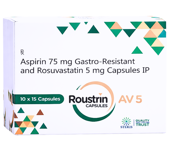 IntroductionROUSTRIN AV 5 is a combination medication formulated to support heart health and reduce the risk of cardiovascular diseases. It contains two clinically proven ingredients: Aspirin 75 mg (gastro-resistant) and Rosuvastatin 5 mg. This dual-action capsule is widely prescribed for patients who are at risk of heart attack, stroke, or other cardiovascular complications.Aspirin works as an antiplatelet agent, preventing blood clot formation, while Rosuvastatin belongs to the statin class of drugs that help lower cholesterol levels in the body. Together, they provide comprehensive protection by addressing both clot formation and lipid imbalance—two major causes of heart-related disorders.ROUSTRIN AV 5 is especially beneficial for individuals with a history of heart disease, high cholesterol, hypertension, or diabetes. The gastro-resistant formulation ensures that Aspirin is released in the intestine rather than the stomach, reducing the risk of gastric irritation.Uses of ROUSTRIN AV 5ROUSTRIN AV 5 is commonly prescribed for the prevention and management of cardiovascular conditions. Its primary uses include:Prevention of heart attack (myocardial infarction)Reduction in the risk of strokeManagement of high cholesterol (hyperlipidemia)Prevention of blood clot formation in arteriesTreatment support for patients with coronary artery diseaseSecondary prevention in patients with previous cardiovascular eventsThis medication is often recommended as part of long-term therapy for maintaining heart health and preventing life-threatening complications.How ROUSTRIN AV 5 WorksAspirin 75 mg (Gastro-Resistant)Aspirin inhibits platelet aggregation by blocking the production of thromboxane A2, a chemical responsible for blood clot formation. The gastro-resistant coating protects the stomach lining, ensuring safer long-term use.Rosuvastatin 5 mgRosuvastatin reduces “bad cholesterol” (LDL) and triglycerides while increasing “good cholesterol” (HDL). It works by inhibiting the HMG-CoA reductase enzyme in the liver, which is responsible for cholesterol synthesis.Together, these components reduce plaque formation in arteries and improve blood flow, significantly lowering the risk of cardiovascular events.Key Benefits of ROUSTRIN AV 51. Dual Protection for Heart HealthCombines antiplatelet and cholesterol-lowering actions, offering comprehensive cardiovascular protection.2. Reduces Risk of Heart Attack and StrokeHelps prevent clot formation and arterial blockage, which are major causes of heart attacks and strokes.3. Effective Cholesterol ManagementLowers LDL cholesterol and improves lipid profile, reducing long-term cardiovascular risk.4. Gastro-Resistant FormulaMinimizes stomach irritation and enhances patient compliance during long-term use.5. Suitable for High-Risk PatientsIdeal for patients with diabetes, hypertension, obesity, or family history of heart disease.6. Improves Blood CirculationPrevents clot formation and maintains smooth blood flow throughout the body.Dosage and AdministrationROUSTRIN AV 5 should be taken strictly as prescribed by a healthcare professional.Usually taken once dailySwallow the capsule whole with waterDo not crush or chew the capsulePreferably taken at the same time each day for best resultsCan be taken with or without foodIt is important to follow the prescribed dosage and not discontinue the medication without consulting your doctor, even if you feel well.Side Effects of ROUSTRIN AV 5Like all medications, ROUSTRIN AV 5 may cause some side effects. Most are mild and temporary, but some may require medical attention.Common Side EffectsHeadacheNausea or vomitingStomach discomfortMuscle painWeaknessLess Common Side EffectsIndigestionDizzinessConstipationIncreased liver enzymesSerious Side Effects (Seek Immediate Medical Help)Unusual bleeding or bruisingSevere stomach pain or ulcersAllergic reactions (rash, swelling, difficulty breathing)Severe muscle pain (possible muscle breakdown)Dark-colored urine or jaundiceIf any unusual symptoms occur, it is important to consult a healthcare provider promptly.Precautions and WarningsBefore using ROUSTRIN AV 5, consider the following precautions:1. Medical HistoryInform your doctor if you have:Liver or kidney diseaseHistory of stomach ulcers or bleedingAsthma or allergy to AspirinMuscle disorders2. Pregnancy and BreastfeedingNot recommended during pregnancy unless prescribedConsult a doctor before use during breastfeeding3. Alcohol ConsumptionAvoid excessive alcohol intake as it may increase the risk of liver damage and stomach bleeding.4. Drug InteractionsROUSTRIN AV 5 may interact with:Blood thinners (warfarin, heparin)Other NSAIDsCertain antibioticsAntifungal medicationsAlways inform your doctor about all medications and supplements you are taking.5. Regular MonitoringPatients may require periodic monitoring of:Liver functionLipid profileKidney functionStorage InstructionsStore in a cool, dry placeKeep away from direct sunlightKeep out of reach of childrenDo not use after the expiry dateConclusionROUSTRIN AV 5 (Aspirin 75 mg Gastro-Resistant & Rosuvastatin 5 mg Capsules) is a highly effective combination therapy designed to protect heart health and prevent serious cardiovascular conditions. By combining the blood-thinning action of Aspirin with the cholesterol-lowering effect of Rosuvastatin, it provides a comprehensive solution for individuals at risk of heart disease.