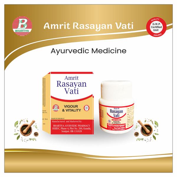                                   AMRIT RASAYAN VATI Product Identification•	Generic Name: Amrit Rasayan Vati •	Type: Ayurvedic Patent Medicine•	Primary Indication Area: General physical and mental weakness, nervous debility (Nadi Daurbalya), anaemia/low vitality, stress and anxiety, and post-illness weakness.Therapeutic Indications:•	Used as a Rasayana for management of general physical and mental debility, nervous weakness, anxiety and stress, anaemia/low vitality, fatigue, and convalescence after illness. Primary Benefit:•	Enhances overall physical strength and mental vitality by reducing weakness, nervous debility, stress, and fatigue.Other Benefits:•	Nervous system support: Helps strengthen nerves, improves nerve function, and reduces symptoms of nervous debility (Nadi Daurbalya).•	Stress and anxiety relief: Calms the mind, supports emotional balance, and helps reduce mental fatigue and worry.•	Improved stamina and energy: Enhances physical endurance, reduces tiredness, and supports daily activity levels.•	Post-illness recovery: Aids faster recovery by restoring strength and vitality after chronic disease or prolonged weakness.•	Immunity and rejuvenation: Acts as a Rasayana to improve immunity, delay fatigue, and promote overall well-being and longevity. JAVITRI (Mace) Botanical Name: Myristica fragrans (Aril of nutmeg)Key Phytoconstituents•	Essential oils (Myristicin, Elemicin, Safrole – in trace/regulated amounts)•	Lignans•	Flavonoids•	Phenolic compounds•	Fixed oilsMechanism of Action in Mental & Physical Weakness (Biochemistry / Pharmacology)1. Central Nervous System Stimulant & Neuroprotective Action (Mental Weakness)o	Myristicin and elemicin modulate neurotransmitters such as dopamine and serotonin.o	Enhances neuronal signaling, improving alertness, concentration, and cognitive performance.o	Flavonoids provide neuroprotective antioxidant effects, reducing oxidative stress in brain tissue.2. Adaptogenic & Anti-Stress Effecto	Regulates the hypothalamic–pituitary–adrenal (HPA) axis, helping the body adapt to mental and physical stress.o	Reduces cortisol-induced fatigue, thereby improving stress tolerance and mental endurance.JAIPHAL (Nutmeg) Botanical Name: Myristica fragrans (Seed)Key Phytoconstituents:•	Essential oils: Myristicin, Elemicin, Safrole (in trace amounts)•	Lignans•	Flavonoids•	Phenolic compounds•	Fixed oilsMechanism of Action in Mental & Physical Weakness (Biochemistry / Pharmacology)1. CNS Stimulant and Neuroprotective Action•	Myristicin and elemicin modulate dopaminergic and serotonergic neurotransmission.•	Improves cognition, alertness, memory, and focus.•	Flavonoids and lignans act as antioxidants, protecting neurons from oxidative stress.2. Anti-Stress and Adaptogenic Effect•	Modulates HPA axis, reducing stress-induced cortisol elevation.•	Enhances resilience to mental and physical fatigue.SAFED MUSLI Botanical Name: Chlorophytum borivilianumKey Phytoconstituents:•	Saponins (Steroidal saponins)•	Alkaloids•	Polysaccharides•	Glycosides•	Proteins and amino acidsMechanism of Action in Mental & Physical Weakness (Biochemistry / Pharmacology)1. Adaptogenic & Anti-Fatigue Action•	Steroidal saponins enhance stress tolerance by modulating the HPA axis.•	Reduces cortisol-induced fatigue, improving endurance and physical stamina.2. Energy Metabolism Support•	Improves mitochondrial function and ATP production in muscle cells.•	Enhances physical performance and reduces lethargy.SHATAVARI Botanical Name: Asparagus racemosusKey Phytoconstituents:•	Steroidal saponins (Shatavarins I–IV)•	Flavonoids•	Polysaccharides•	Alkaloids•	Vitamins and mineralsMechanism of Action in Mental & Physical Weakness (Biochemistry / Pharmacology)1. Adaptogenic & Anti-Stress Action•	Steroidal saponins modulate the hypothalamic–pituitary–adrenal (HPA) axis.•	Reduces stress-induced cortisol elevation, improving physical stamina and mental resilience.2. Rejuvenative / Rasayana Effect•	Acts as a general tonic, supporting vitality, energy, and immunity.•	Promotes tissue regeneration and recovery from debility or chronic illness.BRAHMI Botanical Name: Bacopa monnieriKey Phytoconstituents:•	Bacosides A and B (saponins)•	Alkaloids (brahmine, herpestine)•	Flavonoids•	Phenolic compoundsMechanism of Action in Mental & Physical Weakness (Biochemistry / Pharmacology)1. Cognitive Enhancer & Neuroprotective Action•	Bacosides enhance synaptic transmission, nerve impulse conduction, and neuroplasticity.•	Protect neurons from oxidative stress, reducing mental fatigue.•	Improves memory, attention, learning, and mental clarity.2. Adaptogenic & Anti-Stress Effect•	Modulates HPA axis, reducing cortisol levels.•	Enhances resistance to stress-induced mental and physical fatigue.SHILAJIT (Shudh / Purified) Botanical / Mineral Source: Exudate from rocks of the Himalayas (organic-mineral complex)Key Phytoconstituents:•	Fulvic acid•	Humic acid•	Dibenzo-alpha-pyrones•	Trace minerals (iron, zinc, magnesium, copper, selenium)•	Amino acidsMechanism of Action in Mental & Physical Weakness (Biochemistry / Pharmacology)1. Energy Metabolism & Anti-Fatigue Action•	Enhances mitochondrial ATP production, increasing cellular energy.•	Improves physical endurance and reduces fatigue, supporting muscle performance.2. Adaptogenic & Anti-Stress Effect•	Modulates the hypothalamic–pituitary–adrenal (HPA) axis.•	Reduces stress-induced cortisol elevation, improving mental alertness and physical stamina. KALI MIRCH (Black Pepper) Botanical Name: Piper nigrumKey Phytoconstituents:•	Piperine (alkaloid)•	Essential oils (pinene, limonene, sabinene)•	Flavonoids•	PolyphenolsMechanism of Action in Mental & Physical Weakness (Biochemistry / Pharmacology)1. Digestive Stimulant / Bioavailability Enhancer•	Piperine stimulates digestive enzyme secretion, improving digestion and nutrient absorption.•	Enhances bioavailability of nutrients and other phytoconstituents, indirectly supporting physical and mental strength.2. Metabolic & Thermogenic Action•	Stimulates thermogenesis, improving energy metabolism.•	Supports fatigue reduction and physical endurance. PIPALI (Long Pepper) Botanical Name: Piper longumKey Phytoconstituents:•	Piperine (alkaloid)•	Volatile oils (limonene, pinene, caryophyllene)•	Polyphenols•	FlavonoidsMechanism of Action in Mental & Physical Weakness (Biochemistry / Pharmacology)1. Digestive Stimulant / Deepana-Pachana•	Piperine and volatile oils stimulate digestive enzyme secretion, improving digestion and nutrient absorption.•	Helps prevent accumulation of undigested food, which can cause lethargy and weakness.2. Bioavailability Enhancer•	Piperine enhances absorption of nutrients and other herbal constituents.•	Indirectly boosts physical strength, energy, and mental function when used in polyherbal formulations.SAUNTH (Dry Ginger) Botanical Name: Zingiber officinale (Dried Rhizome)Key Phytoconstituents:•	Gingerols and Shogaols (phenolic compounds)•	Essential oils (zingiberene, bisabolene)•	Polyphenols•	FlavonoidsMechanism of Action in Mental & Physical Weakness (Biochemistry / Pharmacology)1. Digestive Stimulant / Deepana-Pachana•	Gingerols and shogaols stimulate digestive enzymes, improving digestion and nutrient absorption.•	Prevents accumulation of undigested food, which can cause lethargy and weakness.2. Thermogenic & Metabolic Enhancement•	Increases thermogenesis, enhancing energy metabolism.•	Supports physical stamina and reduces fatigue.ASHWAGANDHA Botanical Name: Withania somniferaKey Phytoconstituents:•	Withanolides (steroidal lactones)•	Alkaloids (somniferine, withanine)•	Saponins•	Iron and amino acidsMechanism of Action in Mental & Physical Weakness (Biochemistry / Pharmacology)1. Adaptogenic & Anti-Stress Action•	Withanolides modulate the hypothalamic–pituitary–adrenal (HPA) axis, reducing cortisol levels.•	Enhances stress resilience, improving both mental and physical endurance.2. Energy Metabolism & Anti-Fatigue•	Supports mitochondrial function and ATP production, increasing cellular energy.•	Reduces physical fatigue and improves stamina.AKARKARA Botanical Name: Anacyclus pyrethrumKey Phytoconstituents:•	Alkylamides (pyrethrins, anacyclin)•	N-alkylamides•	Essential oils•	Starch and mucilageMechanism of Action in Mental & Physical Weakness (Biochemistry / Pharmacology)1. Nervine Tonic & Neuroprotective Action•	Alkylamides stimulate central and peripheral nervous system, enhancing nerve conduction and mental alertness.•	Supports cognitive function, focus, and memory, reducing mental fatigue.2. Adaptogenic & Anti-Fatigue Effects•	Enhances stress resilience by modulating the HPA axis.•	Reduces physical and mental fatigue, improving endurance and stamina.AMLA (AMALAKI / Indian Gooseberry) Botanical Name: Emblica officinalisKey Phytoconstituents:•	Vitamin C (Ascorbic acid)•	Tannins•	Flavonoids•	Polyphenols•	SaponinsMechanism of Action in Mental & Physical Weakness (Biochemistry / Pharmacology)1. Antioxidant & Free Radical Scavenging•	High vitamin C and polyphenol content neutralize free radicals.•	Protects cells, muscles, and neurons from oxidative stress, supporting vitality and cognitive function.2. Adaptogenic & Stress-Modulating Effects•	Reduces oxidative and physiological stress, improving mental resilience.•	Supports stress-induced fatigue reduction and overall endurance.KESAR (Saffron) Botanical Name: Crocus sativusKey Phytoconstituents:•	Crocin (carotenoid)•	Crocetin•	Safranal•	Picrocrocin•	FlavonoidsMechanism of Action in Mental & Physical Weakness (Biochemistry / Pharmacology)1. Cognitive Enhancer & Neuroprotective Action•	Crocin and crocetin protect neurons from oxidative stress and apoptosis.•	Improves memory, learning, attention, and overall cognitive function.2. Mood Modulation / Antidepressant Effect•	Safranal and crocin modulate serotonin, dopamine, and norepinephrine pathways.•	Reduces anxiety, stress, and mental fatigue, supporting mental clarity.LOH BHASMA Composition / Source: Calcined iron (processed iron oxide, Ayurvedic metallic preparation)Key Constituents:•	Iron in bioavailable ferric/ferrihydrite forms•	Trace minerals (depending on preparation and processing)Mechanism of Action in Mental & Physical Weakness (Biochemistry / Pharmacology)1. Hematinic / Hemoglobin Enhancer•	Provides bioavailable iron, supporting hemoglobin synthesis.•	Improves oxygen transport to tissues, reducing fatigue, weakness, and lethargy.2. Energy Metabolism & Anti-Fatigue•	Iron is essential for mitochondrial electron transport chain and ATP production.•	Enhances physical stamina and endurance in states of debility or anemia.ABHRAK BHASMA Composition / Source: Calcined and purified mica (Biotite / Muscovite) processed with herbal juices and ghee (Ayurvedic metallic preparation)Key Constituents:•	Silica and alumino-silicates•	Trace minerals (iron, magnesium, potassium, calcium)•	Nano- or micro-particles of mica enriched with herbal bioactives during preparationMechanism of Action in Mental & Physical Weakness (Biochemistry / Pharmacology)1. Rasayana / Rejuvenative Action•	Acts as a general tonic, improving physical strength, stamina, and vitality.•	Supports post-illness recovery and reduces chronic fatigue.2. Nervine & Cognitive Support•	Trace minerals and bioactive particles support neurotransmitter synthesis, improving memory, focus, and mental clarity.•	Reduces stress-related mental fatigue. VANG BHASMA Composition / Source: Purified and calcined Tin (Vanga) metal, processed with herbal decoctions and ghee (Ayurvedic metallic preparation)Key Constituents:•	Tin in bioavailable form (as oxide / organometallic complex)•	Trace minerals incorporated during classical Ayurvedic processingMechanism of Action in Mental & Physical Weakness (Biochemistry / Pharmacology)1. Rasayana / Rejuvenative Action•	Acts as a general tonic, enhancing physical strength, vitality, and endurance.•	Supports recovery from chronic debility and weakness.2. Nervine & Cognitive Support•	Trace elements and bioactive complexes support neurotransmitter synthesis, improving memory, focus, and mental clarity.•	Reduces mental fatigue and stress-induced cognitive decline.MUKTA SHUKTI PISHTI Composition / Source: Calcined and purified pearl oyster shells (Calcium carbonate-based) processed with herbal juices and milk)Key Constituents:•	Calcium carbonate (CaCO₃) in bioavailable form•	Trace minerals: Magnesium, Zinc, Iron•	Amino acids (from herbal processing)Mechanism of Action in Mental & Physical Weakness (Biochemistry / Pharmacology)1. Calcium & Bone-Muscle Support•	Provides bioavailable calcium, supporting bone density, muscle function, and neuromuscular coordination.•	Improves physical strength and endurance in cases of debility.2. Nervine & Cognitive Support•	Calcium and trace minerals help neurotransmitter release and synaptic function, improving mental clarity, memory, and focus.•	Reduces mental fatigue and weakness.PRAVAL PISHTI Composition / Source: Calcined and purified red coral (calcium carbonate-based) processed with herbal juices and milk)Key Constituents:•	Calcium carbonate (CaCO₃) in bioavailable form•	Trace minerals: Magnesium, Iron, Zinc•	Amino acids (from herbal processing)Mechanism of Action in Mental & Physical Weakness (Biochemistry / Pharmacology)1. Calcium & Bone-Muscle Support•	Provides bioavailable calcium, supporting bone strength, neuromuscular function, and muscle endurance.•	Improves physical stamina and recovery from weakness.2. Nervine & Cognitive Support•	Calcium and trace minerals support neurotransmitter synthesis and synaptic function, improving mental clarity, focus, and memory.•	Reduces mental fatigue and stress-related cognitive weakness. SWARN MAKSHIK BHASMA Composition / Source: Calcined Swarn Makshik (Auriferous Pyrite, FeS₂ with trace gold and iron) processed with herbal decoctions and ghee according to classical Ayurvedic methods.Key Constituents:•	Iron (Fe²⁺/Fe³⁺ forms)•	Sulfur•	Trace gold and other minerals incorporated during processingMechanism of Action in Mental & Physical Weakness (Biochemistry / Pharmacology)1. Hematopoietic / Hematinic Effect•	Provides bioavailable iron, supporting hemoglobin synthesis and oxygen transport to tissues.•	Improves physical stamina, muscle function, and recovery from fatigue.2. Rasayana / Rejuvenative Action•	Acts as a general tonic, enhancing vitality, endurance, and resistance to chronic debility.•	Supports recovery from post-illness weakness and physical exhaustion.RAS SINDOOR Composition / Source: Ayurvedic herbo-mineral preparation of mercury (Parada), sulfur (Gandhaka), and other processed minerals, often purified and triturated with herbal decoctions.Key Constituents:•	Mercury (processed, as mercuric sulfide, HgS)•	Sulfur (Gandhaka)•	Trace minerals incorporated during classical Ayurvedic processingMechanism of Action in Mental & Physical Weakness (Biochemistry / Pharmacology)1. Rasayana / Rejuvenative Action•	Acts as a general tonic, enhancing physical strength, vitality, and endurance.•	Supports recovery from chronic debility, post-illness weakness, and fatigue.2. Nervine & Cognitive Support•	Traditionally believed to enhance neurocognitive functions, improving memory, focus, and mental clarity.•	May indirectly support neurotransmitter balance through trace mineral effects.SWARN BHASMA (Gold Bhasma) Composition / Source: Purified and incinerated gold particles processed with herbal decoctions (Rasayana preparation)Key Constituents:•	Metallic gold (Au) in nano- or micro-particulate bioavailable form•	Trace minerals absorbed during classical processingMechanism of Action in Mental & Physical Weakness (Biochemistry / Pharmacology)1. Rasayana / Rejuvenative Action•	Acts as a general tonic, enhancing vitality, stamina, and physical strength.•	Supports recovery from chronic debility, post-illness weakness, and fatigue.2. Nervine & Cognitive Support•	Traditionally believed to enhance brain function, improving memory, concentration, and mental clarity.•	Supports neuroprotection, possibly through antioxidant and bioactive trace mineral effects.Dosage•	Adults: 1–2 tablets twice daily•	Timing: After meals (dinner or lunch)•	Adjuvant: Take with warm milk or waterPrecautions•	Do not exceed the prescribed dose.•	Consult a doctor before use in children, elderly, or patients with chronic illnesses.•	Maintain hydration and a nutritious diet for optimal results.•	Use as part of a comprehensive Rasayana / rejuvenative regimen.amrit rasayan vati ke fayde, amrit rasayan benefitsamrit rasayan ingredients, amrit rasayan usesamrit rasayan vati amazon, amrit rasayan vati benefitsamrit rasayan vati benefits in hindi, amrit rasayan vati contentamrit rasayan vati composition, amrit rasayan vati capsuleamrit rasayan vati churna, amrit rasayan vati dosageamrit rasayan vati dose, amrit rasayan vati dose per dayamrit rasayan vati easy ayurveda, amrit rasayan vati expiry dateamrit rasayan vati extra power, amrit rasayan vati extraamrit rasayan vati gst rate, amrit rasayan vati generic nameamrit rasayan vati goli, amrit rasayan vati hindiamrit rasayan vati how to use, amrit rasayan vati ingredientsamrit rasayan vati in hindi, amrit rasayan vati ingredients in hindiअमृत रसायन के फायदे, amrit rasayan ke faydeamrit rasayan kya hai, amrit rasayan khane ke faydeamrit rasayan vati lucknow, amrit rasayan vati lucknow uttar pradeshamrit rasayan vati manufacturer, amrit rasayan vati mrpamrit rasayan vati medicine, amrit rasayan vati near meamrit rasayan vati online, amrit rasayan vati online shoppingamrit rasayan vati online purchase, amrit rasayan vati originalamrit rasayan price, amrit rasayan vati quantityamrit rasayan vati quality, amrit rasayan vati reviewamrit rasayan vati review in hindi, amrit rasayan side effectsamrit rasayan syrup, amrit rasayan vati tabletamrit rasayan vati tablet uses in hindiamrit rasayan vati tablet uses, amrit rasayan vati usesamrit rasayan vati vati, amrit rasayan vati vyasamrit rasayan vati website, amrit rasayan vati weight lossamrit rasayan vati with ashwagandha, amrit rasayan vati worksamrit rasayan vati yantra, amrit rasayan vati yogaamrit rasayan vati zepto, amrit rasayan vati zudioamrit rasayan how to use, haridwar amrit vatiamrit rasayan benefits in hindi, rasayan amrit ke faydeamrit rasayan, amrit rasayan reviewrasayan amrit price, what amrit rasayan vati used forwhere amrit rasayan vati available, where amrit rasayan vati manufacturedwhere amrit rasayan vati found, where amrit rasayan vati madehow amrit rasayan vati works, who amrit rasayan vati uses in hindiwho amrit rasayan vati price, who amrit rasayan vati in hindiis amrit rasayan vati good, can amrit rasayan vati workwill amrit rasayan vati work, do amrit rasayan vati uses in hindidoes amrit rasayan vati work, was amrit rasayan vati goodbest amrit rasayan vati in india, best amrit rasayan vati uses in hinditop amrit rasayan vati uses in hindi