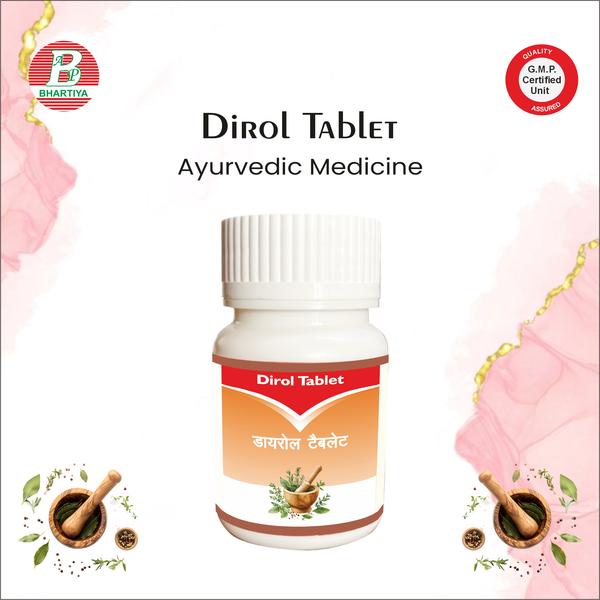                                  DIROL TABLET Product Identification•	Generic Name: Dirol Tablet•	Type: Ayurvedic Patent Medicine•	Primary Indication Area: Treatment of diarrhoea and amoebic infections of the intestines.Therapeutic Indications:•	Acute and chronic amoebiasis•	Amoebic dysentery•	Amoebic liver abscess•	Diarrhoea of various causes. Primary Benefit:•	The primary benefit of Dirol Tablet is relief from diarrhoea and intestinal amoebic infections, helping restore normal bowel function and reduce abdominal discomfort.Other Benefits:1.	Reduces abdominal cramps and paino	Diarrhoea and amoebic infections often cause cramping, bloating, and spasms in the gut. Diarrol helps relax the gut muscles and reduces irritation, easing pain.2.	Controls excessive bowel movementso	Frequent, watery stools can lead to fatigue and weakness. By improving stool consistency, Diarrol reduces the number of bowel movements, making daily activities easier.3.	Supports recovery from dehydrationo	Diarrhoea causes loss of fluids and electrolytes. By reducing stool frequency and severity, Diarrol indirectly helps the body maintain hydration and prevents complications like weakness or dizziness.4.	Prevents complications of amoebic infectionso	Untreated amoebiasis can spread to the liver, causing abscesses, or worsen intestinal inflammation. Early use of Diarrol can help manage the infection and reduce the risk of these complications.5.	Improves overall digestive comforto	By controlling infection and reducing irritation in the gut, it helps improve appetite, digestion, and general well-being during recovery. SHOREA ROBUSTA (Sal Tree) Botanical / Common Name: Shorea robusta / Sal TreeKey Phytoconstituents:•	Tannins•	Resins•	Flavonoids•	Phenolic compounds•	SterolsMechanism of Action in GIT / Diarrhoea / Constipation – Biochemistry / Pharmacology:1.	Astringent / Anti-Diarrhoeal Effecto	Tannins precipitate proteins in the intestinal mucosa.o	Reduces intestinal secretions and controls watery stools.o	Helps in acute and chronic diarrhoea.2.	Anti-inflammatory Effects on Gut Mucosao	Flavonoids and phenolic compounds reduce inflammation in intestinal lining.o	Relieves irritation, bloating, and abdominal discomfort associated with diarrhoea.3.	Antimicrobial / Gut Protective Propertieso	Resins and phenolic compounds inhibit growth of pathogenic gut bacteria.o	Helps restore healthy gut flora and prevents secondary infections.4.	Digestive Stimulant / Carminative Actiono	Some phytochemicals enhance digestive enzyme secretion.o	Improves digestion and absorption, preventing accumulation of undigested food.5.	Antioxidant Protectiono	Phenolic compounds scavenge free radicals in gut tissues.o	Maintains gut mucosa integrity and supports healing of minor lesions. MOCHRAS Botanical / Common Name: Bombax malabaricum / Silk Cotton TreeKey Phytoconstituents:•	Flavonoids•	Tannins•	Saponins•	Polysaccharides•	SterolsMechanism of Action in GIT / Constipation / Diarrhoea – Biochemistry / Pharmacology:1.	Mild Laxative Effecto	Saponins and polysaccharides stimulate intestinal motility.o	Increases water retention in stools, easing passage and reducing straining.2.	Digestive Stimulant / Carminative Actiono	Flavonoids enhance secretion of digestive enzymes.o	Improves digestion and absorption, preventing accumulation of undigested food.3.	Anti-inflammatory Effects on Gut Mucosao	Tannins and flavonoids reduce intestinal inflammation.o	Relieves abdominal discomfort, bloating, and irritation associated with constipation or mild diarrhoea.4.	Antioxidant Protectiono	Phenolic compounds scavenge free radicals in gut tissues.o	Supports gut mucosa integrity and healing of minor irritation or lesions.5.	Gut Microbiota Modulationo	Polyphenols may support growth of beneficial gut bacteria.o	Helps maintain regular bowel habits and overall gastrointestinal health. KUTAJ (Holarrhena antidysenterica) Botanical / Common Name: Holarrhena antidysenterica / KutajaKey Phytoconstituents:•	Alkaloids (Conessine, Conessimine)•	Tannins•	Flavonoids•	SterolsMechanism of Action in GIT / Diarrhoea / Amoebiasis – Biochemistry / Pharmacology:1.	Anti-Diarrhoeal / Astringent Effecto	Alkaloids and tannins reduce intestinal secretions.o	Helps control loose stools and acute diarrhoea.2.	Anti-Amoebic / Antiprotozoal Actiono	Conessine exhibits activity against Entamoeba histolytica.o	Interferes with protozoal metabolism, reducing infection load.3.	Anti-inflammatory Effectso	Flavonoids and tannins reduce inflammation in the intestinal mucosa.o	Alleviates abdominal pain, cramps, and irritation during diarrhoea.4.	Gut Protective / Mucosal Healingo	Phenolic compounds and sterols support intestinal mucosa integrity.o	Helps heal minor lesions caused by infection or inflammation.5.	Antimicrobial / Gut Flora Modulationo	Alkaloids and phenolics inhibit growth of pathogenic gut bacteria.o	Promotes balance of beneficial gut microbiota. HARITAKI Botanical / Common Name: Terminalia chebulaKey Phytoconstituents:•	Tannins•	Anthraquinones•	Glycosides•	FlavonoidsMechanism of Action in GIT / Constipation – Biochemistry / Pharmacology:1.	Natural Laxative / Purgative Effecto	Anthraquinones stimulate peristalsis in the colon.o	Promotes regular bowel movements and eases passage of stools.2.	Stool Softening & Lubricationo	Glycosides and tannins increase water retention in stools.o	Reduces straining and prevents constipation-related discomfort.3.	Digestive Stimulanto	Flavonoids enhance secretion of digestive enzymes.o	Improves digestion and assimilation of nutrients.4.	Anti-inflammatory & Gut Soothing Effectso	Tannins and flavonoids reduce irritation in the intestinal mucosa.o	Relieves abdominal discomfort, bloating, and mild gut inflammation.5.	Antimicrobial & Gut Protective Effectso	Tannins inhibit growth of pathogenic gut bacteria.o	Maintains healthy gut microbiota, reducing risk of infections.6.	Antioxidant Actiono	Phenolic compounds and flavonoids scavenge free radicals.o	Protects gut lining from oxidative damage and supports tissue repair. CHINI (Saccharum officinarum) Botanical / Common Name: Saccharum officinarum / Sugarcane SugarKey Phytoconstituents:•	Sucrose (main sugar)•	Glucose and Fructose•	Minor phenolic compounds•	Minerals (Calcium, Potassium, Magnesium)Mechanism of Action in GIT / Digestion – Biochemistry / Pharmacology:1.	Mild Digestive Stimulanto	Sugar acts as an energy source for gut cells.o	Supports metabolic activity and may improve mild digestive sluggishness.2.	Soothing / Protective Actiono	Can provide a mild osmotic effect in the gut when used in herbal syrups.o	Helps coat mucosa and reduce minor irritation in the stomach/intestines.3.	Gut Microbiota Modulationo	Small amounts may provide substrate for beneficial gut bacteria.o	Supports healthy gut flora balance (in moderation).4.	Mild Anti-inflammatory / Demulcent Effecto	Used in combination with herbs in classical formulations to reduce gut irritation.5.	Symptomatic Relief Supporto	Helps improve taste, palatability, and acceptance of herbal preparations.o	Indirectly supports compliance and consistent use of anti-diarrhoeal or digestive herbs. SANKH BHASMA Botanical / Common Name: Prepared calcined conch shell / Calcium carbonate (Ayurvedic formulation)Key Phytoconstituents / Chemical Composition:•	Calcium carbonate (CaCO₃) – main component•	Trace minerals depending on preparation (Magnesium, Iron, etc.)Mechanism of Action in GIT / Digestion / Constipation – Biochemistry / Pharmacology:1.	Antacid / Acid Neutralizero	Calcium carbonate reacts with gastric acid to form calcium chloride, carbon dioxide, and water.o	Helps neutralize excess stomach acid and relieve acidity or heartburn.2.	Mild Constipation Relief / Digestive Supporto	Provides calcium ions that may mildly stimulate intestinal activity.o	Helps soften stools in certain formulations when combined with other herbs.3.	Gut Protective / Mucosal Supporto	Forms a protective coating over the gut lining.o	Reduces irritation from acidity or mild inflammation.4.	Alkalinizing Effecto	Increases systemic and gut alkalinity, which can improve digestive enzyme activity.o	Supports overall digestive function.5.	Symptomatic Relief in Dyspepsia / Gastric Disorderso	Reduces bloating, acidity, and minor abdominal discomfort.o	Often combined with herbal formulations for enhanced gut healing and comfort. TAMARIX GALICA Botanical / Common Name: Tamarix gallica / French TamariskKey Phytoconstituents:•	Tannins•	Flavonoids•	Gallic acid•	Saponins•	Phenolic compoundsMechanism of Action in GIT / Diarrhoea / Constipation – Biochemistry / Pharmacology:1.	Astringent / Anti-Diarrhoeal Effecto	Tannins and gallic acid precipitate proteins in the intestinal mucosa.o	Reduces intestinal secretions, controlling loose stools.2.	Anti-inflammatory Effects on Gut Mucosao	Flavonoids and phenolic compounds reduce inflammation in intestinal lining.o	Relieves abdominal discomfort, irritation, and bloating associated with diarrhoea.3.	Mild Laxative / Digestive Support (optional)o	Saponins may slightly stimulate intestinal motility, supporting regular bowel habits if constipation is present after infection.4.	Antimicrobial / Gut Protective Propertieso	Tannins and phenolic compounds inhibit pathogenic gut bacteria.o	Helps maintain healthy gut microbiota and prevents secondary infections.5.	Antioxidant Protectiono	Phenolic compounds scavenge free radicals in gut tissues.o	Supports healing of intestinal mucosa and overall gut health. LODHRA (Symplocos racemosa) Botanical / Common Name: Symplocos racemosa / LodhraKey Phytoconstituents:•	Tannins (Symplocin, Racemosol)•	Flavonoids•	Glycosides•	SterolsMechanism of Action in GIT / Diarrhoea / Dysentery – Biochemistry / Pharmacology:1.	Anti-Diarrhoeal / Astringent Effecto	Tannins precipitate proteins in the intestinal mucosa.o	Reduces excess intestinal secretions, controlling loose stools.2.	Anti-inflammatory Effects on Gut Mucosao	Flavonoids and tannins reduce intestinal inflammation.o	Relieves abdominal cramps, irritation, and bloating associated with diarrhoea.3.	Antimicrobial / Gut Protective Propertieso	Tannins and phenolic compounds inhibit growth of pathogenic gut bacteria.o	Supports healthy gut microbiota and prevents secondary infections.4.	Digestive Stimulant / Carminative Effecto	Glycosides and flavonoids enhance digestive enzyme activity.o	Improves digestion, preventing accumulation of undigested food and gas formation.5.	Antioxidant Protectiono	Phenolic compounds scavenge free radicals in gut tissues.o	Supports mucosal healing and maintains overall gastrointestinal health. SHUDH GANDHAK Botanical / Common Name: Purified Sulfur / Shuddha GandhakKey Phytoconstituents / Chemical Composition:•	Sulfur (S₈) – main component•	Trace minerals depending on purificationMechanism of Action in GIT / Digestion / Anti-Microbial – Biochemistry / Pharmacology:1.	Anti-Microbial / Gut Protective Effecto	Sulfur has bactericidal and fungicidal properties.o	Helps reduce pathogenic gut bacteria, supporting intestinal health.2.	Detoxifying Actiono	Promotes metabolic detoxification, aiding in the removal of toxins from the gut and body.o	Supports liver and gastrointestinal function indirectly.3.	Mild Anti-inflammatory Effectso	Reduces gut inflammation caused by infection or irritation.o	Helps relieve abdominal discomfort and bloating.4.	Gut Motility and Digestive Supporto	Stimulates digestive enzyme activity mildly, aiding digestion and nutrient absorption.o	May support regular bowel movements when combined with other herbs.5.	Support of Gut Mucosa Healingo	Helps maintain intestinal lining integrity.o	Assists in healing minor lesions or irritation in the digestive tract.Dosage: •	Adults: 2–3 tablets, thrice a day after meals•	Children: 1–2 tablets, thrice a day after meals•	With water: Swallow tablets with plain water.•	Optional: Can be taken with warm milk if preferred or recommended by the physician.•	Timing: After meals, preferably at night before bedtime for best effect on gut motility and digestion. Precautions•	Do not exceed the prescribed dose.•	Consult a doctor before use in:o	Childreno	Elderlyo	Patients with chronic illnesses (liver, kidney, or heart conditions)•	Maintain adequate hydration and a fibre-rich diet for optimal results.•	Use as part of a comprehensive management plan for piles, hemorrhoids, diarrhoea, or other gut-related issues.•	Report any adverse reactions (e.g., nausea, abdominal discomfort, allergy) to a doctor immediately.dirol tablet uses, diarol tablet, dirol tablet amazondirol tablet ad, dirol tablet amazon indiadirol tablet all, dirol tablet benefitsdirol tablet buy, dirol tablet buy onlinedirol tablet composition, dirol tablet companydirol tablet content, dirol tablet dosedirol tablet extra, dirol tablet full formdirol tablet for, dirol tablet for saledirol tablet for skin, dirol tablet gst ratedirol tablet gold, dirol tablet gst numberdirol tablet gst, dirol tablet gumdirol tablet hindi, dirol tablet hsn codedirol tablet hd, dirol tablet how to usedirol tablet hs code, dirol tablet indiamartdirol tablet image, dirol tablet indiadirol tablet in hindi, dirol tablet japandirol tablet jiomart, dirol tablet jointdirol tablet jio, dirol tablet kis kaam aati haidirol tablet kya kam karta hai, dirol tablet kya haidirol tablet list, dirol tablet logindirol tablet logo, dirol tablet labeldirol tablet manufacturer, dirol tablet manufacturers in indiadirol tablet mrp, dirol tablet name, dirol tablet numberdirol tablet new, dirol tablet nutritiondirol tablet online shopping, dirol tablet onlinedirol tablet online order, dirol tablet pricedirol tablet price in india, dirol tablet qatardirol tablet quality, dirol tablet quantitydirol tablet q10, dirol tablet reviewdirol tablet rate, dirol tablet tabdiarol 500 tablet uses in hindi, dirol tablet vitamindirol tablet wholesale, dirol tablet wholesale pricedirol tablet xtra
