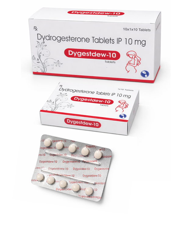 Dygestdew-10 Tablets contain Dydrogesterone 10 mg, a synthetic progesterone hormone used to support women's reproductive health. It is commonly prescribed in conditions related to progesterone deficiency such as irregular menstrual cycles, threatened miscarriage, infertility support, painful periods, and hormonal imbalance. This medicine helps maintain the normal growth of the uterine lining and supports pregnancy when advised by a doctor.