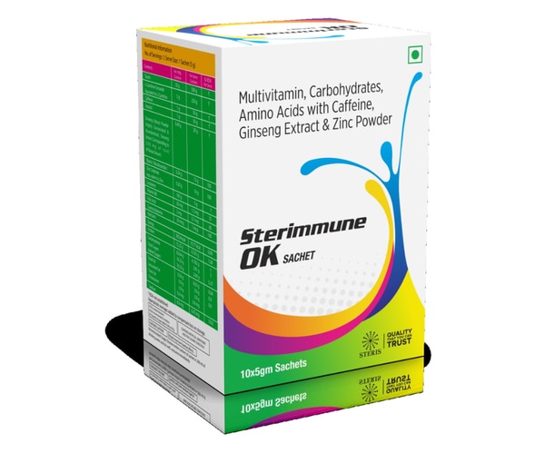 STERIMMUNE OK is a premium supplement formulated to boost energy, enhance immune function, and promote overall wellness. This powerful blend combines essential Multivitamins, Carbohydrates, Amino Acids with Caffeine, Ginseng Extract, and Zinc Powder, delivering a balanced profile of nutrients and active compounds designed to support physical endurance, mental clarity, and a robust immune system. Ideal for those seeking to optimize daily performance and maintain vitality, STERIMMUNE OK is a valuable addition to any wellness routine.  Key Benefits: Enhanced Immune Support: Multivitamins and zinc contribute to a well-functioning immune system, helping to fend off common illnesses.Increased Energy Levels: Carbohydrates provide sustained energy, while caffeine offers a quick mental and physical boost.Improved Mental Focus: Ginseng and caffeine work synergistically to enhance focus and cognitive performance.Muscle Repair and Recovery: Amino acids support muscle repair, helping to prevent fatigue and promote recovery after physical activity.Stress Management: Ginseng acts as an adaptogen, helping the body manage stress and promoting a balanced mood. How Does It Work? STERIMMUNE OK works by delivering a comprehensive blend of nutrients that target various physiological needs. Multivitamins and zinc work at a cellular level to strengthen immunity and support essential body functions, while carbohydrates provide sustained energy. The amino acids aid muscle repair, and the added caffeine delivers an instant energy boost. Ginseng extract helps the body adapt to stress, enhances mental focus, and promotes sustained energy without jitters. Directions for Use: Dosage: Take as directed on the product packaging or by a healthcare professional.Timing: It is generally recommended to take this supplement with meals to maximize nutrient absorption.Precautions: Avoid taking close to bedtime due to caffeine content, which may interfere with sleep. Side Effects: Potential Mild Reactions: Some individuals may experience mild side effects such as nausea, jitteriness (due to caffeine), or stomach upset.Allergic Reactions: If allergic to any ingredients, consult a healthcare provider before use.Precautions for Sensitive Individuals: Those sensitive to caffeine may want to adjust the dose or avoid other sources of caffeine while using this product.