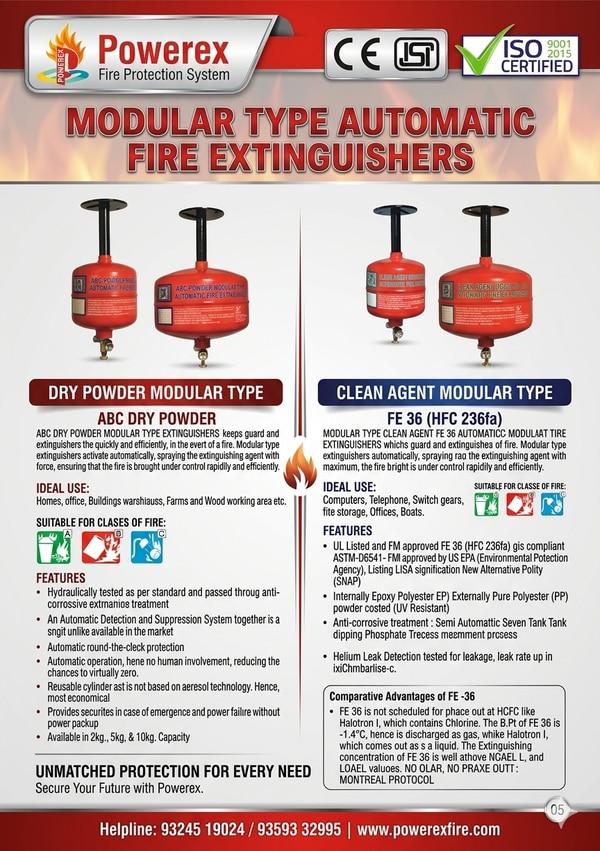 Modular fire extinguishers are automatic ceiling mounted fire suppression systems that activate without human intervention, provide rapid and reliable fire protection in critical or unmanned area.