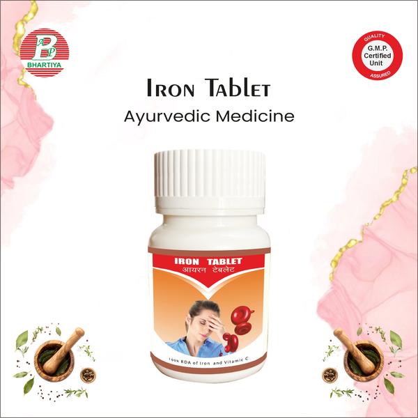                                         IRON TABLET Product Identification•	Generic Name: Iron Tablet•	Type: Ayurvedic Patent Medicine•	Primary Indication Area: To prevent or treat iron-deficiency anaemia and restore haemoglobin levels.Therapeutic IndicationsUsed for the prevention and treatment of iron-deficiency anaemia, including cases due to menstrual blood loss, nutritional deficiency, or increased physiological demand, and to restore normal haemoglobin and iron levels.Key benefits include:Primary Benefit:•	Restores iron levels and improves haemoglobin, reducing fatigue and weakness associated with iron-deficiency anaemia.Additional Benefits:1. Reduces fatigue, weakness, and dizzinessIron is a key component of haemoglobin, which carries oxygen in the blood. Low iron leads to anaemia, causing:•	Persistent tiredness•	Muscle weakness•	Light-headedness or dizzinessIron supplementation restores haemoglobin, allowing oxygen to be delivered efficiently to tissues, reducing these symptoms.2. Supports overall energy and vitality•	Adequate iron levels help maintain metabolic efficiency and cellular energy production.•	Women with heavy menstrual bleeding or nutritional deficiency often feel lethargic; iron replenishment improves stamina and daily functioning.3. Enhances concentration and cognitive function•	Iron deficiency affects brain function, leading to poor concentration, forgetfulness, and reduced mental performance.•	Supplementing iron supports oxygen supply to the brain, improving focus, memory, and cognitive alertness.4. Helps in recovery after blood loss•	Iron tablets are crucial for rebuilding iron stores after:o	Heavy menstruationo	Surgery or minor injurieso	Pregnancy or childbirth•	This ensures faster recovery and prevents recurrent anaemia.5. Supports immune function (additional bonus)•	Iron is also needed for healthy immune cell function.•	Restoring iron levels can indirectly improve resistance to infections that may be more common in anaemic individuals.Ingredients: Lauh Bhasma Type: Ayurvedic herbo-mineral (Bhasma) medicinePrimary Indication / Use:•	Iron-deficiency anaemia•	Symptoms such as fatigue, weakness, pallor, and dizziness•	Restores haemoglobin and iron levelsPrimary Benefit:•	Replenishes iron and corrects anaemiaAdditional Benefits:•	Reduces fatigue, weakness, and dizziness associated with low haemoglobin•	Supports overall energy, vitality, and metabolic functions•	Enhances concentration and cognitive function affected by anaemia•	Aids recovery after blood loss (e.g., heavy menstruation, childbirth)•	Supports immune function indirectly by restoring iron-dependent enzymatic activityDosage:•	Usually 30–250 mg daily, depending on formulation and practitioner guidance•	Often taken with warm water, honey, or as directed by an Ayurvedic physicianPrecautions:•	Take under Ayurvedic practitioner supervision•	Avoid overdose, as excess iron may cause digestive upset or toxicity•	Not recommended in cases of hemochromatosis or severe liver disease Amla (Phyllanthus emblica) Type: Ayurvedic herbal medicine (fruit)Primary Indication / Use:•	Rejuvenation and blood health•	Supports digestion, immunity, and antioxidant protection•	Helpful in fatigue and mild anaemiaPrimary Benefit:•	Boosts haemoglobin and overall blood healthAdditional Benefits:•	Reduces fatigue and weakness during menstruation•	Alleviates mild menstrual cramps through anti-inflammatory effects•	Supports digestion and nutrient absorption, improving general well-being•	Enhances immunity due to high vitamin C and antioxidant content•	Acts as a general rejuvenator (Rasayana) for women’s healthDosage:•	1–3 g powder or 1–2 tsp juice daily, as directed by an Ayurvedic practitioner•	Can be taken with warm water, honey, or milkPrecautions:•	Take under Ayurvedic guidance for therapeutic doses•	May have mild laxative effects if taken in excess•	Avoid if allergic to fruits in the Phyllanthaceae family Bhringraj (Eclipta alba / Eclipta prostrata) Type: Ayurvedic herbal medicine (whole plant or leaf extract)Primary Indication / Use:•	Hair and liver health•	Traditionally used for jaundice, liver disorders, and promoting hair growth•	Supports detoxification and rejuvenation (Rasayana)Primary Benefit:•	Supports liver function and detoxificationAdditional Benefits:•	Promotes healthy hair growth and prevents premature graying•	Provides antioxidant and anti-inflammatory support, protecting liver and overall health•	May help alleviate mild jaundice by improving bile flow•	Supports general rejuvenation and vitalityDosage:•	1–3 g powder or 1–2 tsp juice daily, or as directed by an Ayurvedic practitioner•	Can be taken with water, milk, or honeyPrecautions:•	Take under Ayurvedic practitioner guidance•	Avoid overdose, as it may cause mild gastrointestinal upset in sensitive individuals•	Use cautiously in pregnancy or lactationDosage:1.	Dose per intake: 1–2 tablets2.	Frequency: Twice a day (morning & evening)3.	Total daily dose: 2–6 tablets per day-(For 500 mg tablets, this equals 1–3 g/day)4.	How to take: With water, preferably after meals to reduce gastric irritation and improve absorption5.	Precautionso	Do not exceed the prescribed doseo	Monitor for side effectsConsult an Ayurvedic practitioner for:o	Childreno	Elderlyo	Chronic illnesses  iron tablets, iron tablets for women, iron tablets usesiron tablets names, iron tablets for men, iron tablets priceiron tablets for hair, iron tablets benefits, iron tablet after foodiron tablet at night, iron tablet after milk, iron tablet ayurvediciron tablet and folic acid, iron tablet benefits, iron tablet brand nameiron tablet before or after food, iron tablet brandsiron tablet best time to take, iron tablet brands in indiairon tablet best, iron tablet brand name in indiairon tablet benefits in hindi, iron tablet compositioniron tablet colour, iron tablet can be taken at nightiron tablet consuming time, iron tablet containsiron tablet dose, iron tablet dosage per dayiron tablet dose for adults, iron tablet daily doseiron tablet during periods, iron tablet dosage for womeniron tablet dr reddy, iron tablet effects, iron tablet eating timeiron tablet expiry date, iron tablet for women, iron tablet for meniron tablet for kids, iron tablet generic nameiron tablet government, iron tablet govt supplyiron tablet generic, iron tablet how to takeiron tablet hindi, iron tablet how many times a dayiron tablet helps in, iron tablet how to consumeiron tablet image, iron tablet india, iron tablet in hindiiron tablet just after meal, iron tablet japaniron tablet jamaica, iron tablet joint pain, iron tablet kab lena chahiyeiron tablet kaise le, iron tablet kab khana chahiyeiron tablet khane ke fayde, iron tablet kis time khana chahiyeiron tablet ke fayde, iron tablet kaise khayeiron tablet kis kaam aati hai, iron tablet lene ke faydeiron tablet low price, iron tablet lene ka sahi tarikairon tablet mg, iron tablet means, iron tablet morning or nightiron tablet medicine, iron tablet men, iron tablet nameiron tablet names in india, iron tablet name listiron tablet normal dose, iron tablet name in hindiiron tablets quantity, iron medicine qatariron tablet rate, best iron tablets for menbest iron tablets in india
