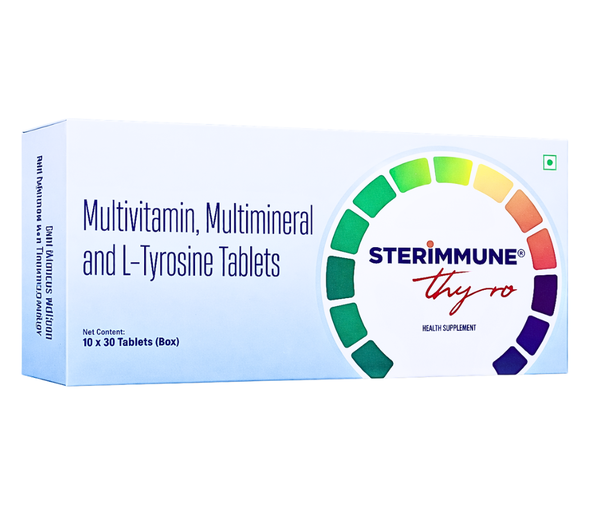 STERIMMUNE THYRO is a thoughtfully formulated nutritional supplement designed to support thyroid health, immune resilience, metabolic balance, and overall vitality. Combining a powerful blend of essential multivitamins, multiminerals, and the amino acid L-Tyrosine, this advanced formula is crafted for individuals seeking comprehensive nutritional support in today’s fast-paced lifestyle.Modern diets, environmental stressors, and irregular routines can often leave the body depleted of critical nutrients. STERIMMUNE THYRO helps bridge these nutritional gaps and provides targeted support for thyroid function, energy production, cognitive performance, and immune defense — all in one convenient tablet.Product OverviewSTERIMMUNE THYRO is a premium health supplement that integrates:Essential Multivitamins – Including key vitamins such as Vitamin A, B-complex vitamins, Vitamin C, Vitamin D, and Vitamin E.Vital Multiminerals – Including zinc, selenium, iodine, magnesium, iron, and other trace minerals.L-Tyrosine – A non-essential amino acid that plays a crucial role in the production of thyroid hormones and neurotransmitters.Together, these nutrients work synergistically to promote metabolic harmony, support hormonal balance, strengthen immunity, and enhance mental clarity.How STERIMMUNE THYRO Works1. Supports Thyroid FunctionThe thyroid gland requires specific nutrients to function properly. Minerals such as iodine and selenium are essential for the synthesis and regulation of thyroid hormones. L-Tyrosine serves as a building block for thyroxine (T4) and triiodothyronine (T3), the primary hormones responsible for regulating metabolism.By supplying these vital components, STERIMMUNE THYRO helps maintain optimal thyroid activity and supports healthy metabolic processes.2. Enhances Energy ProductionB-complex vitamins play a critical role in converting carbohydrates, fats, and proteins into usable energy. Individuals experiencing fatigue, sluggishness, or low stamina may benefit from consistent nutritional support.STERIMMUNE THYRO assists in reducing tiredness and promoting sustained energy throughout the day.3. Boosts Immune DefenseVitamins C, D, and E, along with zinc and selenium, contribute significantly to immune function. These nutrients help protect cells from oxidative stress and support the body’s natural defense mechanisms.Regular supplementation may help strengthen immunity and improve resilience against common infections.4. Improves Cognitive Function and MoodL-Tyrosine is a precursor to important neurotransmitters such as dopamine, norepinephrine, and epinephrine. These chemicals are responsible for mood regulation, mental alertness, and stress response.By supporting neurotransmitter synthesis, STERIMMUNE THYRO may help enhance focus, memory, and emotional balance.5. Promotes Hair, Skin, and Nail HealthDeficiencies in vitamins and minerals can lead to brittle nails, dull hair, and dry skin. The combination of antioxidants, biotin, zinc, and other essential nutrients helps maintain healthy skin texture, stronger hair, and overall aesthetic well-being.Key Benefits of STERIMMUNE THYROSupports healthy thyroid hormone productionHelps regulate metabolism naturallyEnhances physical energy and staminaReduces fatigue and weaknessStrengthens immune functionImproves mental focus and claritySupports stress managementPromotes healthy hair, skin, and nailsHelps maintain overall nutritional balanceRecommended UsageSTERIMMUNE THYRO tablets are typically taken once daily after meals or as directed by a healthcare professional. Consistent use is recommended for optimal results.It is important to follow the dosage guidelines provided on the packaging or prescribed by a medical expert, particularly for individuals with existing thyroid conditions.Who Can Benefit from STERIMMUNE THYRO?Individuals with increased nutritional demandsPeople experiencing fatigue or low energyThose seeking thyroid supportIndividuals with stress-related mental exhaustionAdults aiming to strengthen their immune systemPeople with dietary gaps or restrictive eating patternsPossible Side EffectsSTERIMMUNE THYRO is generally well tolerated when taken as directed. However, like all nutritional supplements, some individuals may experience mild side effects.Possible side effects may include:Mild gastrointestinal discomfortNausea if taken on an empty stomachHeadache in sensitive individualsRestlessness (rare, due to L-Tyrosine)Allergic reactions in case of ingredient sensitivityExcessive intake of vitamins or minerals beyond recommended doses may lead to toxicity. Therefore, it is important not to exceed the suggested dosage.PrecautionsIndividuals with diagnosed thyroid disorders should consult a healthcare provider before use.Pregnant or breastfeeding women should seek medical advice prior to supplementation.Those taking thyroid medications should avoid self-adjusting doses and consult their physician.People with hypertension or psychiatric conditions should use cautiously due to L-Tyrosine content.Storage InstructionsStore in a cool, dry place away from direct sunlight.Keep out of reach of children.Ensure the container is tightly closed after use.Why Choose STERIMMUNE THYRO?STERIMMUNE THYRO stands out because of its comprehensive approach. Rather than offering isolated nutrients, it delivers a balanced formula that supports multiple body systems simultaneously.Its unique combination of multivitamins, multiminerals, and L-Tyrosine makes it especially suitable for individuals who need:Thyroid nutritional supportDaily immune protectionEnhanced metabolic functionImproved cognitive performanceOverall vitality and wellnessBy addressing root nutritional deficiencies, STERIMMUNE THYRO promotes holistic well-being rather than temporary symptom relief.ConclusionIn today’s demanding world, maintaining optimal thyroid function, strong immunity, and consistent energy levels is essential for a productive and healthy life. Nutritional deficiencies and stress can compromise these vital systems, leading to fatigue, weakened immunity, and hormonal imbalance.