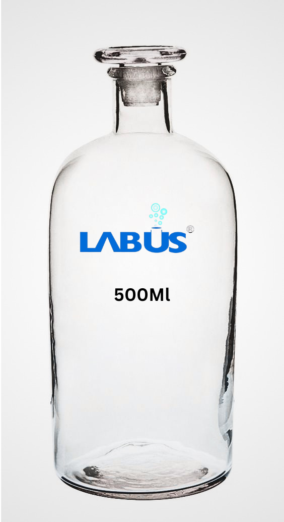 This reagent bottle with glass stopper is a high-quality laboratory container designed for the safe storage of chemicals and liquid solutions. Made from durable clear glass, it provides excellent visibility of contents while offering good resistance to chemical reactions and temperature variations.
The bottle is fitted with a precisely ground glass stopper that ensures an airtight seal, preventing contamination, evaporation, and moisture entry. Its smooth finish and sturdy construction make it ideal for repeated use in laboratory environments.
Widely used in schools, colleges, research laboratories, and industrial settings, this bottle is suitable for storing reagents, prepared solutions, and sensitive chemicals that require secure sealing.