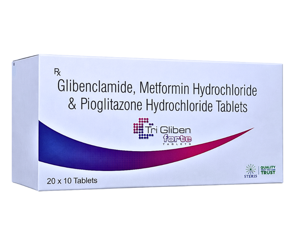TRI GLIBEN FORTE  Glibenclamide (5mg), Metformin HCI (500mg), Pioglitazone (15mg)TRI GLIBEN FORTE is a combination medication containing Glibenclamide, Metformin HCI, and Pioglitazone. This combination is commonly prescribed for the management of type 2 diabetes mellitus, a condition characterized by high blood sugar levels due to insulin resistance or inadequate insulin production.Glibenclamide (5mg): Glibenclamide belongs to the sulfonylurea class of medications. It works by stimulating the pancreas to release insulin, thereby lowering blood sugar levels. Glibenclamide also helps the body use insulin more effectively.Metformin HCI (500mg): Metformin is a biguanide medication that reduces glucose production in the liver, decreases intestinal glucose absorption, and enhances insulin sensitivity in peripheral tissues. It is a first-line treatment for type 2 diabetes and helps improve overall glycemic control.Pioglitazone (15mg): Pioglitazone is a thiazolidinedione medication that improves insulin sensitivity in muscle and adipose (fat) tissues. It reduces glucose production in the liver and enhances glucose uptake in peripheral tissues, leading to better blood sugar control.Key Benefits of TRI GLIBEN FORTE:Comprehensive Glucose Control: The combination of Glibenclamide, Metformin HCI, and Pioglitazone targets multiple pathways involved in glucose metabolism, providing comprehensive control over blood sugar levels.Stimulates Insulin Release: Glibenclamide stimulates insulin secretion from the pancreas, especially after meals, helping to regulate postprandial (after-meal) glucose spikes.Improves Insulin Sensitivity: Metformin and Pioglitazone improve insulin sensitivity in cells, allowing for better utilization of glucose and reducing insulin resistance.Reduces Hepatic Glucose Production: Metformin and Pioglitazone both reduce the production of glucose in the liver, helping to lower fasting blood sugar levels.Cardiometabolic Benefits: Pioglitazone may have additional benefits for cardiovascular health, such as reducing inflammation and improving lipid profiles.Dosage and Administration:The typical dosage of TRI GLIBEN FORTE is one tablet taken orally once or twice daily, as prescribed by your healthcare provider.It is usually taken with meals to reduce the risk of gastrointestinal side effects.Follow your doctor's instructions regarding dosage adjustments based on your blood sugar levels and response to treatment.For further information: EMAIL:  info@sterispharma.com  / contact@sterispharma.com    CALL/WHATSAPP: 7877551268, 7849827488   Order Nowhttps://www.sterisonline.com/product/tri-gliben-forte-133450