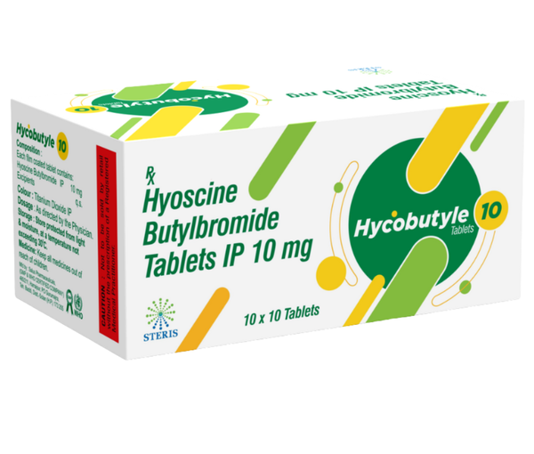 HYCOBUTYLE 10  Hyoscine Butylbromide tablet IPHyoscine Butylbromide Tablet IP, commonly known by the brand name HYCOBUTYLE, is a medication used primarily to relieve abdominal pain and cramping. It belongs to a class of drugs known as antispasmodics, which work by relaxing the muscles in the gastrointestinal tract and other organs. This helps in alleviating pain associated with various gastrointestinal and genitourinary disorders. Uses and Benefits:Hyoscine Butylbromide Tablet IP is effective in treating a range of conditions where muscle spasms are a major concern. It is frequently prescribed for:Abdominal Cramps: By reducing smooth muscle contractions, Hyoscine Butylbromide alleviates pain from cramps in the stomach or intestines.Irritable Bowel Syndrome (IBS): This condition often involves painful muscle spasms in the intestines. Hyoscine Butylbromide helps ease these symptoms and improve comfort.Biliary and Renal Colic: The medication can be beneficial in relieving pain associated with gallstones or kidney stones by relaxing the smooth muscles of the bile ducts or ureters. Dosage and Administration:The dosage of Hyoscine Butylbromide Tablet IP typically depends on the severity of the condition and the patient's response to treatment. For adults, the usual dose is one tablet taken three to four times daily, as needed. It is important to follow the healthcare provider's instructions and not exceed the recommended dose to avoid potential side effects.Hyoscine Butylbromide should be taken with a full glass of water. If the symptoms persist or worsen, it is advisable to consult a healthcare professional for further evaluation and management. Side Effects:Like all medications, Hyoscine Butylbromide Tablet IP may cause side effects, although not everyone experiences them. Common side effects include:Dry Mouth: Due to its anticholinergic properties, the drug may reduce saliva production.Constipation: The medication may slow down bowel movements in some individuals.Blurred Vision: This can occur due to the effect of the drug on the eye muscles.Serious side effects are rare but can include allergic reactions or severe gastrointestinal issues. If any unusual symptoms occur, it's important to seek medical attention promptly.For further information: EMAIL:  info@sterispharma.com  / contact@sterispharma.com    CALL/WHATSAPP: 7877551268, 7849827488  Order NOW