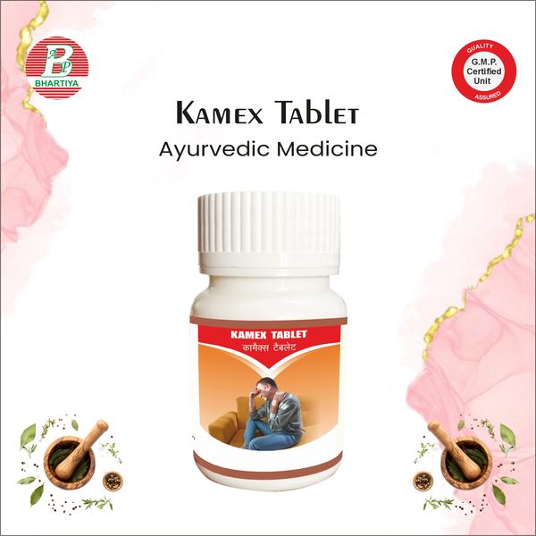                                   KAMEX TABLET Product Identification•	Generic Name: Kamex Tablet•	Type: Ayurvedic Patent Medicine•	Primary Indication Area: Enhancement of male sexual health — specifically libido, stamina, erectile function, and overall sexual performance.Therapeutic Indications:•	Low libido / reduced sexual desire•	Erectile dysfunction / weak erections•	Premature ejaculation (in some formulations)•	Poor sperm quality or low sperm count•	General weakness, debility, and reduced stamina•	Support for male reproductive health and vitality Primary Benefit:•	Enhances male sexual performance by improving libido, erectile function, and overall sexual stamina.Other Benefits:1.	Improvement in Sperm Quality and Counto	Herbal constituents like Gokhru and Safed Musli act as antioxidants, reducing oxidative stress in testes.o	Protects sperm DNA and membranes, enhancing motility, viability, and overall sperm health.o	Supports fertility in men with low sperm count or poor semen parameters.2.	Reduction of Sexual Fatigue / Debilityo	Adaptogens such as Ashwagandha and Akarkara improve energy metabolism and stress resilience.o	Helps in reducing post-coital fatigue, improving sexual endurance and performance.o	Supports overall physical and mental stamina, indirectly enhancing sexual vigor.Sat Mulethi (Glycyrrhiza glabra) Key Phytoconstituents:•	Glycyrrhizin (saponin)•	Flavonoids•	Triterpenoids•	PolysaccharidesMechanism of Action in Respiratory Health / Cough & Cold1.	Expectorant Effect•	Glycyrrhizin and saponins stimulate secretion in the respiratory tract.•	Thins mucus, making coughs more productive and relieving chest congestion.2.	Demulcent / Soothing Action•	Polysaccharides form a protective coating on throat and respiratory mucosa.•	Reduces irritation and soreness from coughs and colds.Pippali (Piper longum) Key Phytoconstituents:•	Piperine•	Volatile oils•	Alkaloids•	FlavonoidsMechanism of Action in Respiratory / Digestive Health1.	Respiratory Stimulant / Expectorant•	Piperine and volatile oils stimulate bronchial secretions.•	Helps loosen mucus, making coughs more productive and relieving chest congestion.2.	Bronchodilator / Anti-inflammatory Effects•	Reduces inflammation in the respiratory tract.•	Supports easier breathing in conditions like mild bronchitis or cold. Saunf (Foeniculum vulgare) Key Phytoconstituents:•	Anethole (essential oil)•	Fenchone•	Flavonoids•	Phenolic compounds•	FiberMechanism of Action in Digestive / Respiratory Health1.	Carminative / Digestive Stimulant•	Anethole and fenchone stimulate digestive enzyme secretion.•	Helps relieve bloating, indigestion, and flatulence.2.	Mild Laxative Effect•	Dietary fiber and phytochemicals promote bowel movement, easing mild constipation.Cydonia oblonga (Quince) Key Phytoconstituents:•	Pectin (soluble fiber)•	Tannins•	Flavonoids•	Vitamins (Vitamin C)•	Organic acidsMechanism of Action in Digestive / Respiratory Health1.	Mild Laxative / Digestive Support•	Pectin and fiber absorb water, softening stools.•	Helps relieve mild constipation and improve bowel regularity.2.	Demulcent / Soothing Effect on Gut•	Tannins and mucilage coat the intestinal lining.•	Reduces irritation, bloating, and discomfort associated with digestive issues. Banfsha (Viola odorata) Key Phytoconstituents:•	Mucilage•	Flavonoids•	Saponins•	Alkaloids (e.g., viroten)•	Essential oilsMechanism of Action in Respiratory / Cough & Cold1.	Demulcent / Soothing ActionMucilage coats the throat and respiratory mucosa.•	Soothes irritation and dryness, reducing cough reflex.2.	Expectorant Effect•	Saponins and mucilage help loosen and thin mucus.•	Aids productive cough and mucus clearance from chest.Sugar (Saccharum officinarum / refined sugar) Key Phytoconstituents:•	Sucrose (main component)•	Minor minerals (potassium, calcium, magnesium in unrefined forms)Mechanism of Action in Traditional / Supportive Health Uses1.	Demulcent / Soothing Effect•	Sugar is often used in syrups to soothe the throat and reduce irritation during coughs or colds.•	Provides a coating effect, making cough medicines more palatable and milder on throat mucosa.2.	Energy Source / Quick Calorie Supply•	Provides rapid energy for the body during illness or weakness.•	Helps support stamina during recovery from minor ailments.Sat Pudina (Mentha spicata / Spearmint) Key Phytoconstituents:•	Menthol•	Menthone•	Flavonoids•	Essential oils•	Phenolic compoundsMechanism of Action in Digestive / Respiratory Health1.	Digestive Stimulant / Carminative•	Menthol and essential oils stimulate digestive secretions.•	Helps relieve indigestion, bloating, and flatulence.2.	Antispasmodic / Gut Relaxant•	Relaxes smooth muscles of the gastrointestinal tract.•	Reduces abdominal cramps, colic, and discomfort. Saunf Oil (Foeniculum vulgare Seed Oil / Fennel Oil) Key Phytoconstituents:•	Anethole (major essential oil)•	Fenchone•	Estragole•	Limonene•	FlavonoidsMechanism of Action in Digestive / Respiratory Health1.	Carminative / Digestive Stimulant•	Anethole and fenchone stimulate digestive secretions.•	Helps relieve bloating, indigestion, and flatulence.2.	Antispasmodic / Smooth Muscle Relaxant•	Relaxes gastrointestinal smooth muscles.•	Reduces colic, cramps, and abdominal discomfort.Nilgiri Oil (Eucalyptus globulus Oil / Eucalyptus Oil) Key Phytoconstituents:•	Eucalyptol (1,8-cineole)•	α-Pinene•	Limonene•	Flavonoids (minor)•	Tannins (minor)Mechanism of Action in Respiratory Health1.	Expectorant / Mucolytic•	Eucalyptol stimulates bronchial secretions.•	Loosens and thins mucus, aiding productive cough and relieving chest congestion.2.	Anti-inflammatory Effects•	Reduces inflammation in the respiratory tract.•	Helps relieve throat irritation, mild bronchial inflammation, and congestion.Dosage•	1–2 tablets, 2–3 times a day after food.•	Follow label instructions or healthcare provider’s advice for exact dosing.Precautions:•	Check for allergies to herbal ingredients (licorice, mulethi, peppermint, etc.).•	Pregnant or lactating women, children, or patients with chronic illness should consult a physician.•	Do not exceed recommended dose; herbal products can vary in strength.Administration Tip:•	Take with warm water.kamax tablet, kamex tablet amazon, kamex tablet alternative in indiakamex tablet amazon india, kamex tablet benefits, kamex tablet brand namekamex tablet buy, kamex tablet benefits in hindi, kamex tablet buy onlinekamex tablet company, kamex tablet composition, kamex tablet contentkamex tablet company details, kamex tablet catalogue pdfkamex tablet download, kamex tablet dosage, kamex tablet dosekamex tablet dose per day, kamex tablet expiry datekamex tablet free download, kamex tablet goldkamex tablet gst rate, kamex tablet generic namekamex tablet good or bad, kamex tablet hindikamex tablet how to use, kamex tablet holderkamex tablet hsn code, kamex tablet indiakamex tablet indiamart, kamex tablet in hindikamex tablet image, kamex tablet jiomartkamex tablet jio, kamex tablet jobkamex tablet ke fayde in hindi, kamex tablet kis kaam aati haikamex tablet ke fayde, kamex tablet kya kam karta haikamex tablet list, kamex tablet logo, kamex tablet loginkamex tablet label, kamex tablet list pdf, kamex tablet manufacturerkamex tablet mrp, kamex tablet manufacturing companykamex tablet meaning, kamex tablet name, kamex tablet newkamex tablet online shopping, kamex tablet onlinekamex tablet owner, kamex tablet owner namekamex tablet price, kamex tablet price in indiakamex tablet quality, kamex tablet quantitykamex tablet review, kamex tablet ratekamex tablet review in hindi, kamex tablet tabletkamex tablet uses in hindi, kamex tablet useskamex tablet which company, kamex tablet zeptodoes kamex tablet work, best kamex tablet in indiabest kamex tablets, top kamex tabletstop kamex tablet price, top kamex tablet in india