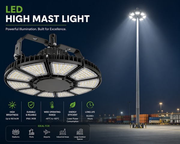 Mast Height	12 mTotal Wattage	240 WLighting Color	Warm WhiteLight Block Color	WhiteUsage/Application	StadiumSystem Voltage	230 V ACCCT	4000 KPole Type	Single armLighting Type	IncandascentBeam Angle	NarrowCountry of Origin	Made in Indiawe “Purpleses Energy Private Limited” are recognized as the prominent manufacturer and distributor of LED Street Light, LED Flood Light, Solar Street Light, High Bay LED Light, etc