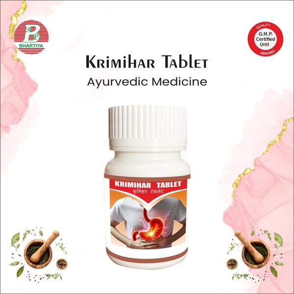                                   KRIMIHAR TABLET Product Identification•	Generic Name: KrimiharTablet•	Type: Ayurvedic Patent Medicine•	Primary Indication Area: Treatment and prevention of intestinal worm infestations (helminthiasis).Therapeutic Indications:•	Used for: Treatment of intestinal worm (helminth) infections•	Effective against: Roundworms, threadworms, tapeworms, and hookworms•	Purpose: Helps expel worms from the gastrointestinal tract and relieve symptoms like abdominal discomfort, weakness, and nutritional deficiency caused by worms.. Primary Benefit:•	Eliminates intestinal worms and relieves symptoms caused by worm infections, such as abdominal discomfort, weakness, and nutritional deficiencies.Other Benefits:1.Eliminates Intestinal Worms (Primary Benefit)•	Krimihar tablet targets common gastrointestinal parasites such as roundworms, threadworms, tapeworms, and hookworms.•	By killing or expelling these worms, it directly addresses the root cause of infection.•	This reduces symptoms like abdominal pain, bloating, diarrhea, and itching around the anus (common in threadworm infections).2. Improves Digestion and Nutrient Absorption•	Worm infestations often interfere with nutrient absorption, leading to deficiencies in proteins, vitamins, and minerals.•	Removing worms allows the digestive system to function normally, improving appetite, digestion, and overall nutrient uptake.3. Reduces Fatigue and Weakness•	Worm infections can cause anemia or general weakness due to blood loss (hookworms) or malabsorption of nutrients.•	By eliminating the parasites, Krimihar helps restore energy levels, stamina, and vitality.4. Supports Overall Gut Health•	A healthy intestine free of parasites can maintain a balanced gut microbiome, reducing the risk of recurring infections and gastrointestinal disturbances.5. Prevents Complications•	Untreated worm infestations in children or adults can lead to stunted growth, delayed development, or chronic nutritional deficiencies.•	Regular treatment with anthelmintics like Krimihar can prevent these long-term complications. Vaividang Botanical Name: (Embelia ribes) Key Phytoconstituents:•	Embelin (primary active compound)•	Tannins•	Flavonoids•	Phenolic compoundsMechanism of Action Against Intestinal Worms – Biochemistry / Pharmacology:1.	Neuromuscular Paralysis of Wormso	Embelin interferes with neurotransmission in worm muscles.o	Causes paralysis → worms detach from intestinal wall and are expelled.2.	Disruption of Worm Energy Metabolismo	Inhibits mitochondrial respiratory enzymes in worms.o	Reduces ATP production → energy depletion → worm death.3.	Tegument / Membrane Damageo	Phenolic compounds damage the worm’s outer surface (tegument).o	Loss of structural integrity makes worms vulnerable to digestive enzymes.4.	Oxidative Stress Inductiono	Embelin generates reactive oxygen species (ROS) in worm tissues.o	Damages proteins, lipids, and DNA → contributes to worm death. PitpapdaBotanical Name:(Fumaria indica / Fumaria parviflora)Key Phytoconstituents:•	Alkaloids (Fumarine, Protopine)•	Flavonoids•	Tannins•	Organic acidsMechanism of Action in GIT / Constipation / Liver Support – Biochemistry / Pharmacology:1.	Mild Laxative / Stool Softening Effecto	Alkaloids stimulate bowel motility.o	Helps ease passage of stools and relieves constipation.2.	Digestive Stimulant / Carminativeo	Flavonoids and organic acids enhance digestive enzyme secretion.o	Reduces bloating and improves digestion.3.	Hepatoprotective / Liver Supporto	Alkaloids and flavonoids support liver function.o	Promotes bile secretion → improves fat digestion and prevents indigestion.4.	Anti-inflammatory Effectso	Reduces inflammation in gut lining.o	Relieves discomfort and irritation in gastrointestinal tract.5.	Antioxidant Protectiono	Flavonoids and phenolic compounds scavenge free radicals.o	Protects gut and liver tissues from oxidative damage. Kamala  Botanical Name:(Mallotus philippensis / Red Kamala)Key Phytoconstituents:•	Rottlerin (primary active compound)•	Tannins•	Flavonoids•	Phenolic compounds•	ResinMechanism of Action in GIT / Anti-helminthic – Biochemistry / Pharmacology:1.	Anti-helminthic / Vermifuge Effecto	Rottlerin and tannins paralyze intestinal worms.o	Paralyzed worms are expelled via bowel movements.2.	Mild Laxative Effecto	Stimulates intestinal motility.o	Softens stools and relieves mild constipation.3.	Digestive Stimulanto	Flavonoids enhance secretion of digestive enzymes.o	Improves digestion and nutrient absorption.4.	Anti-inflammatory Actiono	Phenolic compounds reduce gut mucosal inflammation.o	Relieves abdominal discomfort, bloating, and irritation.5.	Antioxidant Protectiono	Flavonoids and phenolics scavenge free radicals.o	Supports gut mucosa health and healing of minor lesions. Shudh Kuchla Botanical Name: (Strychnos nux-vomica, Purified Nux Vomica Seeds) Key Phytoconstituents:•	Strychnine (alkaloid, detoxified in Shudh form)•	Brucine•	Other minor alkaloidsMechanism of Action in GIT / Constipation / Digestive Health – Biochemistry / Pharmacology:1.	Digestive Stimulant / Carminative Effecto	Detoxified strychnine enhances secretion of digestive enzymes.o	Improves digestion and absorption, reducing accumulation of undigested food.2.	Mild Laxative Effecto	Stimulates bowel motility in small doses.o	Eases passage of stools and helps relieve mild constipation.3.	Appetizer / Metabolic Stimulanto	Enhances appetite and gastrointestinal function.o	Supports overall digestive efficiency.4.	Anti-flatulent / Carminative Actiono	Reduces bloating and gas formation in the gut.5.	Caution / Safetyo	Raw Kuchla seeds are highly toxic; only Shudh (purified) form is safe.o	Use under medical supervision to avoid toxicity. Afsanteen / Afsteen (Artemisia absinthium) Botanical Name / Common Name: Artemisia absinthium — commonly known as Wormwood in English and Afsanteen in Unani medicine. Key Phytoconstituents:•	Sesquiterpene lactones (e.g., absinthin, anabsin)•	Essential oils•	Flavonoids•	Bitter compounds•	Phenolics Mechanism of Action in GIT / Worms / Digestion – Biochemistry / Pharmacology:1.	Anthelmintic / Anti parasite Actiono	Bitter sesquiterpene lactones have vermifuge properties, traditionally used to expel intestinal worms.o	Improves defence against parasites in the gut. 2.	Digestive Stimulant / Bitter Tonic Effecto	Bitter compounds stimulate secretion of digestive juices (stomach acid and bile).o	Enhances digestion, appetite and nutrient absorption. 3.	Carminative & Mild Stomachic Effecto	Essential oils and flavonoids help reduce bloating, gas and indigestion.o	Eases discomfort and supports regular bowel function. 4.	Hepatoprotective / Liver Supporto	Traditional use includes supporting liver and gallbladder function.o	May aid detoxification and improve metabolic processing. 5.	Anti inflammatory & Antimicrobial Propertieso	Phenolics and essential oils exhibit anti inflammatory and antimicrobial effects in the gut.o	Helps maintain gut mucosa health and reduce irritation.  Khursani Ajwain (Trachyspermum ammi / Carom seeds) Key Phytoconstituents:•	Thymol (primary active compound)•	Terpenes•	Flavonoids•	Saponins•	Volatile oilsMechanism of Action in GIT / Digestion / Anti-parasitic – Biochemistry / Pharmacology:1.	Carminative / Anti-flatulence Effecto	Thymol and volatile oils relax gut smooth muscles.o	Reduces bloating, gas, and abdominal discomfort.2.	Digestive Stimulanto	Stimulates secretion of gastric juices and digestive enzymes.o	Enhances digestion and nutrient absorption.3.	Mild Laxative / Bowel Regulationo	Terpenes and saponins stimulate mild intestinal motility.o	Aids smooth passage of stools, relieving mild constipation.4.	Antimicrobial / Anti-parasitic Actiono	Thymol exhibits antimicrobial and vermifuge properties.o	Helps control intestinal pathogens and mild worm infestations.5.	Anti-inflammatory & Spasmolytic Actiono	Flavonoids and volatile oils reduce gut inflammation and smooth muscle spasm.o	Relieves abdominal cramps and gut irritation.DosageAdult:2–3 tablets thrice a dayChildren: 1-2 tabletsCommon Anupan for Krimihar:1.	Honey (Madhu)o	Soothes GI tract.o	Improves palatability, especially for children.2.	Warm Water / Lukewarm Watero	Facilitates swallowing and absorption.o	Helps expel worms through natural bowel movement. Precautions•	Children & Age: Use cautiously in young children; follow age-appropriate dose.•	Pregnancy/Lactation: Consult doctor before use.•	GI Sensitivity: Take with warm water, milk, or honey to avoid stomach upset.•	Allergies: Avoid if allergic to any ingredient.•	Chronic Illness: Caution in liver, kidney, or gut disorders.•	Drug Interactions: Maintain 1–2-hour gap with other medicines.•	Overdose: Stick to recommended dose; avoid self-increasing.krimihar tablet uses, krimi tablet name, krimihar tablet amazonkrimihar tablet ayurvedic, krimihar tablet amazon indiakrimihar tablet brands in india, krimihar tablet benefitskrimihar tablet brand name, krimihar tablet benefits in hindikrimihar tablet buy online, krimihar tablet capsulekrimihar tablet company, krimihar tablet compositionkrimihar tablet content, krimihar tablet costkrimihar tablet download, krimihar tablet englishkrimihar tablet english name, krimihar tablet flipkartkrimihar tablet free download, krimihar tablet gst ratekrimihar tablet google, krimihar tablet government of indiakrimihar tablet hindi, krimihar tablet hd imageskrimihar tablet in hindi, krimihar tablet imagekrimihar tablet jain, krimihar tablet ke faydekrimihar tablet ke fayde in hindi, krimihar tablet listkrimihar tablet manufacturer, krimihar tablet manufacturers in indiakrimihar tablet mrp, krimihar tablet name, krimihar tablet name in hindikrimihar tablet news in hindi, krimihar tablet name listkrimihar tablet online shopping, krimihar tablet onlinekrimihar tablet online order, krimihar tablet pricekrimihar tablet price in india, krimihar tablet qualitykrimihar tablet question, krimihar tablet reviewkrimihar tablet rate, krimihar tablet review in hindikrimihar tablet time