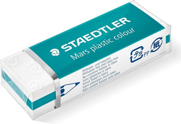 Staedtler Mars Plastic Color Sandwich EraserColor: Turquoise, Magenta, Yellow & GreyHigh quality plastic eraser for premium erase results.Maximum cleanliness Leaves no marks, traces or residue when erasing, smudging or staining paper.Rectangular shaped rubber allows for high precision erasing, for complete efficiencyWith a protective cellophane wrap, easy opening band and protective belt for better handling.Phthalate and latex free, environmentally friendly and efficient for the user.
