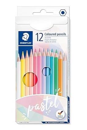 Staedtler Pastel Colors Pencil 12Colouring pencil in classic hexagonal formatSoft lead, highly pigmented coloursHigh quality, made in GermanyWood from PEFC-certified, sustainably managed forestsBox contents: cardboard box with 12 pastel colors (white, light yellow, peach, salmon, pink, light carmine, pastel purple, pastel blue, light turquoise, pale green, gold docker, cold grey)