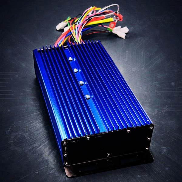 The CONTROLLER BLDC (PRO) is an advanced, high-performance power module designed for precision motor control in high-end electric mobility and industrial applications. Encased in a rugged, deep-blue anodized aluminum extrusion with integrated heatsink fins, this controller is engineered for extreme thermal management, ensuring sustained high-power output without thermal throttling. By utilizing superior Sine Wave FOC (Field-Oriented Control) algorithms, the PRO model provides exceptionally smooth and linear acceleration, near-silent motor operation, and maximized energy efficiency compared to standard controllers. This creates a highly refined user experience while extending the range of the battery pack. The unit features a comprehensive wire harness with high-quality, pre-terminated connectors for effortless integration with motors, batteries, throttles, and displays. Critically, it includes an integrated diagnostics panel with dedicated LED indicators for “Power Fault,” “Controller Fault,” “Throttle Fault,” and “Motor Fault,” allowing for immediate status verification and faster troubleshooting in the field. Built with premium automotive-grade MOSFETs and a sophisticated 32-bit microprocessor, the CONTROLLER BLDC (PRO) offers programmable parameters for regenerative braking, multiple power modes, and current limits. This controller represents a significant professional upgrade, delivering the precise control and robust reliability required for demanding applications where performance and durability are non-negotiable. Its sealed construction ensures resilience against dust and moisture, making it a dependable choice for serious electric drive system developers and operators.