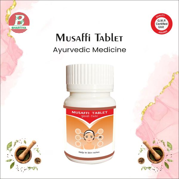                                                 MUSAFFI TABLET Product Identification• Generic Name: Musaffi Tablet• Type: Ayurvedic Patent Medicine• Primary Indication Area: Blood purification, detoxification, and support in blood-related disorders (Rakt Vikar).Therapeutic IndicationsMusaffi Tablet is used to support blood health by purifying the blood, managing blood disorders (Rakt Vikar), and promoting overall vitality.Key Benefits:Primary Benefit:• Supports blood purification and helps in the management of blood-related disorders by improving the quality of blood.Other Benefits:• Enhances energy and overall vitality.• Supports skin health by improving blood quality.• Promotes general well-being and immunity. CHOBCHINI Botanical / Common Name: Gymnema sylvestreKey Phytoconstituents:•	Gymnemic acids•	Saponins•	Flavonoids•	AlkaloidsMechanism of Action in Rakt Vikar (Blood Disorders / Anaemia) – Biochemistry / Pharmacology:1.	Blood Purification & Detoxificationo	Gymnemic acids and flavonoids exhibit antioxidant properties, reducing oxidative stress on blood cells.o	Helps in cleansing the blood by neutralizing free radicals, which supports overall blood health.2.	Hematopoietic Supporto	Saponins and flavonoids support haemoglobin synthesis and improve red blood cell (RBC) count.o	Enhances the quality and quantity of blood, aiding in the management of anaemia and other blood disorders.KUTAKI Botanical / Common Name: Picrorhiza kurroaKey Phytoconstituents:•	Picrosides (Picrosides I & II)•	Kutkoside•	Iridoid glycosides•	FlavonoidsMechanism of Action in Rakt Vikar (Blood Disorders / Anaemia) – Biochemistry / Pharmacology:1.	Hepatoprotective & Blood Purification Effectso	Picrosides and iridoid glycosides support liver function, enhancing detoxification.o	Improved liver function aids in purifying the blood and removing metabolic toxins.2.	Hematopoietic Supporto	Flavonoids and kutakoside promote RBC production and haemoglobin synthesis.o	Helps improve blood quality and manage anaemia associated with blood disorders.HARAD Botanical / Common Name: Terminalia chebulaKey Phytoconstituents:•	Tannins (chebulinic acid, chebulagic acid)•	Flavonoids•	Phenolic compounds•	GlycosidesMechanism of Action in Rakt Vikar (Blood Disorders / Anaemia) – Biochemistry / Pharmacology:1.	Blood Purification & Detoxificationo	Tannins and phenolic compounds exhibit antioxidant activity, helping neutralize free radicals in blood.o	Supports detoxification and improves overall blood quality.2.	Hematopoietic Supporto	Promotes RBC formation and haemoglobin synthesis.o	Supports management of anaemia and other blood-related disorders.BAHEDA Botanical / Common Name: Terminalia belericaKey Phytoconstituents:•	Tannins (gallic acid, ellagic acid)•	Flavonoids•	Glycosides•	Phenolic compoundsMechanism of Action in Rakt Vikar (Blood Disorders / Anaemia) – Biochemistry / Pharmacology:1.	Blood Purification & Detoxificationo	Tannins and phenolic compounds act as antioxidants, reducing oxidative stress on blood cells.o	Supports cleansing of blood and removal of toxins, improving blood quality.2.	Hematopoietic Supporto	Promotes red blood cell formation and haemoglobin synthesis.o	Helps manage anaemia and strengthens overall blood health.AMLA Botanical / Common Name: Phyllanthus emblicaKey Phytoconstituents:•	Vitamin C (ascorbic acid)•	Tannins (gallic acid, ellagic acid)•	Flavonoids•	PolyphenolsMechanism of Action in Rakt Vikar (Blood Disorders / Anaemia) – Biochemistry / Pharmacology:1.	Antioxidant & Blood Purificationo	Vitamin C, tannins, and polyphenols reduce oxidative stress on blood cells.o	Supports detoxification and improves the quality of blood.2.	Hematopoietic Supporto	Enhances iron absorption and supports haemoglobin synthesis, aiding in anaemia management.o	Improves red blood cell count and overall blood health.DARUHALDI Botanical / Common Name: Berberis aristataKey Phytoconstituents:•	Berberine (alkaloid)•	Tannins•	Flavonoids•	Phenolic compoundsMechanism of Action in Rakt Vikar (Blood Disorders / Anaemia) – Biochemistry / Pharmacology:1.	Blood Purification & Detoxificationo	Berberine and flavonoids act as antioxidants, reducing oxidative stress on blood cells.o	Supports liver function and detoxification, indirectly improving blood quality.2.	Hematopoietic Supporto	Stimulates red blood cell formation and haemoglobin synthesis.o	Aids in managing anaemia and other blood disorders.GORAKHMUNDI Botanical / Common Name: Sphaeranthus indicusKey Phytoconstituents:•	Sesquiterpene lactones (sphaerantholide)•	Flavonoids•	Essential oils•	AlkaloidsMechanism of Action in Rakt Vikar (Blood Disorders / Anaemia) – Biochemistry / Pharmacology:1.	Blood Purification & Detoxificationo	Flavonoids and sesquiterpene lactones reduce oxidative stress and help cleanse the blood.o	Supports liver and metabolic function, indirectly improving blood quality.2.	Hematopoietic Supporto	Stimulates red blood cell production and improves haemoglobin levels.o	Aids in managing anaemia and related blood disorders.AFSTEEN Botanical / Common Name: Clerodendrum serratum (or related species)Key Phytoconstituents:•	Flavonoids•	Alkaloids•	Phenolic compounds•	TriterpenoidsMechanism of Action in Rakt Vikar (Blood Disorders / Anaemia) – Biochemistry / Pharmacology:1.	Blood Purification & Detoxificationo	Flavonoids and phenolic compounds act as antioxidants, reducing oxidative stress in blood.o	Supports liver function and detoxification, enhancing overall blood quality.2.	Hematopoietic Supporto	Alkaloids and triterpenoids aid in RBC formation and haemoglobin synthesis.o	Helps improve blood quality and manage anaemia.PITPAPDA Botanical / Common Name: Fumaria indicaKey Phytoconstituents:•	Alkaloids (fumarin, protopine)•	Flavonoids•	Tannins•	Phenolic compoundsMechanism of Action in Rakt Vikar (Blood Disorders / Anaemia) – Biochemistry / Pharmacology:1.	Blood Purification & Detoxificationo	Alkaloids and flavonoids exhibit antioxidant activity, helping to cleanse the blood and reduce oxidative stress on blood cells.o	Supports liver function and metabolic detoxification, improving overall blood quality.2.	Hematopoietic Supporto	Promotes RBC formation and hemoglobin synthesis.o	Supports management of anemia and enhances overall blood health.NILOPHER Botanical / Common Name: Nymphaea alba (White Water Lily)Key Phytoconstituents:•	Flavonoids•	Alkaloids•	Tannins•	Phenolic compoundsMechanism of Action in Rakt Vikar (Blood Disorders / Anaemia) – Biochemistry / Pharmacology:1.	Blood Purification & Detoxificationo	Flavonoids and tannins act as antioxidants, reducing oxidative stress on blood cells.o	Supports detoxification pathways, enhancing blood quality and overall vitality.2.	Hematopoietic Supporto	Alkaloids and phenolic compounds promote RBC formation and hemoglobin synthesis.o	Helps in managing anemia and improving overall blood health.MANJEETH Botanical / Common Name: Rubia cordifoliaKey Phytoconstituents:•	Anthraquinones (alizarin, purpurin)•	Iridoid glycosides•	Flavonoids•	TanninsMechanism of Action in Rakt Vikar (Blood Disorders / Anaemia) – Biochemistry / Pharmacology:1.	Blood Purification & Detoxificationo	Anthraquinones and flavonoids act as antioxidants, neutralizing free radicals and cleansing the blood.o	Supports liver and kidney function, indirectly improving blood quality.2.	Hematopoietic Supporto	Promotes RBC formation and enhances hemoglobin synthesis.o	Helps in managing anemia and other blood-related disorders.GULAB PHOOL Botanical / Common Name: Rosa indicaKey Phytoconstituents:•	Flavonoids (quercetin, kaempferol)•	Tannins•	Volatile oils (rose oil)•	Phenolic compoundsMechanism of Action in Rakt Vikar (Blood Disorders / Anaemia) – Biochemistry / Pharmacology:1.	Blood Purification & Detoxificationo	Flavonoids and phenolic compounds act as antioxidants, reducing oxidative stress on blood cells.o	Supports detoxification and improves blood quality.2.	Hematopoietic Supporto	Promotes RBC formation and supports hemoglobin synthesis.o	Helps in managing anemia and enhancing overall blood health.REVAND CHINI Botanical / Common Name: Rheum emodi (Himalayan Rhubarb)Key Phytoconstituents:•	Anthraquinones (emodin, chrysophanol)•	Tannins•	Flavonoids•	StilbenesMechanism of Action in Rakt Vikar (Blood Disorders / Anaemia) – Biochemistry / Pharmacology:1.	Blood Purification & Detoxificationo	Anthraquinones and flavonoids exhibit antioxidant activity, reducing oxidative stress on blood cells.o	Supports detoxification and cleansing of blood, improving overall blood quality.2.	Hematopoietic Supporto	Promotes RBC formation and hemoglobin synthesis.o	Helps manage anemia and supports healthy blood composition.ANANTMOOL Botanical Name: Hemidesmus indicusCommon Name: Indian SarsaparillaKey Phytoconstituents•	Saponins•	Flavonoids•	Tannins•	Essential oilsMechanism of Action in Rakt Vikar (Blood Disorders / Anaemia)1. Blood Purification & Detoxification•	Saponins and flavonoids act as powerful antioxidants, reducing oxidative stress and supporting the removal of circulating toxins.•	Enhances liver and kidney function, promoting efficient detoxification and improved blood quality.2. Hematopoietic Support•	Supports erythropoiesis (RBC formation) and hemoglobin synthesis.•	Helps in managing anemia and contributes to improved overall blood composition.GILOY (Guduchi) Botanical Name: Tinospora cordifoliaFamily: MenispermaceaeKey Phytoconstituents•	Alkaloids (berberine, tinosporin, magnoflorine)•	Diterpenoid lactones (tinosporide, cordifolide)•	Glycosides•	Polysaccharides•	Phenolics & FlavonoidsMechanism of Action in Rakt Vikar (Blood Disorders / Anaemia)1. Blood Purification & Detoxification•	Potent antioxidant and free-radical scavenging action from phenolics and flavonoids.•	Enhances hepatic detoxification enzymes, supporting liver-based blood purification.•	Reduces circulating toxins (ama) and improves blood quality.2. Hematopoietic Support•	Stimulates bone marrow activity, increasing RBC and WBC production.•	Improves hemoglobin synthesis and overall blood profile.•	Beneficial in mild to moderate anemia due to its Rasayana (rejuvenative) effect.Dosage:Dose per Intake: 1–2 tabletsFrequency: Twice a day (morning and evening)Total Daily Dose: 2–4 tablets per dayAnupan (Vehicle / Medium):•	Preferred: Take with water•	Timing: Preferably after meals to reduce gastric irritationPrecautions:•	Do not exceed the prescribed dose•	Monitor for any side effectsConsult an Ayurvedic Practitioner Before Use in:•	Children•	Elderly•	Individuals with chronic illnessesmusaffi tablets, musaffi khoon tablet, musaffi khoon tablet usesmusaffi tablet amazon, musaffi tablet amazon indiamusaffi tablet available in delhi, musaffi tablet available in indiamusaffi tablet ajeeb uses in hindi, musaffi tablet benefitsmusaffi tablet benefits in hindi, musaffi tablet buy onlinemusaffi tablet buy, musaffi tablet composition, musaffi tablet companymusaffi tablet content, musaffi tablet cost, musaffi tablet company namemusaffi tablet download, musaffi tablet dosage, musaffi tablet dosemusaffi tablet english, musaffi tablet expiry date, musaffi tablet exportmusaffi tablet flipkart, musaffi tablet free download, musaffi tablet fayde in hindimusaffi tablet gold, musaffi tablet good, musaffi tablet google, musaffi tablet in indiamusaffi tablet in hindi, musaffi tablet in english, musaffi tablet jiomartmusaffi tablet login, musaffi tablet list pdf, musaffi tablet life sciencemusaffi tablet manufacturer, musaffi tablet meaning, musaffi tablet manufacturers in indiamusaffi tablet manufacturing company, musaffi tablet medicinemusaffi tablet name, musaffi tablet near me, musaffi tablet nutritionmusaffi tablet name in india, musaffi tablet online, musaffi tablet online shoppingmusaffi tablet online order, musaffi tablet price, musaffi tablet price in indiamusaffi tablet qatar, musaffi tablet q10, musaffi tablet qualitymusaffi tablet review, musaffi tablet review in hindi, musaffi tablet ratemusaffi tablet recipe, musaffi tablet tablet, musaffi tablet tabmusaffi tablet weight loss, musaffi tablet zamzam, ayurvedic musaffi syrup