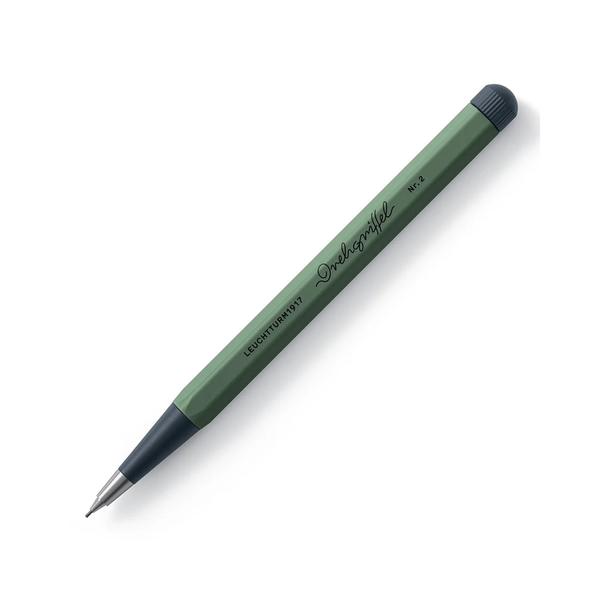 LEUCHTTURM1917 0.7mm Mechanical Clutch Pencil | Olive GreenSpecificationThe pencil is made from precision-milled aluminium and steel. The front tip (fine-tip) is milled from polished steel & forms a harmonious transition to 0.7mm thin graphite refill (HB).Specs: Length : 5.1 Inch/13cmsCan be engraved. Perfect as a gift or as a personal companion.Ideal for writing, gifting, professionals, sketching, drafting, drawingDescriptionDrehgriffel Nr. 2 - mechanical pencil. The graphite colouring of the lacquared tip, the twistable head and the logo print emphasise the funtion & character of the Drehgriffel No. 2. From the turn to the point! The writing and drawing mechanism of the mechanical pencil is made in Germany. Just twist the button to release the lead. When the twist button is released, the gripper closes again and holds the lead in place. Inside the Drehgriffel Nr. 2, a chamber holds several leads and pushes the next one down when the current lead is used up.