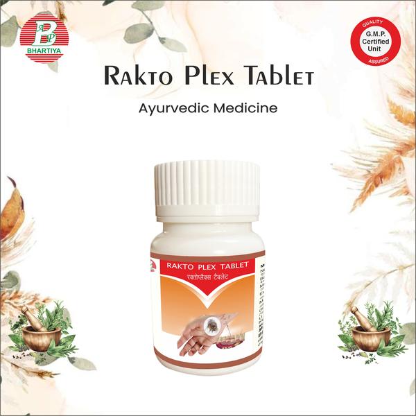                                        RAKTO PLEX TABLET Product Identification•	Generic Name: Rakto Plex Tablet•	Type: Ayurvedic Patent Medicine•	Primary Indication Area: Blood disorders (Rakt Vikar), Blood purification, Anaemia.Therapeutic IndicationsRakto Plex Tablet is used to support blood health by purifying blood, managing blood disorders (Rakt Vikar), and improving anaemia.Key benefits include:Primary Benefit:•	Helps in the management of blood disorders (Rakt Vikar) and anaemia by improving the quality and quantity of blood.Other Benefits:o	Supports overall energy and vitalityo	May help in skin health by improving blood qualityo	Supports general well-being and immunityIngredients: CHOBCHINI  Botanical / Common Name: Gymnema sylvestre•	Key Phytoconstituents:o	Gymnemic acidso	Saponinso	Flavonoidso	AlkaloidsMechanism of Action in Rakt Vikar (Blood Disorders / Anaemia) – Biochemistry / Pharmacology:1.	Blood Sugar Regulation & Metabolic Supporto	Gymnemic acids reduce glucose absorption in the intestine and enhance insulin secretion.o	Improved glycaemic control indirectly supports healthy blood composition.2.	Hematopoietic & Blood Purification Effectso	Flavonoids and saponins have antioxidant properties, reducing oxidative stress on red blood cells.o	Supports haemoglobin synthesis and improves RBC count, aiding in anaemia management.3.	Anti-inflammatory & Immunomodulatory Activityo	Reduces chronic inflammation in the blood and vascular tissues.o	Enhances immune regulation, contributing to overall blood health.4.	Lipid and Circulatory Supporto	Helps normalize lipid levels, preventing blood thickening and improving circulation.o	Protects against free radical damage in blood vessels and plasma. KARANJUA •	Botanical / Common Name: Pongamia pinnata•	Key Phytoconstituents:o	Flavonoids (e.g., Pongamol, Karangin)o	Alkaloidso	Triterpenoidso	Glycosideso	Fatty acidsMechanism of Action in Rakt Vikar (Blood Disorders) – Biochemistry / Pharmacology:1.	Hematopoietic & Blood Purification Effectso	Flavonoids and triterpenoids act as antioxidants, protecting red blood cells from oxidative damage.o	Promotes purification of blood and supports normal haemoglobin levels.2.	Anti-inflammatory & Detoxifying Actiono	Reduces chronic inflammation in blood vessels and tissues.o	Detoxifies the blood by neutralizing free radicals and harmful metabolites.3.	Circulatory & Cardiovascular Supporto	Supports healthy circulation by improving blood vessel function.o	Mild vasodilatory effects help maintain normal blood flow.4.	Antimicrobial Propertieso	Alkaloids and flavonoids help protect blood from microbial infections, indirectly supporting blood health. REETHA •	Botanical / Common Name: Sapindus mukorossi (Soapnut)•	Key Phytoconstituents:o	Saponinso	Flavonoidso	Tanninso	GlycosidesMechanism of Action in Rakt Vikar (Blood Disorders) – Biochemistry / Pharmacology:1.	Blood Purification & Detoxificationo	Saponins and flavonoids have antioxidant properties that help detoxify the blood by neutralizing free radicals.o	Supports elimination of metabolic waste and toxins from the bloodstream.2.	Hematopoietic Supporto	Enhances red blood cell health and may support haemoglobin levels, aiding in anaemia management.3.	Anti-inflammatory & Immunomodulatory Effectso	Reduces inflammation in blood and vascular tissues.o	Modulates immune response, contributing to overall blood health.4.	Circulatory & Cardiovascular Supporto	Improves microcirculation and maintains healthy blood flow.o	Protects vascular endothelium from oxidative stress. SHUDH GANDHAK  •	Botanical / Common Name: Sulphur (Purified Form)•	Key Phytoconstituents / Components:o	Elemental Sulphur (S)o	Trace mineral impurities removed during purificationMechanism of Action in Rakt Vikar (Blood Disorders) – Biochemistry / Pharmacology:1.	Blood Purification & Detoxificationo	Acts as a natural detoxifier by removing toxins and impurities from the blood.o	Enhances metabolic processes that support purification of blood.2.	Antimicrobial & Anti-inflammatory Effectso	Exhibits mild antimicrobial activity, protecting blood from infections.o	Reduces inflammation in tissues, indirectly supporting blood health.3.	Hematopoietic & Tissue Supporto	Supports healthy red blood cell formation and tissue regeneration.o	Promotes skin and connective tissue health through sulphur-dependent enzymatic pathways.4.	Metabolic & Enzymatic Roleo	Essential for certain enzymes and amino acids (like cysteine and methionine) that are important for detoxification and maintaining blood health. RAS MANIKYA •	Botanical / Common Name: Arsenic trisulfide (Purified Form)•	Type: Ayurvedic herbo-mineral preparation (Rasaushadhi)Key Components / Phytoconstituents:•	Arsenic trisulfide (As₂S₃) – purified•	Other trace minerals from traditional purification (Shodhana) processesMechanism of Action in Rakt Vikar (Blood Disorders) – Biochemistry / Pharmacology:1.	Blood Purification & Detoxificationo	Acts to detoxify and purify the blood, removing impurities and harmful metabolic by-products.o	Enhances liver and kidney function indirectly to support cleaner blood.2.	Hematopoietic & Tissue Supporto	Supports formation and maintenance of healthy blood cells.o	Aids in managing anaemia and improving overall vitality.3.	Anti-inflammatory & Immunomodulatory Effectso	Reduces inflammation in blood and tissue, supporting normal circulation.o	Modulates immune response to protect blood and vascular health.4.	Metabolic Activityo	Influences enzymatic pathways involved in detoxification and tissue repair.o	Supports general metabolic balance, contributing to improved blood quality.Dosage:Dose per Intake: 1–2 tabletsFrequency: Twice a day (morning and evening)Total Daily Dose: 2–4 tablets per dayAnupan (Vehicle / Medium):•	Preferred: Take with water•	Optional: Can be taken with milk for better absorption and nourishing effect•	Timing: Preferably after meals to reduce gastric irritationPrecautions:•	Do not exceed the prescribed dose•	Monitor for any side effectsConsult an Ayurvedic Practitioner Before Use in:•	Children•	Elderly•	Individuals with chronic illnessesraktoplex tablet price, raktoplex tablet uses in hindiraktoplex tablet uses, raktoplex tablet amazonraktoplex tablet amazon india, raktoplex tablet buy onlineraktoplex tablet buy, raktoplex tablet benefitsraktoplex tablet box, raktoplex tablet benefits in hindiraktoplex tablet composition, raktoplex tablet companyraktoplex tablet catalogue pdf, raktoplex tablet catalogueraktoplex tablet content, raktoplex tablet downloadraktoplex tablet english, raktoplex tablet exportraktoplex tablet export data, raktoplex tablet flipkartraktoplex tablet faridabad, raktoplex tablet free downloadraktoplex tablet free, raktoplex tablet forraktoplex tablet gst rate, raktoplex tablet ghaziabadraktoplex tablet gst, raktoplex tablet ghaziabad uttar pradeshraktoplex tablet grade, raktoplex tablet hsn coderaktoplex tablet hindi, raktoplex tablet holderraktoplex tablet indiamart, raktoplex tablet in hindiraktoplex tablet images, raktoplex tablet indiaraktoplex tablet joint, raktoplex tablet jalandharraktoplex tablet kya kam karta hai, raktoplex tablet ke fayde in hindiraktoplex tablet login, raktoplex tablet list, raktoplex tablet manufacturerraktoplex tablet manufacturing company, raktoplex tablet manufacturers in indiaraktoplex tablet name, raktoplex tablet near meraktoplex tablet new, raktoplex tablet online shoppingraktoplex tablet online, raktoplex tablet online orderraktoplex tablet price in india, raktoplex tablet qualityraktoplex tablet q10, raktoplex tablet reviewraktoplex tablet rate, raktoplex tablet review in hindiraktoplex tablet supplier, raktoplex tablet specificationraktoplex tablet supplier in delhi, raktoplex tablet tdsraktoplex tablet wholesale, raktoplex tablet weight in kgraktoplex tablet wholesale price, raktoplex tablet which company