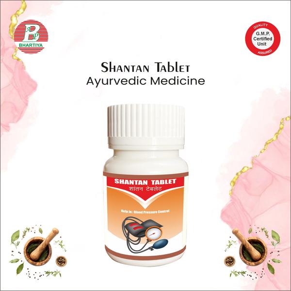                                  SHANTAN TABLET Product Identification•	Generic Name: Shantan Tablet•	Type: Ayurvedic Patent Medicine•	Primary Indication Area: Hypertension (BP control), Insomnia.Therapeutic IndicationsShantan Tablet’s primary indication in sleep is to promote natural, restful sleep by reducing stress, calming the mind, and easing nervous tension.Key benefits include:Primary Benefit:Shantan Tablet is not a primary antihypertensive medicine, but it is traditionally used as a supportive remedy because it helps the body manage factors that commonly cause blood pressure to rise.Other Benefits:1.Stress & Anxiety ReductionStress is one of the major contributors to temporary or sustained increases in blood pressure. Shantan Tablet contains calming herbs that promote relaxation, reduce tension, and soothe the nervous system, which can indirectly help prevent stress-induced spikes in BP.2. Improves Sleep QualityPoor sleep or disturbed sleep can aggravate hypertension. By improving sleep quality and mental rest, the tablet helps maintain a stable autonomic (nervous system) balance, which is important for BP control.3. Supports Mental CalmnessIt helps in reducing irritability, restlessness, and mental fatigue. A calm psychological state is associated with better BP regulation.4. Works as a Supportive TherapyWhile it may provide relief from stress-related hypertension symptoms, it cannot replace prescribed BP medications. It is best used as an adjunct (supportive) therapy along with lifestyle changes like diet control, exercise, and proper medical treatment.Ingredients: SHANKHPUSHPI Botanical / Common Name: Convolvulus pluricaulisKey Phytoconstituents:•	Alkaloids (e.g., Convolamine, Convolidine)•	Flavonoids•	Coumarins•	Glycosides•	StarchMechanism of Action in Sleep & Blood Pressure (Biochemistry / Pharmacology):1.	CNS Calming & Anxiolytic Effecto	Enhances GABAergic activity, which inhibits excessive neuronal firing.o	Reduces anxiety and mental stress, indirectly helping to maintain stable blood pressure.2.	Sleep-Promoting Actiono	Increases serotonin levels and lowers cortisol, supporting natural, restful sleep.o	Improves sleep latency and quality by calming the mind and nervous system.3.	Neuroprotective & Antioxidant Activityo	Flavonoids and alkaloids reduce oxidative stress in the brain, protecting neurons and promoting relaxation.4.	Indirect Support for Blood Pressureo	By reducing stress and sympathetic nervous system overactivity, it can help manage stress-induced elevations of BP.o	Mild vasodilatory effects of flavonoids may also support healthy circulation. BRAHMI Botanical / Common Name: Bacopa monnieriKey Phytoconstituents:•	Bacosides (A & B, primary active compounds)•	Alkaloids (brahmine, herpestine)•	Flavonoids•	Saponins•	SteroidsMechanism of Action in Sleep & Blood Pressure (Biochemistry / Pharmacology):1.	Cognitive & Neuroprotective Effecto	Bacosides enhance neurotransmission and synaptic plasticity, supporting memory, learning, and mental clarity.o	Antioxidant properties protect neurons from oxidative stress, promoting a calm CNS.2.	Stress & Anxiety Reductiono	Reduces cortisol levels and modulates GABA activity, lowering anxiety and nervous tension.o	Supports a calm mental state conducive to restful sleep.3.	Sleep-Promoting Actiono	By calming the nervous system and reducing hyperarousal, Brahmi indirectly improves sleep latency and quality.4.	Supportive Effect on Blood Pressureo	Reduces stress-induced sympathetic activation, which may help in maintaining healthy BP levels.o	Mild vasodilatory and cardioprotective effects from flavonoids contribute to circulation support. JATAMANSI Botanical / Common Name: Nardostachys jatamansiKey Phytoconstituents:•	Valeranone•	Jatamansone•	Sesquiterpenes•	Alkaloids•	FlavonoidsMechanism of Action in Sleep & Blood Pressure (Biochemistry / Pharmacology):1.	CNS Calming & Sedative Effecto	Enhances GABAergic activity, producing a calming effect on the nervous system.o	Reduces mental hyperactivity, promoting relaxation and stress relief.2.	Sleep-Promoting Actiono	Acts as a natural sedative, improving sleep quality and helping with insomnia.o	Lowers cortisol levels, supporting deeper and more restful sleep.3.	Anxiolytic & Mood-Stabilizing Effecto	Reduces anxiety, irritability, and restlessness, contributing to overall mental calmness.4.	Supportive Effect on Blood Pressureo	By reducing stress and sympathetic overactivity, it may help moderate stress-related BP elevations.o	Mild vasodilatory and cardioprotective effects may indirectly support healthy circulation. SARPAGANDHA Botanical / Common Name: Rauwolfia serpentinaKey Phytoconstituents:•	Reserpine (primary active compound)•	Ajmaline•	Serpentine•	Flavonoids•	TanninsMechanism of Action in Sleep & Blood Pressure (Biochemistry / Pharmacology):1.	Antihypertensive Effecto	Reserpine depletes catecholamines (dopamine, norepinephrine) from sympathetic nerve endings.o	Reduces sympathetic nervous system activity, leading to lower blood pressure.2.	CNS Calming & Sedative Effecto	Exhibits mild sedative and tranquilizing properties, reducing anxiety and mental stress.o	Promotes relaxation, which can indirectly improve sleep quality.3.	Sleep-Promoting Actiono	By calming overactive neuronal circuits, it supports restful sleep in stressed or anxious individuals.4.	Additional Cardiovascular Supporto	Helps stabilize heart rate and reduce stress-induced BP fluctuations.o	May provide mild anti-arrhythmic effects due to modulation of autonomic tone.Dosage of Shantan Tablet1.	Dose per intake: 1–3 tablets2.	Frequency: Three times a day (morning, afternoon, evening)3.	Total daily dose: 3–9 tablets per dayo	(For 500 mg tablets, this equals 1.5–4.5 g/day)Anupan for Shantan Tablet:•	Preferred: Take with water•	Optional: Can be taken with milk for enhanced absorption and better calming effect on the nervous system•	Timing: Preferably after meals to reduce gastric irritationPrecautions•	Do not exceed the prescribed dose•	Monitor for any side effectsConsult an Ayurvedic Practitioner for:•	Children•	Elderly•	Individuals with chronic illnessesshantan tablet benefits, shantan tablet benefits in hindishantan tablet buy online, shantan tablet buyshantan tablet gurgaon, shantan tablet gst rateshantan tablet jiomart, shantan tablet jainshantan tablet jio, shantan tablet ji, shantan tablet loginshantan tablet list, shantan tablet manufacturershantan tablet mrp, shantan tablet manufacturers in indiashantan tablet name, shantan tablet nutritionshantan tablet news, shantan tablet news in hindishantan tablet q10, shantan tablet qualityshantan tablet tata 1mg, shantan tablet tabletshantan tablet which company brandshaant tablet uses in hindi