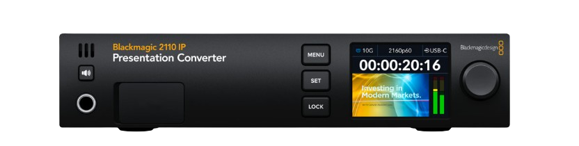 Blackmagic 2110 IP Presentation Converter is designed for speaker podiums with connections for laptops, projectors and microphones all in the one converter. Computers can connect via USB-C for both video and power and there is an HDMI output for projectors that can be switched to the video input or the 2110 IP return feed. For audio, there are XLR microphone inputs and an XLR audio out for PA speakers. The RJ-45 10G Ethernet video connection can power the whole converter, even when charging a USB computer!
