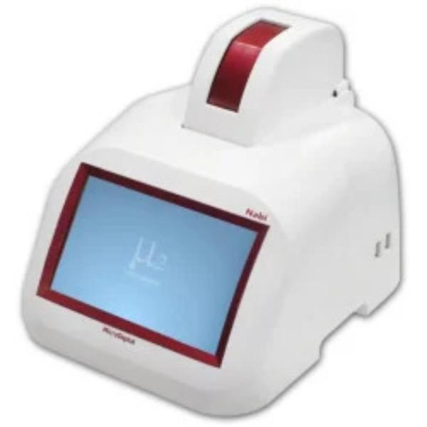 Nabi- UV/Vis Nano
Spectrophotometer is a miniature
spectrophotometer that can measure
cuvette and microvolume samples.
Using spectrometer technology, it can
accurately and conveniently measure
and analyze single wavelength as well
as spectrums. It is a standalone system
with 7.0” touch screen LCD, and
simple data back up through USB is
possible.