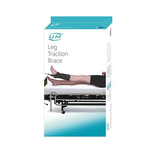 This is a *UM Leg Traction Brace* by United Medicare.

*Product category*: Medical / Orthopedic & rehabilitation device. It’s a skin traction kit used to apply a steady pulling force to the leg, usually for fracture management, pre-operative care, or pain relief.

*Key parts shown on the box:*
1. *Ankle/foot brace* - Black padded cuff with straps that wraps around the lower leg/ankle
2. *Spreader bar & cord* - Attaches to the brace and connects to a traction weight system
3. *Setup* - Patient lies on bed, brace on leg, cord runs over pulley at foot of bed to weights

*How traction braces work - general principle:*
Traction pulls the leg to align bones, reduce muscle spasm, relieve pressure on joints, and immobilize fractures. This type is *skin traction*, meaning force is applied via the skin, not pins in bone.

*How to use - general clinical steps:*
1. *Prescription only*: Weight, duration, and setup are decided by an orthopedic doctor. Never self-apply.
2. *Apply brace*: Skin should be clean, dry, and checked for wounds. The padded brace is wrapped around the calf/ankle and secured with Velcro straps. It should be snug but not cut off circulation.
3. *Connect traction*: The cord from the brace runs over a pulley fixed to the bed frame. Prescribed weights are attached to the end of the cord.
4. *Position*: Patient lies flat. The bed’s foot is often elevated to provide counter-traction. The line of pull must stay straight.
5. *Monitoring*: Check every 2-4 hours for skin breakdown, numbness, tingling, color change, or increased pain. Ensure weights hang free and don’t touch the floor.

*Common uses:*
- *Temporary management of hip/femur fractures* before surgery
- *Reduce muscle spasm* and pain in hip/knee conditions
- *Maintain alignment* in certain dislocations

*Important*: Traction is a medical procedure with serious risks if done wrong. Complications include pressure sores, nerve damage, DVT, skin breakdown, and peroneal nerve palsy if too tight at the ankle. The amount of weight, angle of pull, and duration must be prescribed and supervised by an orthopedic surgeon or trained physiotherapist. 

This is *not* for home use without medical training. For any fracture, severe leg pain, or post-surgery care, follow your doctor’s protocol exactly and report problems immediately.

Want me to explain the difference between skin traction like this vs skeletal traction?
