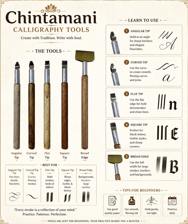 Chintamani Calligraphy Tool Pen Set Of 5Good quality product. It comes in various ranges and varieties and hence fulfills the need of all.5 Piece Calligraphy Set for Writing in English(Straight) Metal Tips on Wooden Handles Five Different Calligraphy Writing Tips in Various Shapes5 Piece Calligraphy Set For Writing Marathi(Angled) Calligraphy Metal Tips Applied to Wooden Handles 5 Different Calligraphy Writing Tip Shapes