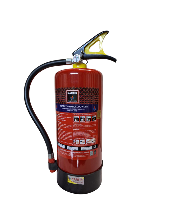 ABC Stored Pressure 4Kg Works on all classes of fire: Effectively combats class A, B, C, and electrically started fires.Extinguishing agent: Mono Ammonium Phosphate (MAP 40)Easy snap safety seal: A completely tamper-proof safety seal that can be broken within seconds.Pressure gauge: Easy-to-read gauge that indicates the readiness of the fire extinguisher.Discharge mechanism: A simple mechanism that allows you to control the discharge, optimizing the use of the extinguishing agent.Quality control systems: in house laboratory supervised by QCI to ensure quality and reliability.