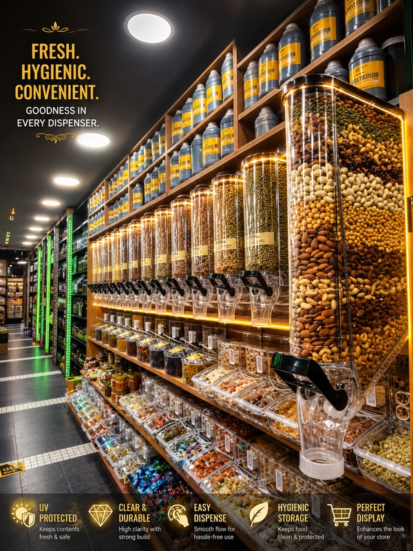 Our dispensers are manufactured using high-quality transparent polycarbonate material that offers excellent durability, crystal-clear visibility, and long-lasting performance.Key FeaturesPremium transparent polycarbonate bodyHygienic touch-free dispensing systemSmooth gravity flow for easy dispensingAirtight design keeps food fresh longerStrong and durable constructionElegant modern display appearanceEasy wall mounting and installationIdeal for high-traffic retail environmentsUV protected and food-grade materialIdeal ForDry Fruit StoresSupermarketsOrganic StoresCandy ShopsKirana StoresGrocery ChainsZero Waste StoresPet Food ShopsSuitable ProductsPerfect for storing and dispensing:Dry FruitsNuts & SeedsCandies & ChocolatesPulses & GrainsRice & CerealsPasta & SnacksTea & Coffee BeansWhy Choose NR Concept IndustriesAt NR CONCEPT INDUSTRIES, we focus on innovative retail display solutions that combine functionality with attractive presentation. Our Anti Gravity Food Dispensers are designed to improve product visibility, maintain hygiene, reduce wastage, and create a premium shopping experience for customers.