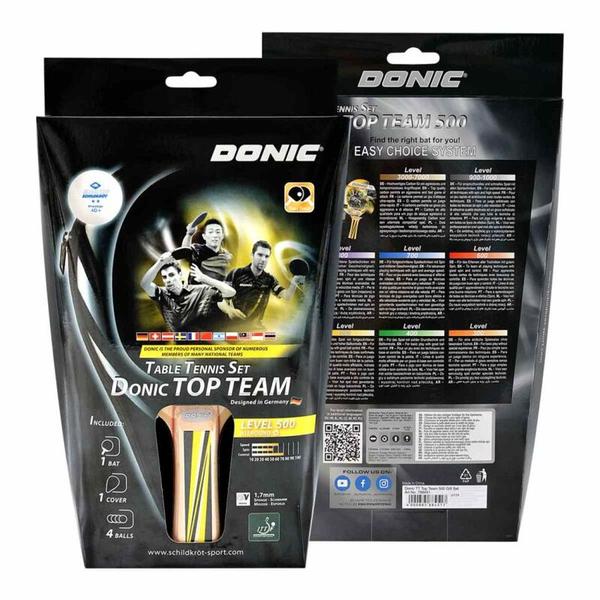 The Donic “Top Team 500” table tennis set is a premium all-in-one package, perfect for both casual and recreational players looking for a quick start with quality equipment. Designed for individuals with a solid foundation in table tennis, this set offers an ideal combination of precision, control, and durability. Its cohesive components make it a thoughtful gift or a reliable addition to any player's kit.Set Includes1 Top Team 500 Racket: Specially engineered for players with advanced basic technique and a focus on high ball control. It features a 1-star Donic pad with inverted pimples, 1.7mm sponge for responsive play, and AVS (Anti Vibration System) cushioning for enhanced comfort. The concave handle ensures a secure, ergonomic grip for extended play sessions.4 Two-Star Prestige Balls: These 40mm poly 40+ quality balls meet modern standards for recreational and training use. The 2-star rating ensures consistent bounce and durability, ideal for intermediate practice and gameplay.Premium Racket Cover: A padded, high-quality racket cover with a zip closure and an additional compartment for ball storage provides excellent protection and convenience when traveling or storing equipment.