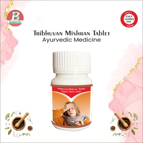 TRIBHUVAN MISHRAN TABLET Product Identification• Generic Name: Tribhuvan Mishran Tablet• Type: Ayurvedic Patent Medicine• Primary Indication Area: Antipyretic and blood-purifying agent.Therapeutic Indications:• All types of fever• Blood disorders / skin eruptions• Digestive and immune supportPrimary Benefit:• Reduces fever and purifies bloodOther Benefits:1. Digestive & Metabolic Supporto Stimulates Agni (digestive fire), enhancing nutrient absorption and metabolic efficiency.o Reduces Ama (metabolic toxins), which can aggravate fever and skin/blood disorders.o Helps maintain overall digestive balance, preventing recurrence of systemic imbalances.2. Immunity & Rasayana Effecto Strengthens the body’s immune response, making it more resistant to infections.o Promotes tissue rejuvenation and cellular repair, reducing post-fever weakness.o Enhances stamina and vitality, supporting overall health and well-being.3. Hepatoprotective Actiono Herbal constituents like Katuki and Triphala support liver function and detoxification.o Helps in the clearance of toxins that may worsen fever, skin eruptions, or blood disorders.4. Anti-inflammatory & Tissue Protectiono Reduces systemic and local inflammation through cytokine modulation and antioxidant effects.o Protects blood cells, vascular tissues, and organs from oxidative damage.5. Prevention of Recurrenceo By purifying blood, regulating metabolism, and strengthening immunity, it prevents chronic or recurrent skin eruptions, blood disorders, and fevers. TRIBHUVAN KIRTI RAS Classical Ayurvedic Name: Tribhuvan Kirti RasType: Polyherbal–mineral Rasashastra formulationPrimary Indication Area• All types of fever – Vata, Pitta, Kapha, chronic, and recurrent fevers• Blood disorders / Rakta Vikara – pimples, boils, eczema, rashes• Immunity & Rasayana effect – post-illness recovery and vitalityMechanism of Action /Biochemistry in all types of fever1. Blood Purification (Rakta Shodhana)o Mineral Bhasmas and herbal constituents detoxify blood at the cellular level.o Reduces vitiation of Rakta and removes Ama → prevents systemic accumulation of toxins.2. Antipyretic / Fever-Modulating Effecto Modulates pro-inflammatory cytokines (IL-1, IL-6, TNF-α) and reduces prostaglandin (PGE₂) synthesis in hypothalamus → lowers body temperature.3. Vata-type Fever Reliefo Supports mitochondrial ATP production → reduces fatigue, body ache, and weakness.o Enhances microcirculation → alleviates muscular pain.4. Pitta-type Fever Reliefo Cooling and anti-inflammatory action → reduces heat, irritability, thirst, and headache.o Neutralizes oxidative stress during high metabolic fevers.5. Kapha-type Fever Reliefo Stimulates Agni → clears Ama accumulation.o Reduces heaviness, congestion, and lethargy associated with Kapha fevers.6. Chronic / Recurrent Fever & Blood Disorderso Immunomodulatory → strengthens resistance to repeated infections.o Rasayana effect → promotes post-fever recovery, enhances stamina, and prevents recurrence of skin or blood disorders.7. Hepatoprotective & Metabolic Detoxificationo Improves liver function and bile secretion → facilitates clearance of fever-inducing toxins.8. Anti-inflammatory & Tissue Protectiono Neutralizes free radicals, protects blood cells and tissues → prevents complications of prolonged or severe fever. GODANTI BHASMA Classical Ayurvedic Name: Godanti BhasmaType: Mineral Ayurvedic preparation (Calcium Sulphate-based Bhasma)Primary Indication Area• Fever (Jwara) – particularly Pitta-type and chronic fevers• Headache & Migraine – due to Pitta imbalance• Acidity & Hyperacidity – reduces excess stomach heat• Rasayana / Rejuvenation – improves metabolic balance and tissue strengthKey Constituents / Minerals• Calcium Sulphate (Shuddha Godanti) – primary active mineral• Trace Minerals – supports enzymatic reactions and cellular metabolismMechanism of Action 1. Antipyretic / Fever Modulationo Reduces hypothalamic PGE₂ synthesis → lowers body temperature.o Balances Pitta Dosha, controlling heat-related fever symptoms.2. Cooling Effect on Bodyo Provides shita (cooling) property → alleviates Pitta-induced heat, headache, and thirst.3. Digestive Supporto Reduces acidic and hypermetabolic states → supports Agni without aggravating Pitta.4. Rejuvenation & Tissue Strengthening (Rasayana)o Calcium and trace minerals aid bone, teeth, and tissue metabolism.o Enhances cellular repair and overall vitality.5. Neurological & Headache Reliefo Pitta-pacifying effect reduces headache, dizziness, and irritability associated with fever or metabolic imbalance.Dosage• 50–100 mg (approx. 1/2–1 tablet), 1–2 times daily, or as prescribed by an Ayurvedic practitioner• With lukewarm water or milk, preferably after mealsPrecautions (Point-wise)1. Use only under professional supervision, especially in children, elderly, or chronic illness.2. Avoid overdose, as excessive mineral intake can affect kidney function.3. Monitor digestive tolerance; mild gastric discomfort may occur.4. Use cautiously in kidney disorders or calcium metabolism disorders.5. Avoid combining with other calcium-heavy or mineral-rich preparations without guidance. SUDARSHAN GHANVATI Classical Ayurvedic Name: Sudarshan GhanvatiType: Polyherbal Ayurvedic formulation (tablet / Ghan type)Primary Indication Area• All types of fever (Jwara) – Vata, Pitta, Kapha, chronic, and recurrent fevers• Digestive & Metabolic Support – improves Agni, clears Ama• Immune Modulation & Rasayana – strengthens resistance, supports recovery post-fever• Detoxification / Antipyretic Action – reduces toxin load and systemic inflammationKey Constituents / Phytochemicals• Sudarshan Churna (Herbal mixture) – includes Kiratatikta (Swertia chirata), Guduchi (Tinospora cordifolia), and other bitter herbs• Guduchi (Tinospora cordifolia) – antipyretic, immunomodulatory, hepatoprotective• Kiratatikta (Swertia chirata) – bitter tonic, antipyretic, anti-inflammatory• Trikatu (Pippali, Maricha, Shunthi) – bioavailability enhancer, digestive stimulant• Other herbs – as per classical formulation for detoxification, liver support, and Rasayana actionMechanism of Action in Fever (Jwara)1. Antipyretic / Fever-Modulating Effecto Bitter herbs inhibit prostaglandin E₂ (PGE₂) and pro-inflammatory cytokines (IL-1, IL-6, TNF-α) → lowers hypothalamic set point for body temperature.2. Vata-type Fevero Supports mitochondrial ATP production and microcirculation → reduces body ache, weakness, and fatigue.3. Pitta-type Fevero Cooling and anti-inflammatory action reduces heat, headache, thirst, and irritability.4. Kapha-type Fevero Stimulates Agni → clears Ama, reduces congestion, heaviness, and lethargy.5. Chronic / Recurrent Fevero Immunomodulatory and Rasayana effects → strengthens resistance, promotes post-fever recovery, and prevents recurrence.6. Hepatoprotective & Detoxificationo Guduchi and other bitter herbs enhance liver enzyme function → improve toxin clearance and reduce metabolic overload.Dosage• 1–2 tablets, 2–3 times daily• With lukewarm water, preferably after meals• Exact dose as prescribed by a qualified Ayurvedic practitionerPrecautions1. Use under professional supervision.2. Avoid in pregnancy, lactation, or severe liver/kidney disorders without guidance.3. May cause mild gastric discomfort; take with food if needed.4. Monitor if taking other hepatotoxic drugs or bioactive supplements.SUHAGA BHASMA Classical Ayurvedic Name: Suhaga BhasmaType: Mineral Ayurvedic preparation (Calcium Hydroxide / Slaked Lime Bhasma)Primary Indication Area• Blood disorders (Rakta Vikara) – skin eruptions, pimples, boils, eczema, rashes• Digestive & Metabolic Support – stimulates Agni, reduces Ama• Antipyretic / Fever Support – particularly Pitta and Kapha fevers• Rasayana / Rejuvenation – tissue strengthening, immunity enhancementKey Constituents / Minerals• Calcium Hydroxide (Ca (OH)₂) – main active mineral• Trace Minerals – support enzymatic reactions, tissue regeneration, and metabolic balanceMechanism of Action 1. Blood Purification (Rakta Shodhana)o Neutralizes vitiated Rakta, removes toxins, reduces oxidative stress.o Supports plasma and RBC integrity → prevents recurrence of blood/skin disorders.2. Antipyretic / Fever-Modulating Effecto Balances Pitta and Kapha Dosha → reduces hypothalamic fever signaling.3. Digestive & Metabolic Supporto Stimulates Agni → enhances digestion and metabolic clearance of Ama.o Reduces systemic toxin accumulation that can aggravate fever or skin eruptions.4. Rasayana / Tissue Strengtheningo Calcium and trace minerals aid bone, tissue, and cellular repair.o Enhances immunity and overall vitality.5. Anti-inflammatory & Tissue Protectiono Reduces local and systemic inflammation → protects skin and blood tissues.Dosage• 50–100 mg (approx. 1/2–1 tablet), 1–2 times daily, or as prescribed by an Ayurvedic practitioner• With lukewarm water or milk, preferably after mealsPrecautions Use under professional supervision, especially in children, elderly, or chronic illness.1. Avoid overdose, as excessive calcium intake may affect kidney function.2. Monitor digestive tolerance; mild gastric discomfort may occur.3. Use cautiously in kidney or calcium metabolism disorders.4. Avoid combining with other mineral-rich preparations without guidance.Dosage:• 1–2 tablets, 3 times daily• With lukewarm water or milk, preferably after meals• Use under supervision of a qualified Ayurvedic practitionerPrecautions 1. Professional Supervision: Use only under guidance, especially in children, elderly, or chronic illness.2. Pregnancy & Lactation: Consult a doctor before use; some mineral/herbal components may not be suitable.3. Digestive Sensitivity: May cause mild gastric discomfort; take with food if needed.4. Pre-existing Conditions: Caution in liver, kidney, or chronic metabolic disorders.5. Drug Interactions: Inform your healthcare provider if taking other medications, especially hepatotoxic or blood-modifying drugs.6. Avoid Overdose: Follow the prescribed dose; excessive intake of mineral bhasmas may cause adverse effects.tribhuvan mishra tablet, tribhuvan mishran tablet usestribhuvan mishran tablet benefits in hindi, tribhuvan mishran tablet uses in hinditribhuvan mishran tablet amazon, tribhuvan mishran tablet adtribhuvan mishran tablet advertisement, tribhuvan mishran tablet amazon indiatribhuvan mishran tablet aata hai, tribhuvan mishran tablet ayurvedictribhuvan mishran tablet ayurveda, tribhuvan mishran tablet ayurvedic pharmacytribhuvan mishran tablet benefits, tribhuvan mishran tablet companytribhuvan mishran tablet churna, tribhuvan mishran tablet downloadtribhuvan mishran tablet details, tribhuvan mishran tablet download pdftribhuvan mishran tablet download free, tribhuvan mishran tablet dosagetribhuvan mishran tablet flipkart, tribhuvan mishran tablet free downloadtribhuvan mishran tablet fayde, tribhuvan mishran tablet for adultstribhuvan mishran tablet google, tribhuvan mishran tablet golitribhuvan mishran tablet hindi, tribhuvan mishran tablet haitribhuvan mishran tablet hospital, tribhuvan mishran tablet in hinditribhuvan mishran tablet ingredients, tribhuvan mishran tablet jiomarttribhuvan mishran tablet ke fayde, tribhuvan mishran tablet kis kam aata haitribhuvan mishran tablet kirti ras, tribhuvan mishran tablet kirti ras ayurvedictribhuvan mishran tablet kis kam aati hai, tribhuvan mishran tablet nametribhuvan mishran tablet online shopping, tribhuvan mishran tablet online purchasetribhuvan mishran tablet online order, tribhuvan mishran tablet online buytribhuvan mishran tablet price, tribhuvan mishran tablet purchase onlinetribhuvan mishran tablet purchase, tribhuvan mishran tablet pdftribhuvan mishran tablet price in india, tribhuvan mishran tablet qualitytribhuvan mishran tablet ras, tribhuvan mishran tablet ras usestribhuvan mishran tablet ras vati, tribhuvana mishrana tablet benefits in hinditribhuvan mishran tablet video, tribhuvan mishran tablet video downloadtribhuvan mishran tablet zepto, when tribhuvan mishran tablet useswhen tribhuvan mishran tablet benefits in hindi, when tribhuvan mishran tablet uses in hindiwhen tribhuvan mishran tab, will tribhuvan mishran tablet release datewill tribhuvan mishran tablet release, will tribhuvan mishran tablet useswill tribhuvan mishran tablet benefits, will tribhuvan mishran tablet benefits in hindiwill tribhuvan mishran tablet uses in hindi, will tribhuvan mishran tabdo tribhuvan mishran tablet benefits, was tribhuvan mishran tablet bannedwas tribhuvan mishran tablet banned in india, was tribhuvan mishran tablet useswas tribhuvan mishran tablet benefits, was tribhuvan mishran tablet benefits in hindiwas tribhuvan mishran tablet uses in hindi, was tribhuvan mishran tabbest tribhuvan mishran tablets, best tribhuvan mishran tablet in indiabest tribhuvan mishran tablet benefits, best tribhuvan mishran tablet benefits in hindibest tribhuvan mishran tablet uses, best tribhuvan mishran tablet uses in hindibest tribhuvan mishran tab, best tribhuvan mishran tablet pricebest tribhuvan mishran tablet baidyanath, best tribhuvan mishran tablet dosagetop tribhuvan mishran tablets, top tribhuvan mishran tablet pricetop tribhuvan mishran tablet benefits in hindi, top tribhuvan mishran tablet uses in hinditop tribhuvan mishran tablet uses, top tribhuvan mishran tablet benefitstop tribhuvan mishran tab