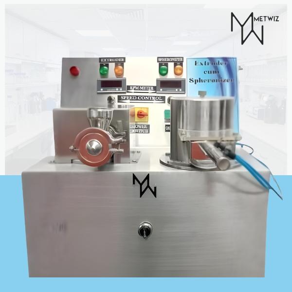Extruder Cum SpheronizerPRODUCT INFORMATION• Type: Spheronizer cum Extruder• Extruder Capacity: 100 gm/ batch to 1kg/ batch• Spheronizer Capacity: 100 gm/ batch to 250 gm/ batch• Max. Batch Processing Capacity (Combined): 3 to 5 kg/ day• MOC: Parts in contact with produce- SS316; Rest- SS304• Extruder Speed: 10 to 100 RPM (Variable)• Drum Speed: 200 to 3000 RPM (Variable)• Food Grade Silicon Gaskets• All Bearings and Oil Seals are isolated, to not come in• contact with product.• Motor Capacity: 0.5HP• Power Consumption: 0.75 kW• Net Weight: 40 kg (Approx.)• L x B x H: 600 x 550 x 800 mm (Approx.)Key Features• Suitable for producing Spherical Granules.• Compact Design.• Easy to Operate.• Hassle Free Cleaning and Maintenance.