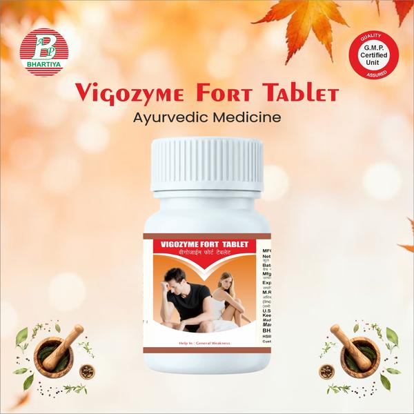 VIGOZYME FORT TABLET Product Identification• Generic Name: Vigozyme Fort Tablet• Type: Ayurvedic Patent Medicine• Primary Indication Area: Male sexual health, specifically nightfall and dysfunctional ejaculation.Therapeutic Indications: • To manage nightfall, premature or dysfunctional ejaculation, and improve male reproductive health.Primary Benefit:• Reduces involuntary ejaculation (nightfall) and supports normal sexual function in men.Other Benefits: Improves Sexual Stamina and Endurance• Helps delay ejaculation and sustain sexual activity for longer periods.• Strengthens the physiological mechanisms controlling ejaculation.• Enhances Overall Reproductive Health• Supports healthy sperm production and seminal quality.• Promotes balance in the reproductive tissues (Shukra Dhatu in Ayurvedic terms).• Supports Vitality and Energy Levels• Reduces fatigue and improves overall physical and mental energy, which contributes to better sexual performance.• Reduces Stress-Related Sexual Dysfunction• Helps manage anxiety or psychological factors that may trigger nightfall or premature ejaculation.• Acts as a mild adaptogen to support nervous system stability.• General Health Support (Optional, depending on formulation)• Some herbs may provide antioxidant benefits, improving tissue health and circulation, indirectly supporting reproductive function. HARAD CHILKA (Terminalia chebula – Seed Coat) Botanical / Common Name: Harad Chilka / Chebula Seed CoatPart Used: Seed coatKey Phytoconstituents:• Tannins (chebulinic acid, chebulagic acid)• Gallic acid• Flavonoids• Phenolic compounds• Minor alkaloidsMechanism of Action in Male Sexual Health — Nightfall & Premature Ejaculation1. Nervine & Adaptogenic Support• Flavonoids and tannins exert mild adaptogenic effects, supporting the autonomic nervous system.• Helps regulate involuntary ejaculation by stabilizing nerve function.2. Strengthening Reproductive Tissues• Tannins and phenolic compounds nourish Shukra Dhatu (reproductive tissue in Ayurvedic terms).• Supports sperm quality and seminal retention, reducing nightfall frequency.SHUDH KUCHLA (Nux vomica – Detoxified Seeds) Botanical / Common Name: Nux vomica / KuchlaPart Used: Seeds (Shuddh / Detoxified)Key Phytoconstituents:• Alkaloids (strychnine, brucine – in detoxified form, safe in small doses)• Tannins• Flavonoids• GlycosidesMechanism of Action in Male Sexual Health — Nightfall & Premature Ejaculation1. Nervine Stimulant & CNS Modulation• Detoxified alkaloids in Shudh Kuchla act as mild nervous system stimulants, improving neuromuscular coordination.• Enhances control over ejaculatory reflex, reducing premature ejaculation and involuntary nightfall.2. Strengthening Reproductive Tissue (Shukra Dhatu)• Supports seminal tissue health and sperm quality, helping maintain normal ejaculation patterns.SHUDH DHATURBEEJ (Datura stramonium – Detoxified Seeds) Botanical / Common Name: Dhatri Beej / Datura SeedsPart Used: Seeds (Shuddh / Detoxified)Key Phytoconstituents:• Alkaloids (atropine, scopolamine – in detoxified form, safe in small doses)• Flavonoids• Tannins• GlycosidesMechanism of Action in Male Sexual Health — Nightfall & Premature Ejaculation1. Nervine and Autonomic Modulation• Detoxified alkaloids modulate the autonomic nervous system, helping regulate ejaculatory reflex.• Reduces involuntary ejaculation (nightfall) and improves ejaculatory control.2. Strengthening Reproductive Tissue (Shukra Dhatu)• Supports seminal health, improving sperm quality and reducing frequency of nightfall. ASHWAGANDHA (Withania somnifera) Botanical / Common Name: Ashwagandha / Indian Ginseng / Winter CherryPart Used: RootKey Phytoconstituents:• Withanolides• Alkaloids (withanine, somniferine)• Saponins• Flavonoids• Iron and other micronutrientsMechanism of Action in Male Sexual Health — Nightfall & Premature Ejaculation1. Nervine and Adaptogenic Support• Withanolides act as adaptogens, reducing stress and anxiety.• Supports autonomic nervous system balance, improving control over ejaculation and reducing involuntary nightfall.2. Strengthening Reproductive Tissue (Shukra Dhatu)• Enhances seminal production and sperm quality.• Nourishes reproductive tissues, helping maintain normal ejaculatory function.SAFED MUSALI (Chlorophytum borivilianum) Botanical / Common Name: Safed Musali / White MusliPart Used: RootKey Phytoconstituents:• Steroidal saponins (sarsasapogenin derivatives)• Polysaccharides• Alkaloids• Proteins and amino acids• FlavonoidsMechanism of Action in Male Sexual Health — Nightfall & Premature Ejaculation1. Aphrodisiac & Sexual Stamina Enhancement• Steroidal saponins improve sexual desire, vigor, and endurance.• Enhances ejaculatory control, reducing premature ejaculation.2. Strengthening Reproductive Tissue (Shukra Dhatu)• Nourishes and revitalizes seminal tissue, improving sperm count and quality.• Supports overall reproductive health and reduces nightfall frequency. SHATAVARI (Asparagus racemosus) Botanical / Common Name: Shatavari / Wild AsparagusPart Used: RootKey Phytoconstituents:• Steroidal saponins (shatavarins I–IV)• Flavonoids• Alkaloids• Polysaccharides• Vitamins and mineralsMechanism of Action in Male Sexual Health — Nightfall & Premature Ejaculation1. Reproductive Tissue Nourishment (Shukra Dhatu)• Steroidal saponins nourish and strengthen seminal tissue, improving sperm quality and reducing involuntary nightfall.2. Nervine & Adaptogenic Support• Acts as a mild adaptogen, reducing stress and anxiety that contribute to premature ejaculation.• Supports autonomic nervous system regulation, improving ejaculatory control.TALMAKHANA (Hygrophila auriculata / Hygrophila spinosa) Botanical / Common Name: Talmakhana / Marsh HygrophilaPart Used: Root and seedsKey Phytoconstituents:• Alkaloids• Flavonoids• Steroidal saponins• Tannins• Proteins and essential amino acidsMechanism of Action in Male Sexual Health — Nightfall & Premature Ejaculation1. Reproductive Tissue Nourishment (Shukra Dhatu)• Steroidal saponins and proteins nourish seminal tissue, improving sperm quality, volume, and vitality.• Helps reduce frequency of nightfall.2. Aphrodisiac & Sexual Stamina Enhancement• Increases sexual vigor, endurance, and control over ejaculation, supporting men with premature ejaculation. SALAM PANJA (Tribulus terrestris) Botanical / Common Name: Salam Panja / GokshuraPart Used: Whole plant / FruitKey Phytoconstituents:• Steroidal saponins (protodioscin)• Flavonoids• Alkaloids• Glycosides• TanninsMechanism of Action in Male Sexual Health — Nightfall & Premature Ejaculation1. Reproductive Tissue Nourishment (Shukra Dhatu)• Steroidal saponins (protodioscin) support seminal tissue health, improving sperm quality, count, and motility.• Helps reduce involuntary nightfall.2. Aphrodisiac & Sexual Stamina Enhancement• Enhances libido, sexual vigor, and endurance, improving control over ejaculation and supporting premature ejaculation management.KAUNCH BEEJ (Mucuna pruriens – Velvet Bean Seeds) Botanical / Common Name: Kaunch Beej / Cowhage SeedsPart Used: SeedsKey Phytoconstituents:• L-DOPA (Levodopa)• Alkaloids• Flavonoids• Saponins• Proteins and amino acidsMechanism of Action in Male Sexual Health — Nightfall & Premature Ejaculation1. Reproductive Tissue Nourishment (Shukra Dhatu)• Proteins, amino acids, and saponins support seminal tissue health, improving sperm quality, count, and motility.• Helps reduce involuntary nightfall.2. Aphrodisiac & Sexual Stamina Enhancement• Enhances libido, sexual vigor, and ejaculatory control, helping manage premature ejaculation.Amla (Phyllanthus emblica – Indian Gooseberry) Botanical / Common Name: Amla / Indian GooseberryPart Used: FruitKey Phytoconstituents:• Vitamin C (Ascorbic Acid) – powerful antioxidant• Tannins – astringent, protective• Flavonoids – antioxidant and anti-inflammatory• Phenolic compounds – tissue protection and rejuvenation• Minerals – iron, calcium, and phosphorusMechanism of Action in Male Sexual Health1. Reproductive Tissue Nourishment• Rich in vitamin C and antioxidants, supports healthy sperm production and seminal quality.• Helps maintain Shukra Dhatu (seminal tissue) strength in Ayurvedic terms.2. Hormonal Balance• Enhances testosterone levels naturally through antioxidative and adaptogenic effects.• Supports endocrine health, indirectly aiding sexual performance.Vidarikand (Pueraria tuberosa – Indian Kudzu) Botanical / Common Name: Vidarikand / Indian KudzuPart Used: Tuber / RootKey Phytoconstituents:• Isoflavones – phytoestrogens, antioxidant• Saponins – tissue nourishment• Proteins & Amino acids – support reproductive tissue health• Starch & Carbohydrates – energy source• Steroidal compounds – support hormonal balanceMechanism of Action in Male Sexual Health1. Reproductive Tissue Nourishment (Shukra Dhatu)• Saponins and amino acids nourish seminal tissue, improving sperm quality, count, and motility.• Helps maintain vitality of reproductive organs, reducing nightfall.2. Aphrodisiac & Sexual Stamina Enhancement• Acts as a natural aphrodisiac, boosting libido and sexual vigor.• Supports ejaculatory control, helping with premature ejaculation. Shital Chini (Stevia, Stevia rebaudiana) Botanical / Common Name: Shital Chini / SteviaPart Used: Leaves (dried or extract)Key Phytoconstituents:• Steviosides & Rebaudiosides – natural sweetening compounds• Flavonoids – antioxidant• Phenolic compounds – tissue protection• Vitamins & Minerals – trace amounts supporting overall healthMechanism of Action in Male Sexual Health1. Blood Sugar Regulation• Helps maintain healthy blood sugar levels, important because high blood sugar can affect sexual performance and libido.• Supports endothelial health, improving blood flow to reproductive organs.2. Antioxidant & Tissue Protection• Flavonoids and phenolics protect tissues from oxidative stress, including reproductive tissues.• Helps maintain sperm health and ejaculatory function.Shudh Shilajit (Purified Shilajit) Botanical / Common Name: Shilajit / Mineral PitchPart Used: Resin (exudate from rocks in Himalayas)Key Phytoconstituents:• Fulvic acid & Humic acid – enhance nutrient absorption and antioxidant defense• Dibenzopyrones & Minerals – support cellular energy and tissue repair• Trace minerals – iron, zinc, magnesium, selenium• Other bioactive compounds – support hormonal and metabolic healthMechanism of Action in Male Sexual Health1. Reproductive Tissue Nourishment (Shukra Dhatu)• Rich in minerals and bioactive compounds that strengthen seminal tissues.• Improves sperm count, motility, and quality, supporting fertility.2. Aphrodisiac & Sexual Stamina Enhancement• Acts as a potent natural aphrodisiac, enhancing libido, sexual vigor, and ejaculatory control.• Helps manage premature ejaculation and sexual weakness.Nausadar (Sodium Bicarbonate / Natron) Botanical / Common Name: Nausadar / Sodium Bicarbonate / NatronPart Used: Mineral saltKey Phytoconstituents / Composition:• Sodium bicarbonate (NaHCO₃) – alkalizing agent• Trace minerals – depending on natural sourceMechanism of Action in Male Sexual Health1. Alkalizing & Digestive Support• Helps neutralize excess acidity in the stomach and body.• May improve metabolic efficiency, indirectly supporting energy levels and stamina.2. Urinary & Prostate Health• Alkaline environment may help maintain urinary tract and prostate health.• Can reduce discomfort from mild urinary irritation, indirectly supporting sexual function.Hingul Shudh (Purified Red Sulfur) Botanical / Common Name: Hingul Shudh / Shuddha Hingula / Cinnabar (Mercuric Sulfide, purified)Part Used: Mineral (purified form of cinnabar)Key Phytoconstituents / Composition:• Mercuric sulfide (HgS, purified) – primary active mineral• Trace minerals – depending on source and purificationMechanism of Action in Male Sexual Health1. Reproductive Tissue Nourishment (Shukra Dhatu)• Traditionally used in Ayurvedic formulations to strengthen seminal tissues.• Helps enhance sperm quality, count, and motility, supporting reproductive vitality.2. Aphrodisiac & Sexual Stamina• Considered a rejuvenator and aphrodisiac in classical texts.• Supports libido, sexual vigor, and ejaculatory control, useful for premature ejaculation.Praval Pishti (Coral Calcium / Red Coral) Botanical / Common Name: Praval Pishti / Coral Calcium / Red CoralPart Used: Fossilized coral, powdered and processedKey Phytoconstituents / Composition:• Calcium carbonate (CaCO₃) – primary constituent• Trace minerals – magnesium, iron, zinc, and other microelements• Alkaline compounds – help balance body pHMechanism of Action in Male Sexual Health1. Reproductive Tissue Nourishment (Shukra Dhatu)• Calcium and trace minerals strengthen reproductive tissues, supporting healthy sperm production and seminal quality.• Helps reduce nightfall by nourishing Shukra Dhatu.2. Hormonal Support• Calcium and trace minerals support endocrine function, indirectly enhancing testosterone production and sexual vigor.Tribang BhasmaBotanical / Common Name: Tribang Bhasma / Ayurvedic Herbal-Mineral AshPart Used: Calcined minerals and herbal components (typically includes Loha / Iron, Vanga / Tin, and Naga / Lead in purified forms)Key Phytoconstituents / Composition:• Purified metals/minerals: Iron, Tin, Lead (processed for safety)• Trace minerals supporting reproductive and metabolic health• Bioactive compounds from the Bhasma preparation processMechanism of Action in Male Sexual Health1. Reproductive Tissue Nourishment (Shukra Dhatu)• Provides essential minerals that nourish seminal tissues.• Helps improve sperm quality, count, and motility, supporting fertility.2. Aphrodisiac & Sexual Stamina Enhancement• Traditionally used as a sexual tonic to enhance libido, vigor, and endurance.• Supports ejaculatory control, helpful in premature ejaculation.Loh Bhasma (Iron Bhasma) Botanical / Common Name: Loh Bhasma / Ayurvedic Iron AshPart Used: Purified and calcined ironKey Phytoconstituents / Composition:• Elemental Iron (Fe) – primary active mineral• Trace minerals – depending on preparation method• Bioactive compounds generated during bhasma processing (marana)Mechanism of Action in Male Sexual Health1. Reproductive Tissue Nourishment (Shukra Dhatu)• Provides iron and trace minerals that strengthen seminal tissues.• Supports sperm production, motility, and overall reproductive vitality.2. Aphrodisiac & Sexual Stamina Enhancement• Traditionally used as a rejuvenator and sexual tonic.• Improves libido, vigor, and endurance, aiding ejaculatory control.Dosage• Adults: 1–2 tablets twice a day.• Total daily dose: 2–4 tablets.Administration• Take with warm milk or water, preferably before meals.• Follow a physician’s advice if recommended.Precautions• Do not exceed the prescribed dose.• Special populations: Consult a doctor before use in children, elderly, or patients with chronic illnesses.• Hydration & diet: Maintain adequate hydration and a fiber-rich diet for optimal effect.• Integrated care: Use as part of a comprehensive management plan for sexual health or any related condition.vigozyme fort tablet amazon, vigozyme fort tablet actionvigozyme fort tablet benefits, vigozyme fort tablet buy onlinevigozyme fort tablet benefits in hindi, vigozyme fort tablet buyvitazyme tablet composition, vigozyme fort tablet dosagevigozyme fort tablet dose, vigozyme fort tablet detailsvigozyme fort tablet description, vigozyme fort tablet expiry datevigozyme fort tablet english, vigozyme fort tablet equivalentvigozyme fort tablet expiry, vigozyme fort tablet generic namevigozyme fort tablet gst rate, vigozyme fort tablet gradevigozyme fort tablet gst, vigozyme fort tablet how to usevigozyme fort tablet hindi, vigozyme fort tablet hsn codevigozyme fort tablet image, vigozyme fort tablet ingredientsvigozyme fort tablet in hindi, vigozyme fort tablet ke fayde in hindivigozyme fort tablet literature review, vigozyme fort tablet labelvigozyme fort tablet manufacturer, vigozyme fort tablet manufacturers in indiavigozyme fort tablet mrp, vigozyme fort tablet nutritionvigozyme fort tablet near me, vigozyme fort tablet online shoppingvigozyme fort tablet online, vigozyme fort tablet pricevigozyme fort tablet price in india, vigozyme fort tablet prospektüsvigozyme fort tablet quantity, vigozyme fort tablet qualityvigozyme fort tablet rate, vigozyme fort tablet reviewvigozyme fort tablet reaction, vigozyme fort tablet rate in indiavigozyme fort tablet substitute, vigozyme fort tablet suppliervigozyme fort tablet tata 1mg, vigozyme fort tablet time periodvigozyme fort tablet uses in hindi, vigozyme fort tablet wisevigozyme fort tablet zepto
