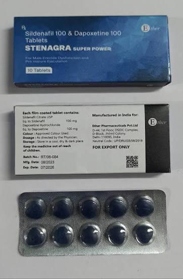 Stenagra Super Power is a prescription tablet manufactured by Ether Pharmaceuticals used to treat both erectile dysfunction (ED) and premature ejaculation (PE) in adult men. It contains a combination of Sildenafil (100 mg) and Dapoxetine (100 mg) designed to increase blood flow for stronger erections and delay ejaculation. 